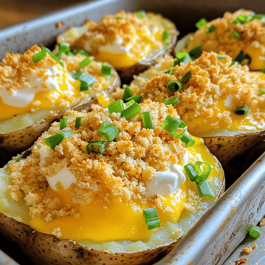 - 4 large russet potatoes - 1 cup sour cream - ½ cup milk - 1 ½ cups shredded sharp cheddar cheese (divided) - ½ cup cream cheese, softened to room temperature - ¼ cup fresh green onions, finely chopped - 1 teaspoon garlic powder - ½ teaspoon onion powder - Salt and freshly ground black pepper, to taste - ½ cup crispy breadcrumbs (optional for topping) - 2 tablespoons olive oil (for drizzling) Using these simple ingredients makes this dish special. The russet potatoes are creamy and fluffy when baked. Sour cream and cream cheese add a rich taste. Sharp cheddar cheese gives a wonderful flavor that everyone loves. Fresh green onions add color and a bit of crunch. You can mix and match these ingredients. If you love garlic, add more garlic powder. Want a spicier kick? Toss in some pepper flakes. You can find the full recipe with steps to prepare this comforting casserole. - Preheat the oven to 400°F (200°C). - Rinse the russet potatoes under cold water. Make sure to scrub off any dirt. - Poke holes in each potato with a fork. This helps steam escape while baking. - Place the potatoes on a baking sheet lined with parchment paper. Bake for 45-60 minutes until they feel tender. - After baking, let the potatoes cool for about 10 minutes. This makes them easier to handle. - In a large bowl, mix the sour cream, milk, cream cheese, garlic powder, onion powder, salt, and pepper. - Scoop out the insides of the potatoes into the bowl, leaving a thin layer in the skins. - Add 1 cup of shredded sharp cheddar cheese and the chopped green onions. Stir until mixed well. - Transfer the potato mixture back into the potato skins or spread it in a greased baking dish. - If you like, sprinkle crispy breadcrumbs on top for a nice crunch. Drizzle olive oil over everything. - Bake again for 20-25 minutes until the top is golden and bubbly. For the full recipe, check out the details above. Enjoy your cooking! To make the best twice-baked potato casserole, choose large russet potatoes. They are starchy and fluffy, which gives a nice texture. You can adjust the creaminess by changing the milk and sour cream amounts. For a richer taste, add more sour cream. If you like it lighter, reduce the sour cream and use more milk. Spices can take your casserole to the next level. I recommend garlic powder and onion powder for a strong base flavor. Fresh herbs like chives or parsley also add brightness. Always use fresh ingredients when possible. They make a big difference in taste and can boost the dish’s appeal. When reheating, check the casserole often. A good rule is to lower the baking time by a few minutes. Look for a golden top and bubbling sides to know it's done. If the top is not browning enough, you can broil it for a short time. Just keep an eye on it to avoid burning. {{image_4}} You can add meat to your casserole for more flavor and heartiness. Bacon bits are a favorite choice. They add a nice crunch and smoky taste. You can also use diced ham for a savory touch. For those who prefer a meatless option, sautéed vegetables work great. Try bell peppers, mushrooms, or spinach for added color and texture. Cheese brings joy to this dish. While sharp cheddar is classic, you can explore other types. Monterey Jack melts beautifully and adds creaminess. Gouda gives a rich and nutty flavor. You can also try flavored cheeses like pepper jack for a spicy kick. Mixing and matching cheeses can lead to new favorites! For a healthier twist, consider using Greek yogurt instead of sour cream. It gives the same creaminess with less fat. Sweet potatoes are another great swap. They add a natural sweetness and more nutrients. These changes keep the dish tasty while making it a bit lighter. You can enjoy comfort food without the guilt! For the full recipe, check out the [Full Recipe]. To keep your twice baked potato casserole fresh, store it in an airtight container. Make sure to let it cool down first. It stays good in the fridge for about 3 to 5 days. If you want to enjoy it later, this casserole is perfect for storing. Just reheat it in the oven for the best taste. You can freeze the casserole before or after baking. If you freeze it before baking, wrap it tightly in plastic wrap and then foil. This way, it keeps its flavor. For baking first, let it cool fully before freezing. To thaw, place it in the fridge overnight. To reheat, bake it at 350°F (175°C) until it's hot throughout. This usually takes about 30 to 40 minutes. Prepare the ingredients ahead of time to make assembly easy. You can wash and chop the potatoes and onions, and mix the cheese blend. When it’s time to cook, just combine everything and bake. This dish pairs well with a fresh salad or grilled vegetables. It makes a great side for grilled chicken or steak, too. You can tell when the potatoes are done by checking their softness. Use a knife or fork to poke them. If the knife slides in with little resistance, they are ready. The skin should also feel crisp. A good rule is to bake them for 45-60 minutes. The size of the potatoes can change cooking time, so keep an eye on them. Yes, you can make this casserole ahead of time. Prepare the filling and stuff the potatoes, then cover and chill in the fridge. You can make it a day before. When ready to bake, just add a few extra minutes to your cooking time. This way, you save time on busy days. This casserole pairs well with many dishes. You can serve it with a green salad for freshness. Grilled chicken or steak also makes a great match. For a lighter meal, try it with steamed veggies. The creamy potatoes complement many flavors nicely. You can store leftovers in the fridge for about three to four days. Make sure to keep them in an airtight container. If you want to keep them longer, consider freezing them. They can last up to three months in the freezer. Just reheat in the oven or microwave when ready to enjoy. This blog post covered how to make Easy Twice Baked Potato Casserole. We looked at ingredients, step-by-step instructions, tips, variations, and storage info. You can use russet potatoes, sour cream, and cheese for a tasty casserole. Don't forget to experiment with spices, meats, and health options. Enjoy this dish with friends or family. With the right prep, you can make it ahead or store leftovers easily. Try these tips and enjoy a delicious meal that’s simple yet satisfying. Happy cooking!
