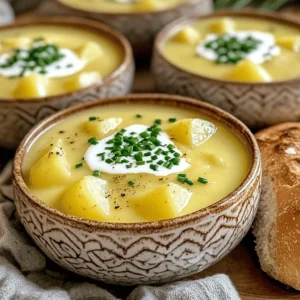 - 4 large russet potatoes, peeled and diced - 1 medium onion, finely chopped - 3 cloves garlic, minced - 4 cups vegetable broth - 1 cup heavy cream (or coconut cream for dairy-free option) - 1 teaspoon dried thyme - 1 teaspoon smoked paprika - Salt and freshly cracked pepper to taste - 2 tablespoons olive oil - 1 cup fresh chives, finely chopped (for garnish) - ½ cup shredded cheese (optional) To make perfect potato soup, gather these essential ingredients. Start with russet potatoes. They give the soup a creamy texture. For flavor, use a medium onion and garlic. These create a tasty base. Don’t forget the vegetable broth. It adds depth to the soup. Heavy cream is key for richness. If you want a dairy-free option, use coconut cream instead. Dried thyme and smoked paprika give the soup its unique taste. Season with salt and pepper to enhance all the flavors. Olive oil helps to cook the onion and garlic. Fresh chives make a beautiful garnish. If you like cheese, add some for extra flavor. For the full recipe, check out the detailed steps to make this delicious dish! 1. First, heat the olive oil in a large pot over medium heat. Wait until it shimmers. 2. Add the finely chopped onion and sauté it for about 5 minutes. The onion should become soft and clear. 3. Next, toss in the minced garlic and sauté for one more minute. Stir often until you smell the garlic. 4. Now, add the diced potatoes to the pot. Mix them well with the onion and garlic. 5. Pour in the vegetable broth. Raise the heat until it starts to boil. 1. Once boiling, lower the heat to a gentle simmer. Cover the pot. 2. Add the dried thyme and smoked paprika. Season with salt and pepper to taste. 3. Let the soup simmer for 20-25 minutes. Check the potatoes with a fork; they should be tender. 1. After the potatoes are cooked, use an immersion blender. Blend until the soup is smooth. 2. If you prefer, pour the soup into a standard blender in small batches. Blend until creamy. 3. Return the blended soup to the pot and place it over low heat. 4. Gradually stir in the heavy cream, letting it heat for about 5 minutes. 5. Taste and adjust the seasoning with more salt and pepper if needed. 6. If you want, fold in shredded cheese for a richer flavor. 7. Finally, serve the soup hot. Garnish with fresh chives for a lovely touch. For the full recipe, you can find all the details to make this dish perfect! To get the best flavor in your potato soup, seasoning is key. Always taste as you cook. Add salt and pepper at different stages to build flavor. This approach makes each bite more delightful. Choosing the right potatoes matters too. I love using russet potatoes. They are starchy and creamy when cooked. Waxy potatoes, like red or white, can work too but may give a different texture. Texture is vital for a great potato soup. Use an immersion blender for a smooth finish. If you want a chunkier soup, blend just half. You can also mash some potatoes with a fork for a rustic touch. For varied texture, consider adding ingredients like cooked bacon bits or corn. They bring fun bites to every spoonful. You can also mix in some cooked broccoli for extra color and nutrients. For garnishing, fresh chives are my go-to. They add a nice pop of color and a mild onion flavor. I sprinkle them on top right before serving. When serving, use warm bowls. This keeps the soup hot longer. Pairing the soup with crusty bread is a must. It soaks up the flavors and makes each bite even better. For the complete experience, check out the Full Recipe. {{image_4}} For a tasty vegan potato soup, swap the heavy cream for coconut cream. This change keeps the soup rich and creamy but without dairy. You can also add plant-based cheese for extra flavor. This cheese melts well and gives a nice, cheesy taste without the milk. You can make your potato soup even heartier by adding toppings. Try crispy bacon bits and a dollop of sour cream. Adding corn or broccoli can also give it a fresh twist. These additions make each bowl more exciting and fun. If you like heat, try adding jalapeños or cayenne pepper. These spices will give your soup a kick. You can also use spicy smoked paprika to enhance the flavor. It adds a nice depth while still keeping the soup creamy and comforting. Explore these variations as you make the creamy dreamy potato soup from the [Full Recipe]. Each option brings unique flavors and fun to your meal. To store your potato soup, use an airtight container. This keeps the soup fresh and safe. Allow the soup to cool before sealing it. It will last in the fridge for about three days. When you are ready to eat, reheat the soup on the stove or in the microwave. Stir it often to avoid hot spots. Add a splash of broth or cream for extra moisture if needed. If you want to save some soup for later, freezing is an option. Pour the cooled soup into freezer-safe containers. Leave some space at the top, as soup expands when frozen. You can freeze it for up to three months. When you want to enjoy it, thaw the soup in the fridge overnight. Reheat it on the stove, stirring regularly. You may need to add a bit of broth or cream to restore its creamy texture. This potato soup is so comforting, you’ll want to enjoy it again and again! For the full recipe, check out the Creamy Dreamy Potato Soup section. Yes, you can use other types of potatoes. Each type gives a different texture and flavor. For example, Yukon Gold potatoes make the soup creamier. Red potatoes add a slightly sweet taste but may not break down as well. Russet potatoes are the best for a smooth and fluffy soup, as they mash easily. To make this soup gluten-free, check all your ingredients. Use gluten-free vegetable broth. Heavy cream is naturally gluten-free, so you can use it without worry. Always read labels on packaged items to avoid hidden gluten. This way, you can enjoy a safe and delicious bowl of soup. Yes, you can prepare potato soup in advance. Cook the soup as directed, then let it cool. Store it in an airtight container in the fridge for up to three days. When you are ready to eat, reheat it on the stove over low heat. Stir often to prevent sticking. Potato soup pairs well with many side dishes. Try serving it with a fresh salad for a light meal. Crusty bread is great for dipping. You can also add a side of roasted vegetables for a hearty touch. For extra flavor, top the soup with crispy bacon bits or shredded cheese. This potato soup blends taste and texture perfectly. You can make it from simple, fresh ingredients. Remember to season well and choose quality potatoes for the best flavor. Feel free to explore different variations, like vegan or spicy options. After cooking, you can store leftovers easily in the fridge or freezer. This makes it a great choice for meal prep. Enjoy your cozy bowl of soup, knowing you can always customize it to your liking. Happy cooking!