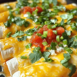 To make these tasty enchiladas, you need a few key items. Here’s what you will need: - 2 cups cooked chicken, shredded - 1 package (8 oz) cream cheese, softened - 1 cup shredded Monterey Jack cheese, divided - 1 cup salsa (choose your heat level) - 8 small flour tortillas - 1/2 cup green onions, chopped - 1 teaspoon garlic powder - 1 teaspoon ground cumin - Salt and black pepper to taste - Fresh cilantro leaves, for garnish These ingredients create a rich and creamy filling that makes each bite delightful. You can always add a few extras to boost the taste. Here are some good options: - Diced bell peppers for crunch - Black beans for extra protein - Jalapeños for a spicy kick - Corn for sweetness - Avocado slices for creaminess These additions can make your enchiladas even more exciting and unique. If you don't have something on hand, don’t worry! Here are some easy swaps: - Use rotisserie chicken instead of cooking your own. - Swap cream cheese for Greek yogurt for a lighter option. - Replace Monterey Jack cheese with cheddar or pepper jack. - Use corn tortillas if you prefer a gluten-free option. These substitutions keep the essence of the dish while allowing you to use what you have. For the full recipe, check out the details above. Enjoy cooking! First, preheat your oven to 350°F (175°C). This step is key to baking the enchiladas evenly. A hot oven helps to melt the cheese and warm the tortillas nicely. In a large bowl, mix the following ingredients: - 2 cups cooked chicken, shredded - 1 package (8 oz) cream cheese, softened - 1 cup shredded Monterey Jack cheese, divided - 1 cup salsa - 1 teaspoon garlic powder - 1 teaspoon ground cumin - Salt and black pepper to taste Blend these items well until you have a smooth filling. The creamy texture from the cream cheese adds richness to the dish. You can adjust the salsa to make it spicier or milder, depending on your taste. Next, grab a 9x13 inch baking dish and spread a thin layer of salsa on the bottom. This helps prevent sticking. Now, take a tortilla and add about 1/4 cup of the chicken filling in the center. Roll it up tightly and place it seam-side down in the dish. Repeat this for all tortillas until the dish is full. Once all the tortillas are in the dish, pour the remaining salsa over the top. Then sprinkle the rest of the Monterey Jack cheese and chopped green onions over the enchiladas. Cover the dish tightly with foil and bake for 20 minutes. After 20 minutes, remove the foil and bake for another 10 minutes. This allows the cheese to bubble and turn golden. When done, let it cool for a few minutes before serving. Enjoy your creamy delight! For the complete recipe, check out the Full Recipe section. To make the best cream cheese chicken enchiladas, use fresh ingredients. Fresh chicken and real cream cheese give the best flavor. Always soften your cream cheese. This step makes mixing easier and creates a smooth filling. When you fill the tortillas, don’t overstuff them. About 1/4 cup of filling per tortilla works well. This helps them stay rolled and not spill. Bake your enchiladas covered for the first part of the cooking time. This keeps them moist. After 20 minutes, remove the foil to let the cheese brown. Watch closely in the last minutes to avoid burning. Serve your enchiladas right from the oven. This keeps them warm and delicious. Use a large spoon to scoop them out gently. Keep the enchiladas intact for a pretty look. Sprinkle fresh cilantro on top for color. Add a side of extra salsa or sour cream. These dips enhance the flavors and add fun for your guests. A common mistake is skipping the seasoning. Always season your filling with salt and pepper. Taste it before you wrap the tortillas. Another mistake is using cold cream cheese. Cold cream cheese can lead to lumps. Lastly, don’t skip the baking step. Baking helps blend the flavors. You can find the full recipe to ensure you don’t miss any steps. {{image_4}} You can easily turn this dish into a vegetarian delight. Simply swap the chicken for a mix of veggies. Use diced bell peppers, corn, and black beans for a colorful filling. The cream cheese adds creaminess, and the salsa gives it a nice kick. This version is just as satisfying and keeps all the creamy goodness you love. If you like heat, add more spice! Use a spicier salsa or add chopped jalapeños to the filling. You can also mix in some crushed red pepper flakes. This option will wake up your taste buds and make your enchiladas pop with flavor. Just be sure to balance the spice with enough cream cheese to keep it creamy. To make these enchiladas gluten-free, use corn tortillas instead of flour tortillas. They hold up well and add a nice texture. You can also check labels on your salsa and cheese to ensure they are gluten-free. This way, everyone can enjoy a delicious meal without worry. For the full recipe, check out the instructions earlier in this article. To store leftover enchiladas, let them cool first. Place them in an airtight container. Make sure to cover them well. They will stay fresh in the fridge for up to three days. You can also wrap them tightly in plastic wrap. This helps keep them moist and tasty. Reheat your enchiladas in the oven for the best results. Preheat your oven to 350°F (175°C). Place the enchiladas in a baking dish. Add a little salsa or broth to keep them from drying out. Cover the dish with foil. Bake for about 15-20 minutes or until heated through. You can also microwave them. Just heat for one to two minutes, checking often. Freezing enchiladas is simple. To freeze, let them cool completely. Place them in a freezer-safe container. You can also wrap them in foil. They will stay good for up to three months. When you’re ready to eat, thaw them in the fridge overnight. Bake as usual, adding a few extra minutes to the cooking time. Enjoy this creamy delight anytime! For the full recipe, check the Full Recipe section above. Yes, you can use different types of cheese. Feel free to swap Monterey Jack with cheddar or pepper jack. Each cheese will add its own flavor. Cheddar gives a sharp taste, while pepper jack adds a nice kick. Mixing cheeses can also create a unique blend. Just remember to keep the overall amount the same, around one cup. This will ensure your enchiladas stay creamy and delicious. Making enchiladas ahead of time is easy. You can prepare them up to a day in advance. Just follow the filling and assembly steps, then cover the dish with foil. Store it in the fridge until you're ready to bake. When you're ready to eat, just bake them as usual. You may need to add a few extra minutes to the baking time. This makes meal prep simple and stress-free! Cream Cheese Chicken Enchiladas pair well with various sides. Here are some ideas: - Mexican rice - Refried beans - Corn salad - Guacamole - Sour cream These sides add color and flavor to your meal. You can also serve a fresh salad to balance the richness. Enjoy your tasty spread! For the full recipe, check out the Creamy Delight Chicken Enchiladas. We explored the main ingredients and steps for making cream cheese chicken enchiladas. I shared tips to avoid mistakes and presentations for serving. Variations, like vegetarian and gluten-free, offer more choices. Don't forget storage and reheating for leftovers. These enchiladas are tasty and easy to make, perfect for any meal. Now, you have all you need to create your own delicious dish. Enjoy cooking and sharing these enchiladas with family and friends.