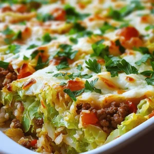 - 1 medium head of green cabbage, chopped into bite-sized pieces - 1 lb ground beef, ideally 80/20 for rich flavor - 1 cup cooked rice, preferably long-grain for better texture - 1 large onion, diced into small pieces - 2 cloves garlic, minced finely - 1 can (15 oz) diced tomatoes, drained to reduce excess moisture - 1 cup beef broth, low-sodium recommended - 1 tablespoon Worcestershire sauce for depth of flavor - 1 teaspoon smoked paprika for a subtle smokiness - 1 teaspoon dried oregano to add a herby note - Salt and black pepper to taste - 1 cup shredded mozzarella cheese for a gooey topping - Fresh parsley, chopped, for garnishing Cabbage Beef Bake is a dish that brings warmth and comfort to any table. The main ingredients, like cabbage and ground beef, work well together. Cabbage adds crunch, while ground beef gives rich flavor. The rice makes it hearty and filling. You will need cooking essentials like onion and garlic to build flavor. The diced tomatoes add moisture and a hint of sweetness. Flavor enhancers like beef broth and Worcestershire sauce deepen the taste. Smoked paprika and oregano bring out the best in this dish. Don’t forget salt and pepper to balance all the flavors. The topping is where it gets exciting. Shredded mozzarella melts over the bake, creating a creamy layer. Fresh parsley adds a pop of color and freshness. For the full recipe, check the detailed steps provided. This dish is not only easy to make but also a delight to share with family. - Preheat the Oven: Start by preheating your oven to 350°F (175°C). This ensures it’s hot and ready when you finish preparing the dish. - Cook the Ground Beef: In a large skillet over medium heat, add 1 pound of ground beef. Cook for about 5-7 minutes. Break it apart with a spatula until it turns brown. Drain any extra fat to keep the dish light. - Sauté Aromatics: Add 1 large diced onion and 2 cloves of minced garlic to the skillet. Cook for 3-4 minutes. Stir often until the onion is soft and fragrant. - Stir in Cooked Rice and Tomatoes: Add 1 cup of cooked rice and 1 can of drained diced tomatoes. Mix well so everything blends together. - Season the Mixture: Pour in 1 tablespoon of Worcestershire sauce, 1 teaspoon of smoked paprika, and 1 teaspoon of dried oregano. Add salt and black pepper to taste. Mix well and let it simmer for about 5 minutes. - Layer Cabbage and Beef Mixture: In a large baking dish, spread half of the chopped cabbage evenly at the bottom. Spoon the beef mixture over the cabbage. Then, add the rest of the cabbage on top. - Add Broth: Carefully pour 1 cup of beef broth over the layers. This keeps the bake moist and helps the cabbage cook nicely. - Cover and Bake: Cover the dish tightly with aluminum foil. Place it in the preheated oven and bake for 45 minutes. This allows the flavors to come together and the cabbage to soften. - Add Cheese and Bake Uncovered: After 45 minutes, take out the foil. Sprinkle 1 cup of shredded mozzarella cheese evenly on top. Bake uncovered for an extra 15 minutes. The cheese should be bubbly and golden brown. - Serving Suggestions: Once it’s done, let it cool for a few minutes. Slice it into portions, and serve warm. A sprinkle of chopped fresh parsley on top adds a nice touch. For the full recipe, check out [Full Recipe]. - Alternatives for Ground Beef: You can use ground turkey or chicken instead of beef. They are leaner and still give great flavor. For a vegetarian option, try lentils or textured vegetable protein. These swaps keep your bake hearty and delicious. - Rice Variations: If you want a change from white rice, use brown rice for more fiber. Quinoa is a great choice too. It adds a nice nutty flavor and packs a protein punch. Don't worry; these grains fit right into the bake. - How to Achieve Perfectly Cooked Cabbage: To cook cabbage well, make sure to chop it into even pieces. This helps it cook uniformly. Steaming it in the broth keeps it tender and moist. Avoid overcooking, or it can turn mushy. You want it soft but still with a bit of bite. - Browning Ground Beef Tips: Browning beef is key for flavor. Use a large skillet over medium heat. Break the meat apart as it cooks. This helps it brown evenly. Don't crowd the pan; cook in batches if needed. Drain excess fat for a healthier dish. - Additional Seasoning Suggestions: Besides the listed spices, consider adding a pinch of red pepper flakes for heat. A splash of hot sauce can also boost flavor. Experiment with different spices like cumin or Italian seasoning to find your favorite mix. - Using Fresh Herbs: Fresh herbs like thyme or basil can elevate your dish. Add them during the last few minutes of cooking for the best taste. They brighten the dish and add a fresh aroma. A sprinkle of fresh parsley before serving makes it pop visually and tastefully. {{image_4}} You can easily make a vegetarian version of Cabbage Beef Bake. Start by swapping out the ground beef for textured vegetable protein (TVP). TVP absorbs flavors well and has a great texture. To prepare it, rehydrate the TVP with warm water or broth. Add extra veggies like bell peppers, zucchini, or mushrooms for more flavor and nutrition. This version still holds the comfort of the original dish but caters to plant-based diets. Cheese can change the whole dish. You can use shredded cheddar, Parmesan, or even a mix for more flavor. Each cheese gives a different taste and texture. If you prefer dairy-free options, there are great cheese alternatives available. Look for products made from nuts or soy. These can melt nicely and add a creamy touch to your bake. You can add a fun twist by using spices that reflect different cuisines. Try adding cumin for a Mexican flair or curry powder for an Indian touch. These spices bring warmth and depth to the dish. You can also experiment with herbs like cilantro or basil to freshen things up. This way, you make Cabbage Beef Bake your own, while still keeping it comforting and delicious. For the full recipe, check the [Full Recipe]. To keep your Cabbage Beef Bake fresh, store it in airtight containers. This will prevent it from drying out. Place it in the fridge within two hours of serving. It will stay good for three to four days. When stored properly, leftovers last about three to four days in the fridge. If you want to keep it longer, freezing is a great option. You can reheat your Cabbage Beef Bake in the oven or microwave. For the oven, set it to 350°F (175°C). Cover the dish with foil to keep it moist. Heat for about 20 minutes or until warmed through. For the microwave, place a portion on a microwave-safe plate. Heat on high for two to three minutes, stirring halfway. When reheating, the oven keeps the texture better. Avoid overcooking in the microwave, as it can make the cabbage mushy. To freeze, let the dish cool completely. Transfer it to a freezer-safe container, leaving space at the top. Seal it well to avoid freezer burn. Thaw your Cabbage Beef Bake in the fridge overnight. For a quicker method, use the microwave on the defrost setting. After thawing, reheat in the oven or microwave as mentioned above. For the full recipe with all the ingredients, check out the Cabbage Beef Bake Delight! To make Cabbage Beef Bake, follow these steps: 1. Preheat your oven to 350°F (175°C). 2. Cook 1 lb of ground beef in a skillet until browned. 3. Add 1 diced onion and 2 minced garlic cloves. Sauté until the onion is clear. 4. Mix in 1 cup of cooked rice, 1 can of diced tomatoes, Worcestershire sauce, smoked paprika, oregano, salt, and pepper. Simmer for 5 minutes. 5. Layer half of 1 chopped cabbage in a baking dish, then add the beef mixture, and top with the rest of the cabbage. 6. Pour 1 cup of low-sodium beef broth over the dish. 7. Cover it tightly with foil and bake for 45 minutes. 8. Remove the foil, sprinkle 1 cup of shredded mozzarella on top, and bake for an extra 15 minutes. This recipe is simple and gives a hearty meal. You can find the Full Recipe for more details. Yes, you can make Cabbage Beef Bake ahead of time. Prepare the dish up to the baking step, then cover and store it in your fridge. It will stay fresh for about 2 days. When you are ready to bake, simply follow the cooking instructions, adding extra time if baking from cold. To complement Cabbage Beef Bake, consider serving: - A simple green salad with vinaigrette. - Mashed potatoes for extra comfort. - Crusty bread to soak up flavors. - Steamed vegetables for a touch of color and nutrition. These sides will make the meal even better and more filling. Cabbage Beef Bake has many healthy elements. Cabbage is low in calories and high in fiber. Ground beef provides protein and iron. To make it healthier, choose lean ground beef, like 90/10, and add more vegetables. You can also use brown rice for added nutrients. Yes, you can adapt this recipe for a slow cooker! Brown the ground beef first. Then layer the ingredients in the slow cooker. Start with cabbage, then the beef mixture, and top with the rest of the cabbage. Pour in the beef broth and cook on low for 6-8 hours or high for 3-4 hours. The best ground beef ratio for Cabbage Beef Bake is 80/20 or 85/15. This means 80% lean meat to 20% fat. This ratio gives great flavor and keeps the meat moist during cooking. Avoid using very lean beef, as it can become dry. This blog post detailed how to make a tasty Cabbage Beef Bake. We covered the key ingredients, such as cabbage, ground beef, and rice. You learned step-by-step instructions for preparation, layering, and baking. We also discussed tips for flavor and ingredient substitutions, plus storage methods for leftovers. In conclusion, this dish is versatile and easy. You can adapt it to fit your taste and needs. Enjoy making and sharing this comforting meal with others.