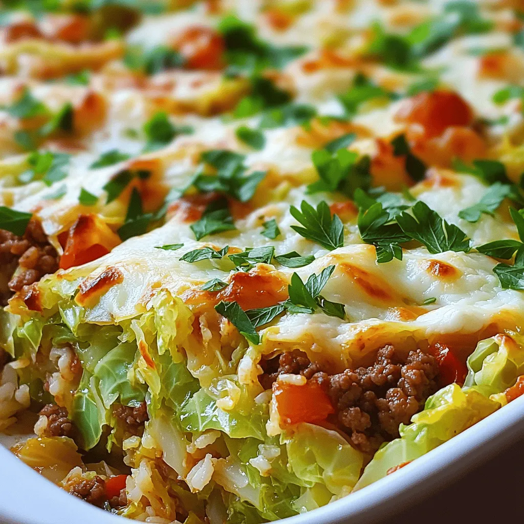 - 1 medium head of green cabbage, chopped into bite-sized pieces - 1 lb ground beef, ideally 80/20 for rich flavor - 1 cup cooked rice, preferably long-grain for better texture - 1 large onion, diced into small pieces - 2 cloves garlic, minced finely - 1 can (15 oz) diced tomatoes, drained to reduce excess moisture - 1 cup beef broth, low-sodium recommended - 1 tablespoon Worcestershire sauce for depth of flavor - 1 teaspoon smoked paprika for a subtle smokiness - 1 teaspoon dried oregano to add a herby note - Salt and black pepper to taste - 1 cup shredded mozzarella cheese for a gooey topping - Fresh parsley, chopped, for garnishing Cabbage Beef Bake is a dish that brings warmth and comfort to any table. The main ingredients, like cabbage and ground beef, work well together. Cabbage adds crunch, while ground beef gives rich flavor. The rice makes it hearty and filling. You will need cooking essentials like onion and garlic to build flavor. The diced tomatoes add moisture and a hint of sweetness. Flavor enhancers like beef broth and Worcestershire sauce deepen the taste. Smoked paprika and oregano bring out the best in this dish. Don’t forget salt and pepper to balance all the flavors. The topping is where it gets exciting. Shredded mozzarella melts over the bake, creating a creamy layer. Fresh parsley adds a pop of color and freshness. For the full recipe, check the detailed steps provided. This dish is not only easy to make but also a delight to share with family. - Preheat the Oven: Start by preheating your oven to 350°F (175°C). This ensures it’s hot and ready when you finish preparing the dish. - Cook the Ground Beef: In a large skillet over medium heat, add 1 pound of ground beef. Cook for about 5-7 minutes. Break it apart with a spatula until it turns brown. Drain any extra fat to keep the dish light. - Sauté Aromatics: Add 1 large diced onion and 2 cloves of minced garlic to the skillet. Cook for 3-4 minutes. Stir often until the onion is soft and fragrant. - Stir in Cooked Rice and Tomatoes: Add 1 cup of cooked rice and 1 can of drained diced tomatoes. Mix well so everything blends together. - Season the Mixture: Pour in 1 tablespoon of Worcestershire sauce, 1 teaspoon of smoked paprika, and 1 teaspoon of dried oregano. Add salt and black pepper to taste. Mix well and let it simmer for about 5 minutes. - Layer Cabbage and Beef Mixture: In a large baking dish, spread half of the chopped cabbage evenly at the bottom. Spoon the beef mixture over the cabbage. Then, add the rest of the cabbage on top. - Add Broth: Carefully pour 1 cup of beef broth over the layers. This keeps the bake moist and helps the cabbage cook nicely. - Cover and Bake: Cover the dish tightly with aluminum foil. Place it in the preheated oven and bake for 45 minutes. This allows the flavors to come together and the cabbage to soften. - Add Cheese and Bake Uncovered: After 45 minutes, take out the foil. Sprinkle 1 cup of shredded mozzarella cheese evenly on top. Bake uncovered for an extra 15 minutes. The cheese should be bubbly and golden brown. - Serving Suggestions: Once it’s done, let it cool for a few minutes. Slice it into portions, and serve warm. A sprinkle of chopped fresh parsley on top adds a nice touch. For the full recipe, check out [Full Recipe]. - Alternatives for Ground Beef: You can use ground turkey or chicken instead of beef. They are leaner and still give great flavor. For a vegetarian option, try lentils or textured vegetable protein. These swaps keep your bake hearty and delicious. - Rice Variations: If you want a change from white rice, use brown rice for more fiber. Quinoa is a great choice too. It adds a nice nutty flavor and packs a protein punch. Don't worry; these grains fit right into the bake. - How to Achieve Perfectly Cooked Cabbage: To cook cabbage well, make sure to chop it into even pieces. This helps it cook uniformly. Steaming it in the broth keeps it tender and moist. Avoid overcooking, or it can turn mushy. You want it soft but still with a bit of bite. - Browning Ground Beef Tips: Browning beef is key for flavor. Use a large skillet over medium heat. Break the meat apart as it cooks. This helps it brown evenly. Don't crowd the pan; cook in batches if needed. Drain excess fat for a healthier dish. - Additional Seasoning Suggestions: Besides the listed spices, consider adding a pinch of red pepper flakes for heat. A splash of hot sauce can also boost flavor. Experiment with different spices like cumin or Italian seasoning to find your favorite mix. - Using Fresh Herbs: Fresh herbs like thyme or basil can elevate your dish. Add them during the last few minutes of cooking for the best taste. They brighten the dish and add a fresh aroma. A sprinkle of fresh parsley before serving makes it pop visually and tastefully. {{image_4}} You can easily make a vegetarian version of Cabbage Beef Bake. Start by swapping out the ground beef for textured vegetable protein (TVP). TVP absorbs flavors well and has a great texture. To prepare it, rehydrate the TVP with warm water or broth. Add extra veggies like bell peppers, zucchini, or mushrooms for more flavor and nutrition. This version still holds the comfort of the original dish but caters to plant-based diets. Cheese can change the whole dish. You can use shredded cheddar, Parmesan, or even a mix for more flavor. Each cheese gives a different taste and texture. If you prefer dairy-free options, there are great cheese alternatives available. Look for products made from nuts or soy. These can melt nicely and add a creamy touch to your bake. You can add a fun twist by using spices that reflect different cuisines. Try adding cumin for a Mexican flair or curry powder for an Indian touch. These spices bring warmth and depth to the dish. You can also experiment with herbs like cilantro or basil to freshen things up. This way, you make Cabbage Beef Bake your own, while still keeping it comforting and delicious. For the full recipe, check the [Full Recipe]. To keep your Cabbage Beef Bake fresh, store it in airtight containers. This will prevent it from drying out. Place it in the fridge within two hours of serving. It will stay good for three to four days. When stored properly, leftovers last about three to four days in the fridge. If you want to keep it longer, freezing is a great option. You can reheat your Cabbage Beef Bake in the oven or microwave. For the oven, set it to 350°F (175°C). Cover the dish with foil to keep it moist. Heat for about 20 minutes or until warmed through. For the microwave, place a portion on a microwave-safe plate. Heat on high for two to three minutes, stirring halfway. When reheating, the oven keeps the texture better. Avoid overcooking in the microwave, as it can make the cabbage mushy. To freeze, let the dish cool completely. Transfer it to a freezer-safe container, leaving space at the top. Seal it well to avoid freezer burn. Thaw your Cabbage Beef Bake in the fridge overnight. For a quicker method, use the microwave on the defrost setting. After thawing, reheat in the oven or microwave as mentioned above. For the full recipe with all the ingredients, check out the Cabbage Beef Bake Delight! To make Cabbage Beef Bake, follow these steps: 1. Preheat your oven to 350°F (175°C). 2. Cook 1 lb of ground beef in a skillet until browned. 3. Add 1 diced onion and 2 minced garlic cloves. Sauté until the onion is clear. 4. Mix in 1 cup of cooked rice, 1 can of diced tomatoes, Worcestershire sauce, smoked paprika, oregano, salt, and pepper. Simmer for 5 minutes. 5. Layer half of 1 chopped cabbage in a baking dish, then add the beef mixture, and top with the rest of the cabbage. 6. Pour 1 cup of low-sodium beef broth over the dish. 7. Cover it tightly with foil and bake for 45 minutes. 8. Remove the foil, sprinkle 1 cup of shredded mozzarella on top, and bake for an extra 15 minutes. This recipe is simple and gives a hearty meal. You can find the Full Recipe for more details. Yes, you can make Cabbage Beef Bake ahead of time. Prepare the dish up to the baking step, then cover and store it in your fridge. It will stay fresh for about 2 days. When you are ready to bake, simply follow the cooking instructions, adding extra time if baking from cold. To complement Cabbage Beef Bake, consider serving: - A simple green salad with vinaigrette. - Mashed potatoes for extra comfort. - Crusty bread to soak up flavors. - Steamed vegetables for a touch of color and nutrition. These sides will make the meal even better and more filling. Cabbage Beef Bake has many healthy elements. Cabbage is low in calories and high in fiber. Ground beef provides protein and iron. To make it healthier, choose lean ground beef, like 90/10, and add more vegetables. You can also use brown rice for added nutrients. Yes, you can adapt this recipe for a slow cooker! Brown the ground beef first. Then layer the ingredients in the slow cooker. Start with cabbage, then the beef mixture, and top with the rest of the cabbage. Pour in the beef broth and cook on low for 6-8 hours or high for 3-4 hours. The best ground beef ratio for Cabbage Beef Bake is 80/20 or 85/15. This means 80% lean meat to 20% fat. This ratio gives great flavor and keeps the meat moist during cooking. Avoid using very lean beef, as it can become dry. This blog post detailed how to make a tasty Cabbage Beef Bake. We covered the key ingredients, such as cabbage, ground beef, and rice. You learned step-by-step instructions for preparation, layering, and baking. We also discussed tips for flavor and ingredient substitutions, plus storage methods for leftovers. In conclusion, this dish is versatile and easy. You can adapt it to fit your taste and needs. Enjoy making and sharing this comforting meal with others.