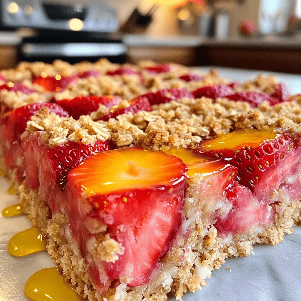 To make Strawberry Oatmeal Bars, gather these simple ingredients: - 2 cups rolled oats - 1 cup almond flour - 1/2 cup brown sugar (or coconut sugar for a healthier twist) - 1/2 teaspoon baking powder - 1/4 teaspoon salt - 1/2 cup unsalted butter, melted (or coconut oil for a dairy-free alternative) - 1/4 cup honey (or maple syrup for a vegan option) - 1 teaspoon vanilla extract - 2 cups fresh strawberries, hulled and sliced - 1 tablespoon cornstarch - 1 tablespoon lemon juice Using healthier alternatives can make these bars even better. Swap out brown sugar for coconut sugar to reduce your refined sugar intake. Instead of unsalted butter, use coconut oil for a dairy-free option. For sweetness, you can use maple syrup instead of honey, making them vegan-friendly. Almond flour is great, but you could also use whole wheat flour for a different flavor and texture. The quality of your ingredients matters a lot. Fresh strawberries will give the best flavor and sweetness. Choose organic strawberries when you can. The oats should be rolled oats, as they hold their shape well during baking. Good-quality almond flour will make the bars nutty and rich. The better your ingredients, the tastier your Strawberry Oatmeal Bars will be. To start, gather all your ingredients. You need rolled oats, almond flour, brown sugar, baking powder, salt, butter, honey, vanilla extract, fresh strawberries, cornstarch, and lemon juice. Preheat your oven to 350°F (175°C). Grease a 9x9 inch baking pan or line it with parchment paper. This step helps with easy removal later. In a big bowl, mix the rolled oats, almond flour, brown sugar, baking powder, and salt. Stir these dry ingredients well. In a separate bowl, whisk the melted butter, honey, and vanilla extract. Blend them until smooth. Pour the wet mix into the dry mix. Stir it until crumbly and cohesive. Set aside one cup of this oat mix for the topping. Pour the rest into the prepared pan. Press it down firmly to create an even base layer. Bake this base for 10 minutes to set. While it bakes, prepare the strawberry filling. Toss the sliced strawberries with cornstarch and lemon juice in another bowl. This step thickens the filling. After 10 minutes, take the pan out of the oven. Spread the strawberry mix over the baked oat base. Crumble the reserved oat mixture on top. This creates a nice topping. Bake the bars for another 25-30 minutes. The topping should turn golden brown, and the strawberries should bubble. Let the bars cool in the pan for at least 15 minutes. This helps them firm up. Then move them to a wire rack to cool completely. Slice the bars into squares for serving. For a lovely touch, serve them on a wooden platter with powdered sugar on top and fresh strawberry slices. This makes them look even more inviting! You can serve your strawberry oatmeal bars warm or chilled. I like to pair them with a scoop of vanilla ice cream. This adds a creamy touch. You can also serve them with a dollop of yogurt. It makes for a great breakfast or snack. Try cutting them into fun shapes for kids. They will love the colorful presentation. To amp up flavor, add a sprinkle of cinnamon to the oat mixture. This gives a warm, cozy taste. You can also mix in chopped nuts like walnuts or almonds. This adds a nice crunch. For a fruity twist, try adding other berries. Blueberries or raspberries work great too. You might want to drizzle some melted chocolate on top for a sweet finish. To avoid soggy bars, do not skip the cornstarch with strawberries. It helps keep the filling thick. Make sure to press the oat base firmly in the pan. This creates a strong layer. If your bars fall apart, let them cool completely before cutting. This helps them set up nicely. Always check your oven temperature with a thermometer. Ovens can be off, affecting your bake time. For full instructions, check the Full Recipe. {{image_4}} You can make these strawberry oatmeal bars fit many diets. For a gluten-free option, swap regular oats for certified gluten-free oats. If you need a nut-free recipe, use oat flour instead of almond flour. You can replace butter with coconut oil for a dairy-free choice. These small changes keep the bars tasty while meeting different needs. You can easily change the flavor of your bars. Adding nuts like walnuts or pecans gives a nice crunch. You might also try spices like cinnamon or nutmeg for warmth. A pinch of sea salt on top enhances the sweetness of the strawberries. Try mixing in chocolate chips for a sweet twist. The options are endless, making each batch unique. While strawberries shine in this recipe, feel free to switch fruits with the seasons. Fresh blueberries, raspberries, or peaches work well. You can also mix fruits for a colorful treat. Each fruit brings its own flavor, making your bars exciting all year round. Enjoy experimenting with what you have on hand to create your perfect treat! To keep your strawberry oatmeal bars fresh, store them in an airtight container. Use parchment paper between layers to prevent sticking. This method helps keep the bars soft and tasty. Place the container in a cool, dry place. Avoid direct sunlight and heat. If you want them to last longer, consider refrigeration. You can freeze these bars for up to three months. Cut them into squares before freezing. Wrap each piece tightly in plastic wrap. Then, place them in a freezer-safe bag. When ready to eat, thaw them in the fridge overnight. You can also reheat them in the oven at 350°F for about 10 minutes. This warms them up nicely and brings back their fresh taste. These bars stay fresh for about five days at room temperature. If stored in the fridge, they last up to a week. Check for any signs of spoilage, like a sour smell or mold. If they look or smell off, it’s best to throw them away. Keeping an eye on freshness ensures you enjoy every bite of your delicious strawberry oatmeal bars. To make these bars vegan, swap the butter for coconut oil. Use maple syrup instead of honey. These changes keep the taste great and make the recipe plant-based. Yes, you can use frozen strawberries. Just thaw them before mixing. Drain any extra juice to avoid a soggy bar. Fresh or frozen, both work well in this recipe. Let the bars cool completely before cutting. Use a sharp knife for clean edges. You can also line the pan with parchment paper. This makes it easier to lift the bars out and cut them. These bars last about three days at room temperature. Keep them in an airtight container. For longer storage, try refrigerating them. They can stay fresh for up to a week that way. You can find the Full Recipe above for more details! This blog post covers essential details about Strawberry Oatmeal Bars. We explored key ingredients and highlighted healthier options. I shared step-by-step instructions to help you bake them perfectly. You learned tips, tricks, and tasty variations to fit different diets. We've also discussed the best ways to store your bars for freshness. In summary, these bars are easy to make and very customizable. Enjoy experimenting with flavors and share with family! Your kitchen adventures start now.
