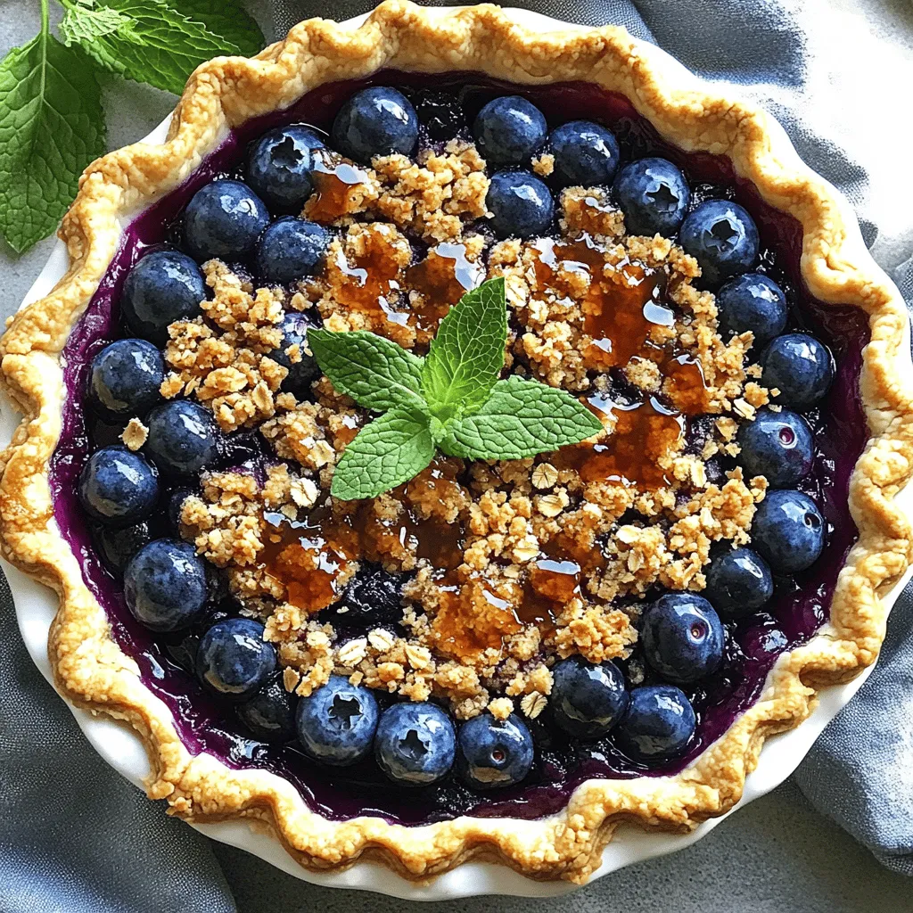 When making a Blueberry Crumble Pie, having the right ingredients is key. Here’s what you need: - 2 cups fresh blueberries - 1 cup granulated sugar - 2 tablespoons cornstarch - 1 tablespoon fresh lemon juice - 1 teaspoon pure vanilla extract - 1 pre-made pie crust (store-bought or homemade) - 1 cup rolled oats - 1/2 cup all-purpose flour - 1/2 cup packed brown sugar - 1/2 teaspoon ground cinnamon - 1/4 cup unsalted butter, cold and cut into small cubes - Pinch of sea salt Using fresh blueberries makes a big difference. They burst with flavor and add a lovely sweetness. The sugar balances the tartness of the berries. Cornstarch helps thicken the filling, making it nice and gooey. Fresh lemon juice brightens up the taste. It adds a touch of zing that complements the blueberries. Pure vanilla extract rounds out the flavor, giving it a warm, sweet aroma. For the crust, you can use store-bought for ease or make your own if you have time. The crumble topping adds a delightful crunch. Rolled oats and flour mix with brown sugar and cinnamon for a sweet layer. Cold butter creates a crumbly texture that is simply irresistible. A pinch of sea salt enhances all these flavors, making every bite a delight. For the full recipe, check the detailed instructions to bring this delicious pie to life. 1. Oven temperature settings: Start by preheating your oven to 375°F (190°C). This helps bake your pie evenly. 2. Preparing the blueberry filling: In a medium bowl, mix 2 cups of fresh blueberries with 1 cup of sugar, 2 tablespoons of cornstarch, 1 tablespoon of lemon juice, and 1 teaspoon of vanilla extract. Gently toss the blueberries to coat them well. Let this sit for about 10 minutes. The juices will start to thicken. 1. Combining dry ingredients: In another bowl, mix together 1 cup of rolled oats, 1/2 cup of flour, 1/2 cup of brown sugar, 1/2 teaspoon of cinnamon, and a pinch of sea salt. This blend creates a rich topping. 2. Incorporating cold butter: Cut 1/4 cup of cold butter into small cubes. Add it to the dry mix. Use your fingers or a pastry cutter to blend until it looks like coarse crumbs. Some larger crumbs are fine! 1. Preparing the pie crust: Roll out your pre-made pie crust on a floured surface. Place it in a 9-inch pie dish. Trim any excess crust. Use a fork to prick the bottom. This stops bubbles while baking. 2. Pouring in the filling: Pour the blueberry mixture into the crust. Spread it evenly. 3. Adding the crumble topping and baking: Sprinkle the crumble topping over the blueberries. Make sure it covers well. Bake in the preheated oven for 40-45 minutes. Look for a golden topping and bubbling blueberries. 4. Cool before serving: Once out of the oven, let the pie cool for at least 15 minutes. This helps the filling set nicely for slicing. For the full recipe, check the ingredients and instructions above! To get the best blueberry filling, you need a thickener. Cornstarch is my go-to because it binds juice and fruit. It helps the filling set up nicely. When you mix blueberries, sugar, and cornstarch, let it rest. This lets the berries release their juices, making them sweet and juicy. To enhance the blueberry flavor, I always add fresh lemon juice and vanilla extract. These two ingredients brighten the taste of the berries. You can adjust the sugar based on how sweet you want it. Taste as you go! For the crumble topping, texture is key. Use rolled oats and flour for a nice crunch. If you want a softer topping, add more flour. For a richer flavor, try adding nuts or coconut. Dietary needs? No problem! You can swap all-purpose flour with almond flour for gluten-free options. If you want to avoid dairy, use coconut oil instead of butter. Both changes keep the pie delicious. When serving your pie, think about style! I like to serve slices warm with ice cream or whipped cream. It adds a creamy contrast to the sweet blueberries. Use fresh mint leaves for a pop of color. You can also sprinkle some extra cinnamon on top. This gives the pie an inviting look and a little extra flavor. For seasonal flair, add berries or citrus slices around the pie. They make it look even more tempting! For the full recipe, check out the detailed instructions provided. {{image_4}} To make a gluten-free blueberry crumble pie, swap all-purpose flour with almond flour or gluten-free flour. You can also use certified gluten-free oats for the crumble topping. To ensure the crust holds, chill the dough for at least 30 minutes before baking. This helps it stay firm and prevents it from breaking apart. For a vegan version, simply replace the butter with coconut oil or a plant-based butter. You can use flaxseed meal mixed with water as an egg substitute. This keeps the pie moist and adds a nice texture. Use non-dairy milk, like almond or oat milk, in place of any dairy for the filling. Don't limit yourself to just blueberries. Try mixing in raspberries or blackberries for a berry combo. You can also adapt the recipe to include seasonal fruits like peaches or apples. These fruits will bring a unique flavor while keeping the pie delicious. Be creative and explore different flavor pairings! To keep your blueberry crumble pie fresh, store it in a cool spot. A pantry shelf or a kitchen counter works well, as long as it's not too warm. Always use an airtight container. This helps prevent the pie from drying out or absorbing other smells. If you want to freeze your blueberry crumble pie, follow these steps: 1. Let the pie cool completely. 2. Wrap it tightly in plastic wrap. 3. Place it in a freezer-safe bag or container. When you're ready to eat it, take the pie out of the freezer. Let it thaw in the fridge overnight. To reheat, warm it in the oven at 350°F (175°C) for about 15-20 minutes. This will keep the topping crisp. For the best taste, eat the pie within three days if stored at room temperature. If you store it in the fridge, it lasts about a week. Signs of spoilage include a bad smell or mold. Always check before serving. Enjoy your blueberry crumble pie while it’s fresh and tasty! For the full recipe, check the Blueberry Bliss Crumble Pie. Your blueberry crumble pie is ready when the topping is golden brown. Look for bubbling in the filling. You can also insert a knife in the center. If it comes out clean, your pie is done. Let it cool for about 15 minutes. This helps the filling set properly. Yes, you can use frozen blueberries. Just remember to thaw them first. Drain excess liquid to avoid a soggy pie. You might need to add a bit more cornstarch to help thicken the filling. Adjust the baking time if needed, as frozen berries can take longer to cook. You can use honey or maple syrup as sweeteners. They add a unique flavor. If you choose honey, use about 3/4 cup for 1 cup of sugar. For maple syrup, use 1 cup but reduce the liquid slightly. Always taste before baking. This way, you ensure the sweetness is just right. This blog post covered all you need to make a delicious blueberry crumble pie. We explored key ingredients, step-by-step instructions, and helpful tips to enhance your pie's flavor and texture. You learned about gluten-free and vegan options, plus how to store and freeze your treat. Remember, whether you choose fresh blueberries or some other fruit, this recipe is versatile and fun. Baking this pie brings joy, and sharing it makes it even better. Enjoy every slice and get creative with your flavors!