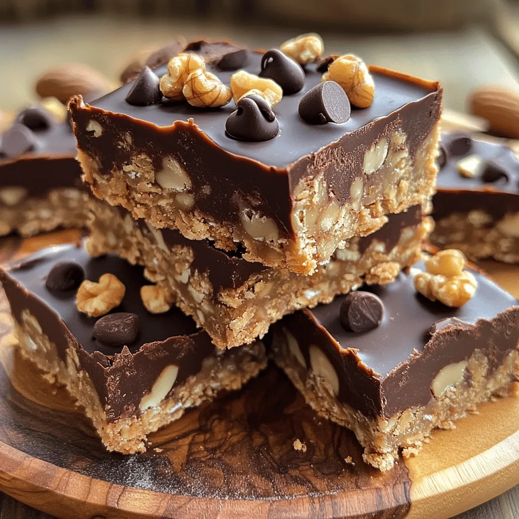 To create these tasty bars, you need a few key ingredients. Here’s what you’ll need: - 2 cups rolled oats - 1 cup almond flour - 1/2 cup coconut sugar (or substitute with brown sugar) - 1/2 teaspoon baking soda - 1/4 teaspoon salt - 1/2 cup melted coconut oil - 1/4 cup pure maple syrup - 1 teaspoon vanilla extract - 1 cup semi-sweet or dark chocolate chips - 1/2 cup chopped walnuts (optional) - 1/4 cup almond butter or peanut butter These ingredients blend together to create a chewy, rich base with a chocolatey top. While the main ingredients shine, you can add a few extras for even more flavor. Here are some ideas: - A pinch of cinnamon for warmth - Dried fruits like cranberries or apricots for sweetness - A splash of espresso for a coffee kick - Sea salt flakes on top for contrast These options let you customize the bars to your taste. If you have dietary needs, don't worry! You can easily swap some ingredients for alternatives. Here are some suggestions: - Use gluten-free oats if you need a gluten-free option. - Substitute almond flour with oat flour or all-purpose flour. - Replace coconut oil with vegetable or canola oil. - Use sunflower seed butter if you want a nut-free version. These swaps keep the spirit of the recipe while meeting your needs. For the full recipe, check out the earlier section! Start by preheating your oven to 350°F (175°C). Next, take an 8x8 inch baking dish. Line it with parchment paper. Leave some overhang on the sides. This makes it easy to lift the bars out later. In a large bowl, mix the dry ingredients. Combine 2 cups of rolled oats, 1 cup of almond flour, 1/2 cup of coconut sugar, 1/2 teaspoon of baking soda, and 1/4 teaspoon of salt. Stir well. Make sure there are no clumps. In another bowl, whisk together the wet ingredients. Use 1/2 cup of melted coconut oil, 1/4 cup of pure maple syrup, and 1 teaspoon of vanilla extract. Mix until smooth and well blended. Now, pour the wet mixture into the dry ingredients. Stir everything together. You want a uniform mix. Make sure no dry ingredients remain visible. Gently fold in the fun stuff! Add 1 cup of semi-sweet chocolate chips. If you like nuts, add 1/2 cup of chopped walnuts too. Mix until they're evenly spread throughout the batter. Take about two-thirds of the oat mixture. Press it firmly into the bottom of your prepared baking dish. This forms an even base layer. For the topping, mix the remaining oat mixture with 1/4 cup of almond butter. Spoon dollops over the base layer. Use a knife to swirl it in for a marbled look. Place your dish in the oven and bake for 20-25 minutes. Look for golden brown edges. The center should be set but still soft. Once done, let it cool for 10 minutes. Use the parchment paper to lift the bars out. Allow them to cool completely on a wire rack. Now you’re ready to slice and enjoy your decadent oatmeal fudge bars! For the full recipe, refer back to the ingredients section. To get the best texture in your oatmeal fudge bars, follow a few simple rules: - Use rolled oats, not instant oats. Rolled oats give the bars a chewy bite. - Make sure to measure ingredients accurately. Too much flour can make the bars dry. - Press the base layer firmly into the dish. This helps it hold together. Each of these steps will help you achieve a great texture that everyone will love. When it comes to serving these treats, have fun with it! Here are some ideas: - Stack the bars and drizzle with melted chocolate. This makes them look fancy! - Serve them warm with a scoop of vanilla ice cream. The hot fudge melts into the ice cream for a tasty treat. - Top with fresh fruit, like sliced strawberries or bananas, for a fresh twist. These options will impress your friends and family. If you want your bars to be even more fudgy, try these tips: - Increase the amount of chocolate chips to 1 1/2 cups. More chocolate equals more fudginess. - Add an extra spoonful of almond butter to the mixture. This will add richness. - Bake them for a shorter time. Pull them out when the center is just slightly soft. These tricks will take your oatmeal fudge bars to the next level. For the full recipe, check out the details above! {{image_4}} You can change the flavor of your oatmeal fudge bars easily. Here are some ideas: - Peanut Butter Swirl: Replace almond butter with peanut butter for a nutty twist. - Chocolate Mint: Add a few drops of mint extract to give a fresh taste. - Coconut Bliss: Mix in shredded coconut for a tropical vibe. Experiment with these flavors to make them your own! You can make these bars gluten-free and vegan. Here’s how: - Gluten-Free: Use certified gluten-free oats and almond flour. - Vegan: Choose maple syrup and dark chocolate chips without dairy. These swaps keep the bars tasty while meeting your dietary needs. Want to get creative? Here are some fun add-ins: - Dried Fruit: Raisins, cranberries, or chopped dates add sweetness. - Seeds: Chia seeds or flaxseeds boost nutrition and texture. - Spices: Cinnamon or nutmeg can add warmth and flavor. Mix and match these extras to create a unique treat every time! To keep your decadent oatmeal fudge bars fresh, store them in an airtight container. Place a piece of parchment paper between layers to prevent sticking. They will stay good for about five days at room temperature. If you want them to last longer, keep them in the fridge. The cool air will help maintain their taste and texture. Freezing is a great option for longer storage. First, let the bars cool completely. Next, wrap each bar in plastic wrap. After that, place the wrapped bars in a freezer-safe bag or container. They can last up to three months in the freezer. When you’re ready to enjoy them, just thaw them in the fridge overnight. To refresh your bars, simply reheat them in the oven. Preheat the oven to 350°F (175°C). Place the bars on a baking sheet and warm them for about 5-10 minutes. This will make them soft and gooey again. If you prefer a quick option, you can microwave a single bar for about 15-20 seconds. Enjoy the warmth and rich taste! Decadent oatmeal fudge bars last about one week when you store them in an airtight container. Keep them at room temperature for best taste. If you want to keep them longer, you can freeze them. In the freezer, they can last for up to three months. Just wrap them well to avoid freezer burn. You can use instant oats, but the texture will change. Instant oats are finer and will make the bars softer. Rolled oats provide a chewier texture, which I recommend for these bars. If you want to use instant oats, reduce the baking time slightly to avoid overbaking. You can substitute almond flour with other nut flours or all-purpose flour. If you need a nut-free option, use oat flour or whole wheat flour. Each flour has a different taste and texture, so choose based on your preference and dietary needs. Check for golden brown edges and a center that is set but still soft. A toothpick inserted in the center should come out with a few moist crumbs, not wet batter. If it comes out clean, the bars may be overbaked and dry. Keep an eye on them during the last few minutes. In this blog post, I covered how to make decadent oatmeal fudge bars. We explored necessary and optional ingredients, along with substitutions for diets. I provided step-by-step instructions for the perfect bake, tips for the best texture, and fun variations to try. Lastly, I shared storage info and answered common questions. Try to make these bars your own. They are a delicious treat for everyone! Enjoy baking and sharing these yummy desserts.