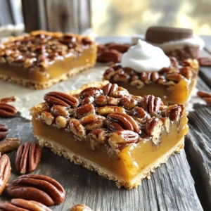 - 1 cup unsalted butter (for browning and crust) - 1 cup all-purpose flour - 1/2 cup packed brown sugar - 1/4 teaspoon salt - 2 cups pecans, roughly chopped - 1/2 cup granulated sugar - 3 large eggs - 1 teaspoon pure vanilla extract - 1/4 teaspoon ground nutmeg - 1/4 cup corn syrup - Whipped cream (for serving) Using the best ingredients makes a big difference. Fresh, quality pecans give the bars their rich flavor and crunch. Unsalted butter is key for browning. It adds a nutty taste that elevates the whole dish. Trust me, this is a step you don't want to skip. - Whipped cream options: plain, flavored, or even spiced. - Recommended additional toppings: chocolate chips, caramel sauce, or a sprinkle of sea salt. Toppings can take your bars to the next level. A dollop of whipped cream adds creaminess. Chocolate chips can make them extra sweet. Caramel drizzled on top brings in a rich, buttery flavor. Feel free to get creative! To start, you need to brown the butter. In a medium saucepan, melt 1 cup of unsalted butter over medium heat. Stir it often to prevent burning. After a few minutes, the butter will bubble and foam. Watch for a golden-brown color. This usually takes about 5-7 minutes. You will know it’s done when it smells nutty. Once it reaches this point, take it off the heat and let it cool for a few minutes. Now, let’s make the crust. First, preheat your oven to 350°F (175°C). In a mixing bowl, combine 1 cup of all-purpose flour, 1/2 cup of packed brown sugar, and 1/4 teaspoon of salt. Mix them well. Pour in the slightly cooled brown butter. Stir until the mixture looks crumbly. Next, take this dough and press it firmly into the bottom of a greased 9x13-inch baking dish. Make sure it’s even. Bake this in the oven for 15 minutes until the edges are lightly golden. Next, we’ll make the pecan filling. In a large bowl, whisk together 1/2 cup of granulated sugar, 3 large eggs, 1 teaspoon of pure vanilla extract, 1/4 teaspoon of ground nutmeg, and 1/4 cup of corn syrup. Mix until it’s smooth. Now, gently fold in 2 cups of roughly chopped pecans. Make sure they are mixed evenly throughout the filling. This step is key for a great texture in your bars. You can find the full recipe for these delicious Brown Butter Pecan Pie Bars to guide you through this process. To avoid burning the butter, keep a close watch while it cooks. Stir it often and listen for the crackling sound as it starts to brown. You want a nutty aroma, not burnt. If you need an easier way, you can use the microwave. Melt the butter in a glass bowl. Heat it in short bursts, stirring in between. This way, you can control the color better. Overbaking can lead to dry bars. Set a timer for 25 minutes, then check. The filling should be set and slightly bubbly. If it jiggles too much, give it more time. For the crust, make sure it’s not too thick. A thin layer ensures even baking. If the filling is too runny, you may not have cooked it long enough. For an elegant touch, dust the bars with powdered sugar. You can also add a sprinkle of extra chopped pecans. A dollop of whipped cream on top makes each bite special. These bars pair well with coffee or a scoop of vanilla ice cream. If you want something fruity, serve with fresh berries. You can find the Full Recipe to make these delicious bars and impress your guests! {{image_4}} You can make brown butter pecan pie bars even more fun. Try adding chocolate chips. They melt into the filling and give a rich taste. You can also add dried fruits like cranberries or cherries. These add sweetness and a nice chewiness. For spice, consider cinnamon or allspice. A little bit can change the flavor profile. If you need a gluten-free option, use almond flour instead of all-purpose flour. It works well and keeps the crust tasty. For a vegan version, replace the eggs with flax eggs. Just mix one tablespoon of ground flaxseed with three tablespoons of water. Let it sit for a few minutes to thicken. You can also use maple syrup in place of corn syrup. These swaps keep the bars delicious for everyone. For the full recipe, check out the Brown Butter Pecan Pie Bars. To keep your Brown Butter Pecan Pie Bars fresh, start by letting them cool completely. Once cool, place them in an airtight container. You can store them at room temperature for up to three days. If you want to save them longer, freeze them. Wrap each bar in plastic wrap and then place them in a freezer-safe bag. They will stay fresh for up to three months. When you're ready to enjoy your bars again, reheating is simple. Preheat your oven to 350°F (175°C). Place the bars on a baking sheet and heat for about 10 minutes. This method helps keep that great texture. If you have frozen bars, let them thaw in the fridge overnight first. For a nice touch, serve them with whipped cream on top. You can tell the bars are done by looking for a few signs. First, the edges should be golden brown. The center will look set but might still jiggle slightly. You also want to see some bubbling around the edges. A toothpick inserted in the center should come out mostly clean. If it has some filling stuck, that’s okay. These signs mean your bars are ready to cool. Yes, you can make these bars ahead of time. I recommend baking them a day or two in advance. Once they cool, store them in an airtight container. They will stay fresh at room temperature. If you want to keep them longer, you can freeze them. Just wrap them tightly in plastic wrap, then place them in a freezer bag. This way, you can enjoy them later! If you need a substitute for corn syrup, there are a few good options. You can use maple syrup, honey, or agave nectar. Each of these options adds a unique flavor to the bars. Just keep in mind that they may change the sweetness level. You might need to adjust the sugar in the recipe slightly. If you want to buy pre-made bars, check local bakeries or specialty shops. Many places offer delicious treats like these. You can also look in the dessert section of your favorite grocery store. Some stores even have fresh baked goods. If you are lucky, you might find a local bakery that makes them fresh! In this post, I shared how to make Brown Butter Pecan Pie Bars. We covered essential ingredients, including the importance of quality nuts. You learned step-by-step instructions and tips to avoid common mistakes. I also highlighted variations to fit different diets and storage tips for freshness. These bars are delicious and versatile. Enjoy making them for any occasion. You’ll impress your friends and family with your skills!