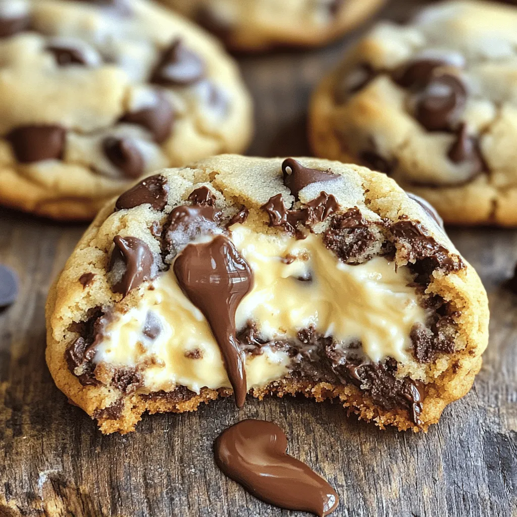 - 1 cup all-purpose flour - 1/2 teaspoon baking soda - 1/4 teaspoon salt - 1/2 cup unsalted butter - 1/2 cup brown sugar - 1/4 cup granulated sugar - 1 large egg - 1 teaspoon vanilla extract To make the best cheesecake stuffed chocolate chip cookies, you need some key ingredients. The main ones are flour, butter, and sugar. Flour gives the cookies their structure. Butter adds richness and flavor. Sugar sweetens the dough and helps with texture. - 8 oz cream cheese - 1/4 cup granulated sugar - 1/2 teaspoon vanilla extract - 1 tablespoon fresh lemon juice - 1 egg yolk For the cheesecake filling, cream cheese is vital. It creates that smooth, creamy texture. The granulated sugar balances the tangy cream cheese. Lemon juice adds brightness. The egg yolk helps bind it all together. - Semi-sweet chocolate chips - Chopped nuts You can customize these cookies with optional mix-ins. Semi-sweet chocolate chips enhance the chocolate flavor. Chopped nuts add crunch and depth. Both options make the cookies even more delightful. Check out the Full Recipe for detailed instructions and tips on how to make these tasty treats. - Preheat your oven to 350°F (175°C). Line a baking sheet with parchment paper. - In a small bowl, mix together 1 cup of flour, 1/2 teaspoon of baking soda, and 1/4 teaspoon of salt. Set this aside. - In a large bowl, cream 1/2 cup of softened butter, 1/2 cup of brown sugar, and 1/4 cup of granulated sugar. Beat until light and creamy. - Add in 1 large egg and 1 teaspoon of vanilla extract. Mix until smooth. - Gradually stir in the dry ingredients. Be gentle to keep the dough soft. Fold in chocolate chips at the end. - In a separate bowl, beat 8 oz of softened cream cheese until smooth. - Add 1/4 cup of granulated sugar, 1/2 teaspoon of vanilla extract, 1 tablespoon of lemon juice, and 1 egg yolk. Mix until creamy and lump-free. - Take about 1 tablespoon of cookie dough. Flatten it in your palm. - Place about 1 teaspoon of cheesecake filling in the center. - Fold the edges of the dough around the filling. Pinch and roll into a ball. Ensure the filling is fully enclosed. - Space the stuffed cookie balls on your baking sheet, about 2 inches apart. - Bake for 12-15 minutes, until the edges are golden and the centers are soft. - Let the cookies cool on the baking sheet for 5 minutes. Then, transfer them to a wire rack to cool completely. For detailed steps, please refer to the Full Recipe. To make the best dough, avoid overmixing. Overmixing can make your cookies tough. Instead, mix just until you see no flour. This keeps the cookies soft and chewy. Next, ensure your butter is at room temperature. Soft butter helps to create a creamy mixture with the sugars. If butter is too cold, it won’t blend well. For baking, adjust the time and temperature if needed. Every oven is different. Start by following the recipe’s time, but keep an eye on your cookies. Check for doneness by looking for lightly golden edges. The centers should still look soft. They will firm up as they cool. For a lovely finish, dust your cookies with powdered sugar. It adds a sweet touch and makes them look fancy. Serve them with fresh berries for a burst of color. The berries contrast nicely with the chocolate and cheesecake. This makes a great treat for guests! For the Full Recipe, refer to the earlier section. {{image_4}} You can make these cookies even more fun. Adding zest from lemons or oranges gives a bright, fresh taste. The zest adds a nice kick to the cheesecake filling. You can also try different kinds of chocolate. Use dark chocolate, white chocolate, or even milk chocolate chips. Each type will change the cookie's flavor and make it special. If you need gluten-free options, use gluten-free flour for the dough. This keeps the cookie tasty while catering to dietary needs. For those who follow a vegan diet, substitute cream cheese with a vegan version. Use plant-based butter to make the dough too. These swaps let everyone enjoy the cookies. Spices can create a seasonal vibe. In fall, add cinnamon or nutmeg to the dough for warmth. For the holidays, top the cookies with crushed candy canes or festive sprinkles. These seasonal touches make your cookie treats even more inviting and fun for gatherings. To keep your cheesecake stuffed chocolate chip cookies fresh, let them cool completely. Place them in an airtight container. This helps to lock in moisture and flavor. You can also separate layers with parchment paper to prevent sticking. For the best results, store them at room temperature for up to a week. You can freeze unbaked cookie dough for later use. To do this, scoop the dough into balls and place them on a baking sheet. Freeze them for about 1-2 hours until solid. Then, transfer them to a freezer-safe bag. When you're ready to bake, simply take them out and let them thaw for about 30 minutes. Bake as directed in the Full Recipe. These cookies can maintain their amazing flavor and texture for about one week at room temperature. If frozen, they can last for up to three months. When you’re ready to enjoy them, just thaw and bake! Yes, you can make these cookies ahead. Prepare the dough and the cheesecake filling. Store both separately in the fridge for up to two days. When you are ready to bake, just assemble the cookies. This method saves time and lets you enjoy freshly baked cookies anytime. If your dough feels too sticky, add a little more flour. Start with one tablespoon. Mix well and check the texture. You want it to be soft but not tacky. If it is still sticky, add another tablespoon. Remember, less is more. Yes, you can use ricotta cheese or mascarpone. These options give a different taste and texture. Ricotta is lighter, while mascarpone is richer and creamier. Each choice adds a unique twist to the filling, making it fun to explore. These cookies offer a delightful mix of flavors and textures. You learned about the key ingredients for both the cookie dough and the cheesecake filling. Following easy steps can help you create these treats with confidence. Tips and tricks ensure your cookies come out perfect every time. Don't forget to explore variations and storage options to keep them fresh. Enjoy baking these cookies for any occasion, and share them with friends and family!