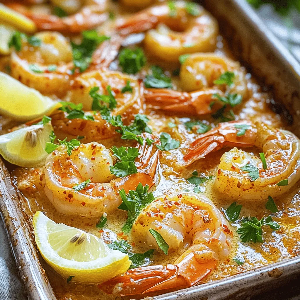 For this baked shrimp in garlic butter sauce, you'll need: - 1 lb large shrimp, peeled and deveined - 6 tablespoons unsalted butter, melted - 5 cloves garlic, finely minced - 1 tablespoon fresh lemon juice - 1 teaspoon sweet paprika - 1 teaspoon dried parsley (plus more for garnish) - Salt and freshly cracked black pepper to taste - 1/4 teaspoon red pepper flakes (optional) - Fresh lemon wedges, for serving Each ingredient plays an important role in building flavor. The shrimp brings a sweet, ocean taste. The garlic adds a strong aroma. Butter gives richness, while lemon juice brightens everything up. Here are some handy conversions to help you: - 1 lb = 16 oz - 1 tablespoon = 3 teaspoons - 1 teaspoon = 5 ml These conversions ensure you measure correctly. This way, you can achieve the perfect balance in your dish. Feel free to mix things up! Here are some options: - Add 1/4 cup grated Parmesan cheese for a cheesy touch. - Substitute fresh herbs like thyme or basil for a unique twist. - Use lime juice instead of lemon for a different flavor. These optional ingredients let you personalize the recipe. Experimenting with flavors keeps cooking exciting! For the full recipe, refer to the recipe section. To start, gather your ingredients. You need large shrimp, butter, garlic, lemon juice, and spices. First, preheat your oven to 400°F (200°C). This ensures a nice cooking environment. Next, melt the unsalted butter in a bowl. Add the minced garlic, fresh lemon juice, sweet paprika, and dried parsley. Mix in salt, black pepper, and red pepper flakes if you want heat. Stir these ingredients until they blend into a smooth garlic butter. This mixture gives the shrimp a rich flavor. Now, arrange the peeled and deveined shrimp in a single layer in a baking dish. Pour the garlic butter mixture over the shrimp. Make sure every shrimp gets coated for the best taste. Spread the shrimp evenly in the dish. This helps them cook evenly. Place the dish in the preheated oven and bake for 8-10 minutes. Watch closely. When the shrimp turn pink and opaque, they are done. Do not overcook them. This keeps them juicy and tender. Once baked, take the dish out of the oven. You can sprinkle more parsley on top for a nice look. Serve the baked shrimp right from the dish. Add fresh lemon wedges for a bright touch. I love serving this dish with crusty bread. It’s perfect for soaking up the garlic butter sauce. Enjoy this delightful meal while it's still warm! For a detailed recipe, check the Full Recipe. To pick the best shrimp, look for a few signs. Fresh shrimp should smell like the sea, not fishy. The shells should be shiny and firm. Check for any dark spots or blackening on the shells. Choose shrimp that are still in their shells for the best flavor and texture. If you can, buy shrimp that are wild-caught. They tend to have a better taste compared to farmed shrimp. Overcooked shrimp can become rubbery. To avoid this, keep a close eye while baking. Shrimp cook fast, usually in 8-10 minutes. When they turn pink and opaque, they are done. If you want to be extra sure, use a meat thermometer. The ideal internal temperature for shrimp is 120°F (49°C). If you follow these tips, your shrimp will stay juicy and tender. Adding herbs and spices can take your baked shrimp to new heights. Fresh herbs like parsley, cilantro, or basil add brightness. For more depth, try using spices like cumin or coriander. A squeeze of fresh lemon juice before serving brightens the flavor. You can also add a pinch of zest from the lemon for extra zing. Mixing these flavors creates a delightful experience that you and your guests will love. For a complete guide, check out the Full Recipe. {{image_4}} To make spicy garlic butter shrimp, add more heat. Use extra red pepper flakes or a dash of hot sauce. This will give the dish a fun kick. The shrimp will blend nicely with the spicy butter. For a fresh twist, try lemon herb shrimp. Add zest from a lemon and use fresh herbs like basil or cilantro. This will brighten the dish and add depth. The lemon will balance the richness of the butter. If you love cheese, this variation is for you. Sprinkle grated Parmesan on top of the shrimp before baking. The cheese will melt and create a crispy, savory layer. It adds a wonderful flavor that pairs well with the garlic butter. These variations let you explore different tastes while keeping the essence of the original recipe. You can find the full recipe for baked shrimp in garlic butter sauce above. Enjoy the journey of flavors! To store leftover baked shrimp, let them cool first. Place them in an airtight container. This helps keep the shrimp fresh. Store the container in the fridge for up to three days. If you want to keep them longer, you can freeze the shrimp. Use a freezer-safe bag and remove as much air as possible. Frozen shrimp can last up to three months. When reheating baked shrimp, do it gently. You want to keep them juicy. Preheat your oven to 350°F (175°C). Place the shrimp on a baking sheet. Cover them with foil to prevent drying out. Heat for about 10 minutes. You can also microwave them, but be careful. Heat in short bursts of 20 seconds. Check often to avoid overcooking. Baked shrimp are perfect for meal prep. They can fit into many dishes. Try adding them to salads for a protein boost. You can also mix them into pasta for a hearty meal. Another idea is to use them in tacos. Just add some fresh toppings like avocado and lime. Baked shrimp also taste great in a stir-fry. Mix with veggies and serve over rice or noodles. For the full recipe, check out the Garlic Butter Baked Shrimp Delight. To make Baked Shrimp in Garlic Butter Sauce, start by preheating your oven to 400°F (200°C). In a bowl, mix melted butter, minced garlic, lemon juice, sweet paprika, dried parsley, salt, pepper, and optional red pepper flakes. Next, place the cleaned shrimp in a baking dish and pour the garlic butter over them. Spread the shrimp out for even cooking. Bake for 8-10 minutes until the shrimp are pink and opaque. Serve hot with fresh lemon wedges and a sprinkle of parsley. For the full recipe, check the details above. Baked Shrimp pairs well with many sides. I love serving it with crusty bread. The bread soaks up the delicious garlic butter sauce. You can also serve it with rice or pasta for a filling meal. A fresh salad adds a nice crunch. Try a simple green salad with lemon vinaigrette. Roasted vegetables work great too, adding color and taste. Yes, you can use frozen shrimp! Just thaw them first. Place the shrimp in cold water for about 15 minutes. Drain and pat them dry. Using thawed shrimp helps the garlic butter soak in better. This way, you still get that tasty flavor in every bite. You now have all the details to make baked shrimp in garlic butter. We covered ingredients, step-by-step instructions, and handy tips. Remember to choose fresh shrimp and not to overcook them. Customizing your dish with spices or cheese can add a fun twist. Store leftovers well to enjoy later. With these easy steps, you can impress anyone! Enjoy your cooking journey with this delicious shrimp recipe.