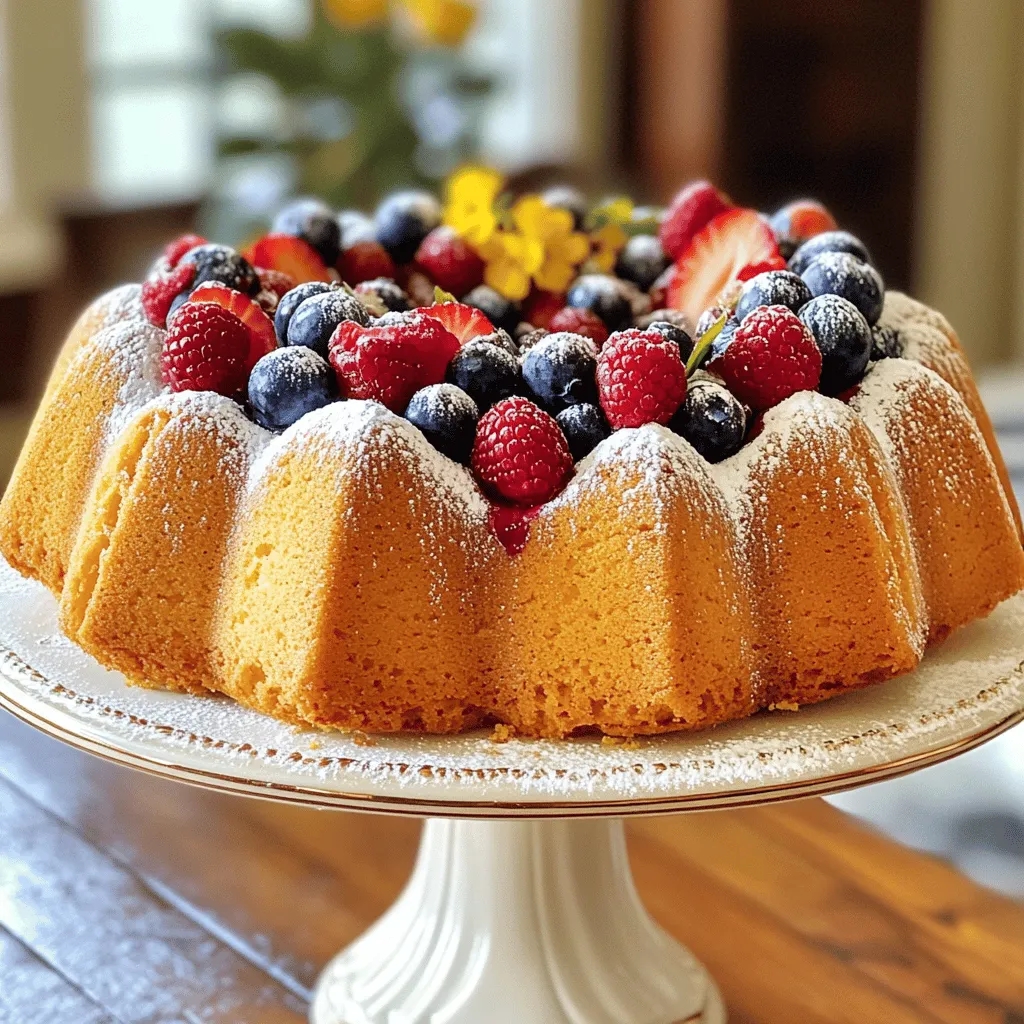 To make your Easy Bundt Cake Breakfast, gather these simple ingredients: - 2 cups all-purpose flour - 1 cup granulated sugar - 1/2 cup unsalted butter, softened - 1 cup Greek yogurt (plain or vanilla) - 3 large eggs, at room temperature - 1 teaspoon pure vanilla extract - 1 teaspoon baking powder - 1/2 teaspoon baking soda - 1/4 teaspoon sea salt - 1 cup mixed berries (blueberries, raspberries, chopped strawberries) - 1 tablespoon freshly squeezed lemon juice - 1 teaspoon lemon zest (from a fresh lemon) - Optional: powdered sugar for dusting You can add extra flavor with these optional ingredients: - 1 teaspoon almond extract for a nutty touch - 1/2 teaspoon cinnamon for warmth - 1/4 cup chopped nuts for crunch If you need substitutions, here are some ideas: - Use whole wheat flour instead of all-purpose for a healthier option. - Swap Greek yogurt with sour cream or buttermilk if preferred. - Replace mixed berries with your favorite fruit, like peaches or apples. - Use dairy-free butter or yogurt if you want a vegan option. Enjoy crafting your delicious Easy Bundt Cake Breakfast Delight! For the full recipe, check out the details above. First, preheat your oven to 350°F (175°C). This step warms the oven for even baking. Next, grease your bundt cake pan well. Use softened butter or non-stick spray. Make sure every part is covered so the cake does not stick. In a large bowl, beat 1/2 cup of softened butter with 1 cup of granulated sugar. Use an electric mixer on medium speed for 3-4 minutes. You want it light and fluffy. Then, add 1 cup of Greek yogurt, 3 large eggs, and 1 teaspoon of pure vanilla extract. Mix on low speed until it's all smooth. In another bowl, whisk together 2 cups of all-purpose flour, 1 teaspoon of baking powder, 1/2 teaspoon of baking soda, and 1/4 teaspoon of sea salt. This ensures the dry ingredients blend well. Gradually fold this mixture into the wet ingredients. Use a spatula and be gentle. Overmixing can make your cake dense. Now, toss 1 cup of mixed berries with 1 tablespoon of lemon juice and 1 teaspoon of lemon zest. The lemon adds a fresh taste. Fold the berry mix into the batter carefully. You want the berries to spread throughout the cake. Pour the batter into your prepared bundt cake pan. Use a spatula to smooth the top for an even bake. Place the pan in your preheated oven. Bake for 40-45 minutes. Check if it’s done by inserting a toothpick into the center. If it comes out clean, your cake is ready. After baking, take the bundt cake out of the oven. Let it cool in the pan for 10 minutes. Then, carefully invert it onto a wire rack. Let it cool completely before serving. For a beautiful presentation, place the cake on a decorative stand. You can dust the top with powdered sugar for an elegant touch. Serve it with fresh mixed berries and a hot cup of coffee or tea. Enjoy this Easy Bundt Cake Breakfast Delight for a perfect morning treat! For the full recipe, check out the details above. When making a bundt cake, a few common mistakes can ruin your effort. Here are some to watch for: - Not greasing the pan well: This can cause your cake to stick. - Overmixing the batter: Mix just until combined to keep the cake light. - Skipping room temperature ingredients: Cold eggs and yogurt can lead to a dense cake. - Not checking for doneness: Always use a toothpick to check if the cake is cooked through. To get that fluffy and tender texture, follow these tips: - Use room temperature ingredients. This helps them blend well. - Cream the butter and sugar until fluffy. This adds air for lightness. - Fold in dry ingredients gently. This keeps the batter airy. - Don’t overbake. Keep an eye on the time, as every oven varies. A beautiful bundt cake deserves a lovely presentation. Here are some ideas: - Dust with powdered sugar for a sweet touch. - Add fresh berries around the base for color. - Drizzle with glaze made from powdered sugar and lemon juice. - Serve with whipped cream to make it even more delightful. These tips will help you create a stunning and tasty bundt cake breakfast delight. For the full recipe, check the earlier section! {{image_4}} You can change the flavor of your bundt cake easily. Here are some ideas: - Chocolate: Add 1 cup of cocoa powder to the dry mix. It will be rich and sweet. - Banana: Replace the Greek yogurt with 1 cup of mashed ripe bananas. This makes the cake moist and tasty. - Cinnamon: Add 1 tablespoon of ground cinnamon to the dry mix for a warm spice flavor. Fruits make your bundt cake bright and fresh. Here are some fun mixes: - Peach and Raspberry: Use 1 cup of diced peaches and 1 cup of raspberries. This combo gives a sweet-tart taste. - Apple and Walnut: Mix 1 cup of chopped apples with 1/2 cup of chopped walnuts. This adds crunch and flavor. - Tropical Twist: Add 1 cup of diced pineapple and 1 cup of shredded coconut for a tropical vibe. You can make this bundt cake fit different diets with a few swaps: - Gluten-Free: Use 2 cups of gluten-free flour instead of all-purpose flour. Make sure it has xanthan gum for structure. - Vegan: Replace eggs with 1/2 cup of applesauce per egg. Use plant-based yogurt as a swap for Greek yogurt. This keeps the cake moist and fluffy. Check out the Full Recipe for details on making your morning bright with this delightful bundt cake! Store leftover bundt cake in an airtight container. This keeps it fresh and moist. Place it at room temperature for up to three days. For longer storage, refrigerate it. Just be sure to wrap it well to avoid drying out. You can freeze bundt cake for later enjoyment. First, cool the cake completely. Then, wrap it tightly in plastic wrap. After that, place it in a freezer-safe bag or container. It will stay fresh for up to three months in the freezer. When you are ready to eat it, thaw it overnight in the fridge. To reheat the bundt cake, preheat your oven to 350°F (175°C). Place the cake in the oven for about 10 to 15 minutes. This warms it up nicely without drying it out. You can also microwave a slice for 15 to 20 seconds. Just be careful not to heat it too long, or it may become tough. Enjoy your delicious bundt cake again! Your bundt cake will last about 3 to 5 days when stored properly. Keep it in an airtight container at room temperature. If you want to keep it longer, consider freezing it. This cake can stay fresh in the freezer for up to three months. Yes, you can make this bundt cake ahead of time. Bake it and let it cool completely. Wrap it well in plastic wrap and store it in the fridge for up to three days. For longer storage, freeze it as mentioned before. Just remember to thaw it overnight before serving. Serve your bundt cake at room temperature for the best taste. Slice it into even pieces and place it on a cake stand. You can add fresh berries or a light dusting of powdered sugar for a nice touch. Pair it with coffee or tea for a cozy breakfast. To check if your bundt cake is done, insert a toothpick into the center. If it comes out clean or with a few crumbs, it’s ready. The top should be golden brown and spring back when lightly touched. Avoid opening the oven too soon, as this can cause the cake to sink. Making an easy Bundt cake for breakfast is fun and rewarding. We covered the key ingredients, measurement options, and step-by-step baking tips. I shared common mistakes to avoid and how to store your cake once it's baked. You can change flavors, fruits, or make it gluten-free and vegan too. Enjoying your cake comes down to using our tips for a perfect texture. Experiment and find what you love most. You now have the tools to create delicious Bundt cakes anytime!