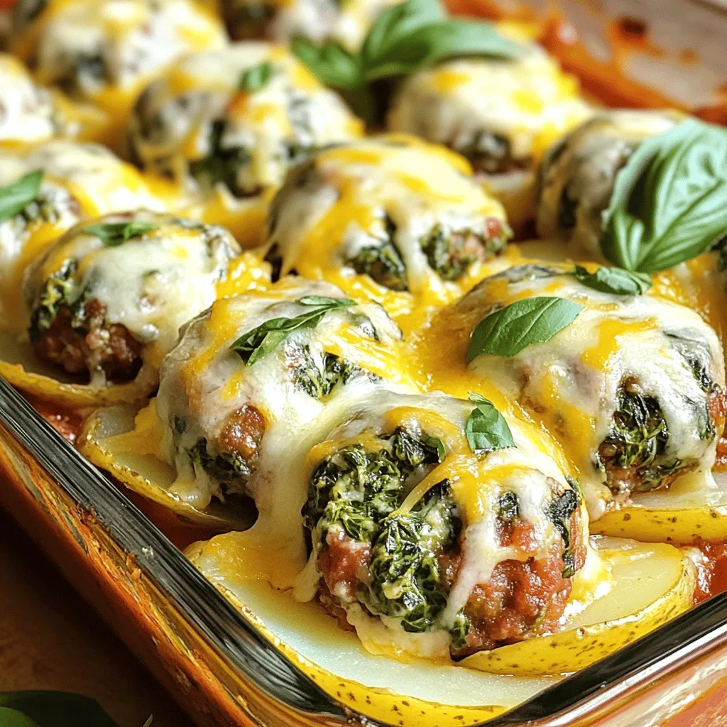 - 1 pound ground beef or turkey - 1 cup fresh spinach, finely chopped - 1 cup shredded mozzarella cheese - 1/2 cup grated Parmesan cheese - 4 medium potatoes, thinly sliced into rounds - 2 cups marinara sauce The heart of this dish lies in its key ingredients. First, you choose ground beef or turkey. Both options work well. Fresh spinach adds a nice touch of color and health. Cheese is a must; mozzarella gives that gooey texture, while Parmesan adds a salty kick. The potatoes bring a hearty base, soaking up all the lovely flavors from the sauce. - 1 teaspoon garlic powder - 1 teaspoon onion powder - Salt and pepper to taste - 1 teaspoon Italian seasoning - 1/4 cup plain breadcrumbs - 1 large egg, beaten Seasoning is crucial for taste. Garlic powder and onion powder give a warm flavor. Salt and pepper enhance all other tastes. Italian seasoning brings that classic herb mix that pairs well with meat. Breadcrumbs help bind the meatballs, while the egg adds moisture and richness. - Additional cheese types, like cheddar or feta - Other vegetables, such as bell peppers or zucchini You can switch things up with optional ingredients. Different cheese types can change the flavor. Cheddar gives a sharp taste, while feta adds creaminess. Feel free to toss in more vegetables. Bell peppers or zucchini can boost nutrition and add texture. For the full recipe, you can refer to the detailed instructions above. Start by preheating your oven to 375°F (190°C). This step is vital for even cooking. While the oven warms, gather all your ingredients. Having everything close at hand makes cooking easier. I also suggest you line your baking dish with parchment paper. This helps with cleanup later. In a large bowl, combine ground meat, chopped spinach, mozzarella, Parmesan cheese, breadcrumbs, and the beaten egg. Then, add garlic powder, onion powder, salt, and pepper. Use your hands to mix everything well. You want a smooth, sticky mixture. If it feels too dry, add a splash of water. If too wet, add breadcrumbs. In a baking dish, layer half of the potatoes on the bottom. Drizzle a little olive oil and sprinkle salt and Italian seasoning over them. Next, place the meatballs evenly on top. Pour marinara sauce over the meatballs. Make sure they are well covered. Add the remaining potato slices on top. Drizzle more olive oil, and season again with salt and Italian seasoning. Cover the dish tightly with aluminum foil. This keeps moisture in and helps cook the potatoes. Bake for 30 minutes. After that, take off the foil and sprinkle any leftover mozzarella on top. Return the dish to the oven uncovered for another 15-20 minutes. This time allows the cheese to melt and the potatoes to get tender. You want a golden brown color on top. To make great meatballs, keep them moist and flavorful. Start with good meat. Ground beef or turkey works well. Add chopped spinach and cheese for extra taste. Use a beaten egg and breadcrumbs to bind everything together. This mix helps keep moisture in. Common pitfalls include overmixing or underseasoning. Overmixing can make meatballs tough. Always taste your mixture before shaping them. Adjust salt and pepper if needed. Use foil to keep moisture in during baking. Cover your dish tightly at first. This helps the meatballs and potatoes cook evenly. After a while, remove the foil. This step allows the cheese to brown nicely. Choose the right baking dish. A glass or ceramic dish works best. It helps cook the potatoes evenly. Avoid metal pans for this recipe. They can affect the bake's texture. Serve the Cheesy Spinach Meatball and Potato Bake hot from the oven. For sides, a crisp green salad pairs well. Garlic bread also makes a great addition. For presentation, sprinkle fresh basil or parsley on top. This adds color and freshness. Use a large spoon to serve, ensuring everyone gets a meatball and potato. Enjoy your delicious dish! {{image_4}} You can change the protein in this dish easily. If you want a vegan option, try using lentils or chickpeas instead of meat. These provide great texture and flavor. You can also use ground turkey for a lighter choice. If you prefer chicken, use shredded rotisserie chicken for a quick fix. Pork is another tasty option. Ground pork adds a rich flavor that pairs well with the other ingredients. Cheese can change the whole dish. Mozzarella is great, but feel free to mix it up. Try using a blend of cheddar and Swiss for a sharp taste. Creamy cheeses like ricotta can add a smooth texture. Just combine it with the meatballs for a delightful surprise. You can even layer cream cheese between the potatoes for a rich flavor. Looking to add some zing? Spices and herbs can make a big difference. Try adding red pepper flakes for heat or fresh basil for a burst of freshness. You can also switch up the sauce. Instead of marinara, use pesto for a fresh twist. Alfredo sauce can bring a creamy richness that makes this dish even more comforting. Don't be afraid to get creative! For the full recipe, check out the detailed instructions. After enjoying your Cheesy Spinach Meatball and Potato Bake, store leftovers in airtight containers. This keeps the dish fresh and safe. Make sure the dish cools down before sealing it. Properly stored, it lasts up to four days in the fridge. This means you can enjoy tasty meals throughout the week without cooking again! You can freeze this bake before or after baking. If freezing before baking, assemble the dish and cover it tightly. This helps keep it fresh. You can freeze it for up to three months. If you freeze it after baking, let it cool completely first. Store it in a freezer-safe container. For best results, defrost it overnight in the fridge before reheating. To reheat your bake, use your oven for the best texture. Preheat your oven to 350°F (175°C). Place the dish in the oven, covered with foil. This keeps it moist. Heat for about 20-25 minutes. For quicker reheating, use a microwave, but be careful. Microwaving can make the bake soggy. To avoid this, heat it in short bursts, stirring between each. Enjoy your meal without losing its yummy texture! You can use several options instead of breadcrumbs. If you want a gluten-free choice, try ground oats or crushed rice cereal. Both work well as binders. You can also use crushed cornflakes or almond flour for a unique twist. Each option adds a different flavor and texture to the meatballs. Yes, you can prepare this dish ahead of time. Make the meatballs and layer the potatoes and sauce in the dish. Cover it well and refrigerate for up to 24 hours. When you’re ready to bake, just add a few extra minutes to the cooking time. This makes meal prep easy and helps blend the flavors. To add some heat, use spicy Italian sausage instead of ground beef or turkey. You can also mix in red pepper flakes or diced jalapeños into the meatball mixture. For extra flavor, consider using a spicy marinara sauce. Adjust the spice level to suit your taste. Serve this dish straight from the baking dish for a cozy feel. Garnish with fresh herbs like basil or parsley for color. Pair it with a crisp side salad or some garlic bread. This makes for a comforting and satisfying meal. For a fun twist, you can serve it with a dollop of sour cream or a drizzle of hot sauce. In this blog post, we explored how to make a Cheesy Spinach Meatball and Potato Bake. I shared key ingredients like ground meat, fresh spinach, and potatoes. We discussed step-by-step instructions, tips for perfect meatballs, and storage info. By trying out different cheeses and spices, you can make this dish your own. Remember, cooking should be fun and tasty. Enjoy making this comforting bake and impress your family or friends.