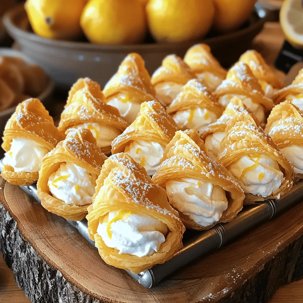 - All-purpose flour - Unsalted butter - Powdered sugar - Vanilla extract - Eggs - Salt - Heavy cream - Mascarpone cheese - Granulated sugar - Lemon zest To make Italian Cream-Filled Cannoncini, you need a few simple ingredients. Each one plays a key role in the taste and texture of this delightful dessert. If you want to swap out the all-purpose flour, try almond flour or a gluten-free blend. For sweeter options, you can use coconut sugar or agave syrup instead of granulated sugar. If you need a dairy-free option for the filling, use coconut cream and a dairy-free cream cheese. - Mixing bowls - Pastry cutter or fork - Piping bag with star nozzle - Metal cannoncini tubes Gathering the right tools will help you create these delicious pastries. A mixing bowl is essential for combining your ingredients. A pastry cutter or fork helps blend the butter into the flour. The piping bag lets you fill each cannoncini with that rich cream. And, of course, the metal tubes shape the cannoncini perfectly! For the full details and steps, check out the Full Recipe. To start, you need to mix your dry ingredients. In a large bowl, combine 1 cup of all-purpose flour, 1/2 cup of cold cubed unsalted butter, 1/4 cup of powdered sugar, and 1/4 teaspoon of salt. Use a pastry cutter or fork to blend until it looks like coarse crumbs. You want some small bits of butter to stay visible. Next, it’s time to add the wet ingredients. Crack in 2 large eggs and add 1/2 teaspoon of vanilla extract. Mix gently until the dough comes together. Be careful not to overwork it. Shape the dough into a disc, wrap it in plastic wrap, and chill it in the fridge for at least 30 minutes. This helps the flavors meld and the dough firm up. Once your dough is ready, preheat your oven to 400°F (200°C). Line a baking sheet with parchment paper to prevent sticking. Now, roll out the chilled dough on a lightly floured surface. Aim for a thickness of about 1/8 inch. Cut long strips that are about 1 inch wide. Take each strip and wrap it around the metal cannoncini tubes, slightly overlapping the dough. Make sure to seal the edges well. Arrange the wrapped tubes on your baking sheet, leaving space between them. Bake for 15 to 20 minutes. They should turn golden brown and crisp. After baking, let them cool for a few minutes. Carefully slide the pastry shells off the tubes and cool them on a wire rack. For the cream filling, grab a mixing bowl. Use an electric mixer to whip together 1/2 cup of heavy cream, 1/4 cup of granulated sugar, and 1 teaspoon of vanilla extract. Beat until soft peaks form. Now, gently fold in 1/2 cup of mascarpone cheese and the zest of 1 lemon. Use a spatula to mix until the filling looks smooth and creamy. Next, fit a piping bag with a star nozzle and fill it with your cream mixture. Carefully pipe the filling into each cooled cannoncini shell. Start at one end and move to the other to fill them generously. For the final touch, dust the filled cannoncini with powdered sugar just before you serve them. This adds a lovely sweetness and elegance. Enjoy these delightful treats! - Temperature and texture of dough: Start with cold butter. It helps create a flaky texture. Chill your dough for at least 30 minutes. This step is key for the right consistency. - Ensuring even baking: Position your cannoncini tubes with space between them. This allows hot air to circulate. It ensures they bake evenly and turn golden brown. - Tips for filling cannoncini without mess: Use a piping bag with a star nozzle. Fill it with your cream. Start at one end and pipe toward the other. This method keeps the filling even and neat. - How to achieve decorative finishes: After filling, you can create swirls on top. Dust with powdered sugar for extra flair. Consider adding a touch of lemon zest on top for color. - Ideal accompaniments: Pair cannoncini with coffee or a dessert wine. Fresh berries also add a nice touch. They balance the sweetness of the cream. - Presentation tips for serving: Use a beautiful platter. Arrange cannoncini in a single layer. A light dusting of powdered sugar makes them look elegant. {{image_4}} Cannoncini offer a world of fun when it comes to filling and dough. You can mix and match to create your own unique treat. - Chocolate ganache filling: Melt dark chocolate with heavy cream. Stir until smooth. Chill it slightly before filling your cannoncini. The rich taste pairs well with the crispy shell. - Fruit-flavored fillings: Use pureed fruits like strawberries or raspberries. Mix the puree with cream cheese for a fruity twist. You can also add zest for extra flavor. This makes for a fresh and vibrant dessert. - Gluten-free recipes: Substitute all-purpose flour with a gluten-free blend. Make sure it has a good binding agent like xanthan gum. This way, your cannoncini will still be crispy and delicious. - Savory versions of cannoncini: Try using cheese and herbs in the dough. Fill them with ricotta or goat cheese mixed with herbs. These savory cannoncini are perfect for a unique appetizer. - Authentic Italian styles: In Italy, cannoncini often feature a rich cream filling. They can come in different sizes and shapes. Each region has its own twist on the classic recipe. - Adaptations from different cultures: Some cultures fill cannoncini with custard or whipped cream. Others might add nuts or spices. These variations show how versatile this dessert can be. Explore these variations to add a personal touch to your Italian cream-filled cannoncini. Don't forget to check the Full Recipe for guidance as you create your own delights! To keep your cannoncini fresh, store them in an airtight container. This keeps out air and moisture. You can place them in the fridge, but they taste best at room temperature. If you need to store them longer, freezing is a good option. Just wrap each piece in plastic wrap and place them in a freezer bag. They can last up to three months in the freezer. When you want to refill leftover cannoncini, first check their texture. If they feel soft, consider crisping them up in the oven for a few minutes. Once cooled, use fresh cream filling for the best taste. You can refill them within a week for the best flavor. Always taste test to ensure they are still delightful! To prevent sogginess, keep the filling separate from the shells until serving. Store the shells in a dry place, away from humidity. If you know you won't eat them soon, you can freeze the empty shells. This keeps them crisp. When ready to eat, fill them just before serving for the best texture. Cannoncini are small, cream-filled pastries with a rich history in Italy. They originated in the northern regions, especially around Tuscany. Their name comes from the word "cannon," which means “tube” in Italian. These treats symbolize joy and celebration. You will often find them at weddings and festive gatherings. Cannoncini taste best when fresh. You can store them for up to two days. Keep them in an airtight container at room temperature. This way, they stay crisp. If you fill them, eat them within a day for the best taste. Yes, you can prepare the shells in advance. Bake them and store them in a container. Just wait to fill them until right before serving. This keeps the shells crisp and delicious. You can also whip the cream filling a day early. Just remember to keep it chilled. For the best cannoncini, visit local Italian bakeries. They often have these treats fresh. You can also find them online from specialty shops. Just search for authentic Italian pastries. Many options will ship directly to your home. Cannoncini share similarities with cream puffs and eclairs. All three have a light pastry shell filled with cream. Cream puffs are round, while eclairs are long. Each offers a unique taste and texture, but the joy of cream filling is what connects them all. Cannoncini are a delightful treat made from simple ingredients like flour, butter, and cream. We explored each step, from mixing the dough to creating the perfect filling. I shared tips for achieving that crunchy shell and ideas for fun variations. Proper storage methods help preserve their crispness and taste. You can make these treats your own with different flavors or fillings. Whether you serve them at a party or enjoy them at home, cannoncini are sure to impress. Try making them yourself for a delicious experience!