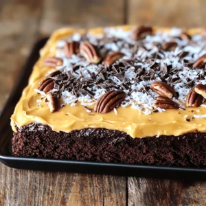 To make a delightful German Chocolate Sheet Cake, gather these ingredients: - 2 cups all-purpose flour - 2 cups granulated sugar - 1 cup unsweetened cocoa powder - 1 ½ teaspoons baking powder - 1 teaspoon baking soda - 1 teaspoon salt - 4 large eggs - 1 cup buttermilk - 1 cup vegetable oil - 2 teaspoons vanilla extract - 1 cup boiling water - 1 cup shredded coconut - 1 cup chopped pecans - 1 cup sweetened condensed milk - ½ cup unsalted butter - 2 cups powdered sugar Measuring ingredients accurately is key to success. Use dry measuring cups for flour and sugar. Use liquid measuring cups for buttermilk and oil. If you don’t have buttermilk, mix one tablespoon of vinegar with one cup of milk. Let it sit for a few minutes. This creates a similar flavor and texture. You can also swap granulated sugar for brown sugar for a deeper flavor. If you want a lighter cake, use a mixture of unsweetened applesauce and oil. Choose fresh ingredients for the best taste. Look for flour that feels soft and fine. Check the expiration date on your baking powder and baking soda. Freshness matters! For cocoa powder, pick a brand you trust for rich flavor. Use high-quality chocolate for the frosting. When selecting nuts, choose pecans that are whole and not broken. Fresh coconut adds a wonderful texture, so look for unsweetened shredded coconut. These choices make your cake shine. For the best results, follow the Full Recipe closely. First, gather your ingredients. You will need flour, sugar, cocoa, and some eggs. In a big bowl, sift the flour, sugar, cocoa powder, baking powder, baking soda, and salt. Make sure there are no lumps. Next, add the eggs, buttermilk, oil, and vanilla extract to your dry mix. Use an electric mixer to blend them for about two minutes. Your batter should look smooth. Slowly stir in the boiling water at the end. It may look thin; that's okay! Now it’s time to bake! Pour the batter into your greased sheet pan. Make sure it spreads evenly. Place it in the oven set to 350°F (175°C). Bake for 30 to 35 minutes. To check if it’s done, insert a toothpick in the center. If it comes out clean, your cake is ready! Once baked, let it cool in the pan for about 10 minutes. While your cake cools, prepare the frosting. In a medium saucepan, mix sweetened condensed milk, unsalted butter, and egg yolks. Heat this over medium heat. Stir it for about 10 minutes until it thickens like custard. After it thickens, take it off the heat. Now fold in shredded coconut and chopped pecans. Mix well. Let this frosting cool slightly. Finally, spread the frosting over the warm cake. Enjoy! You can find the full recipe [here](#). Baking can be tricky, especially when making German chocolate sheet cake. Here are some common mistakes to avoid: - Not measuring ingredients accurately: Use measuring cups and spoons for precision. - Skipping the sifting step: Sift flour and cocoa to avoid lumps. - Underbaking or overbaking: Keep an eye on the timer and test with a toothpick. - Not cooling the cake properly: Let it cool in the pan for at least 10 minutes. These simple tips can save your cake from being too dry or dense. To get that soft and moist texture, follow these tips: - Use room temperature ingredients: Eggs and buttermilk mix better when they are not cold. - Mix just enough: Overmixing can lead to a tough cake. Mix until just combined. - Add boiling water: This step helps to create a light batter. It might seem odd, but it works! - Don’t skip the eggs: They add structure and moisture to the cake. Perfect texture comes from the right balance in mixing and baking. Frosting can elevate your cake to the next level. Here are some best practices: - Frost when warm: Apply the coconut-pecan frosting while the cake is still warm. It helps the frosting stick better. - Use an offset spatula: This tool makes spreading the frosting easy and smooth. - Cool the frosting: Let it cool slightly before applying, so it spreads evenly. - Be generous: Don’t be shy with the frosting! A thick layer makes it extra delicious. These steps ensure your cake looks as good as it tastes. For the full recipe, you can refer back to the main article. {{image_4}} You can boost the flavor of your German chocolate sheet cake. Here are some ideas: - Espresso Powder: Add 1 tablespoon of espresso powder to the batter for a rich flavor. - Chocolate Chips: Mix in 1 cup of chocolate chips for extra chocolatey goodness. - Fruit: Chopped cherries or raspberries can add a fruity twist. These small changes can make a big difference. They can turn a classic dish into something new and exciting. You can easily adapt this recipe for different diets. To make it gluten-free: - Replace the all-purpose flour with a gluten-free blend. For a low-sugar version, use these swaps: - Substitute granulated sugar with a sweetener like erythritol or stevia. - Use unsweetened cocoa powder to cut down on sugar. These adjustments allow more people to enjoy this treat without worry. Serving your German chocolate sheet cake can be fun! Here are some ideas: - Ice Cream: A scoop of vanilla ice cream pairs well with the rich cake. - Fresh Berries: Serve with fresh strawberries or blueberries for a refreshing contrast. - Whipped Cream: A dollop of whipped cream adds a light touch. These pairings enhance the taste and make your cake even more enjoyable. For the full recipe, check out the detailed steps above. To keep your German chocolate sheet cake fresh, store it in an airtight container. This will help keep the moisture in and prevent it from drying out. You can also cover the cake with plastic wrap. Make sure it is at room temperature before covering it. This way, you avoid any condensation that might make the cake soggy. You can freeze this cake for future enjoyment. First, let the cake cool completely. Then, cut it into squares. Wrap each square tightly in plastic wrap and place them in a freezer-safe bag. Label the bag with the date. Your cake can stay fresh in the freezer for up to three months. When you want to enjoy a piece, thaw it in the fridge overnight. When stored properly, your German chocolate sheet cake lasts about 4 to 5 days at room temperature. If you store it in the fridge, it can last up to a week. To reheat, place a slice in the microwave for about 10-15 seconds. This warms it up without making it dry. Enjoy your delicious treat any time! For the full recipe, check the earlier sections. German Chocolate Cake is not from Germany. It started in the U.S. in the 1850s. A man named Samuel German made a dark-baking chocolate. The cake became popular when a newspaper shared a recipe in 1957. People loved its rich chocolate flavor and unique frosting with coconut and pecans. Yes, you can use other nuts in the frosting. Walnuts and hazelnuts work well. Just make sure to chop them finely. This adds a nice crunch and flavor. Experiment with what you like best. Each nut brings a new taste to the cake. To check if the cake is done, use a toothpick. Insert it in the center of the cake. If it comes out clean, the cake is ready. If it has wet batter on it, bake for a few more minutes. The edges will pull away from the pan when it is fully cooked. Enjoy that warm cake with its special frosting! For the full recipe, check the details above. This post covered key steps to make a great German Chocolate Cake. We looked at ingredients, baking tips, and frosting ideas. You learned how to avoid common mistakes and achieve perfect texture. I also shared ways to customize the cake for different diets. In conclusion, using quality ingredients and following these steps will lead to success. Enjoy baking, and make your cake special!