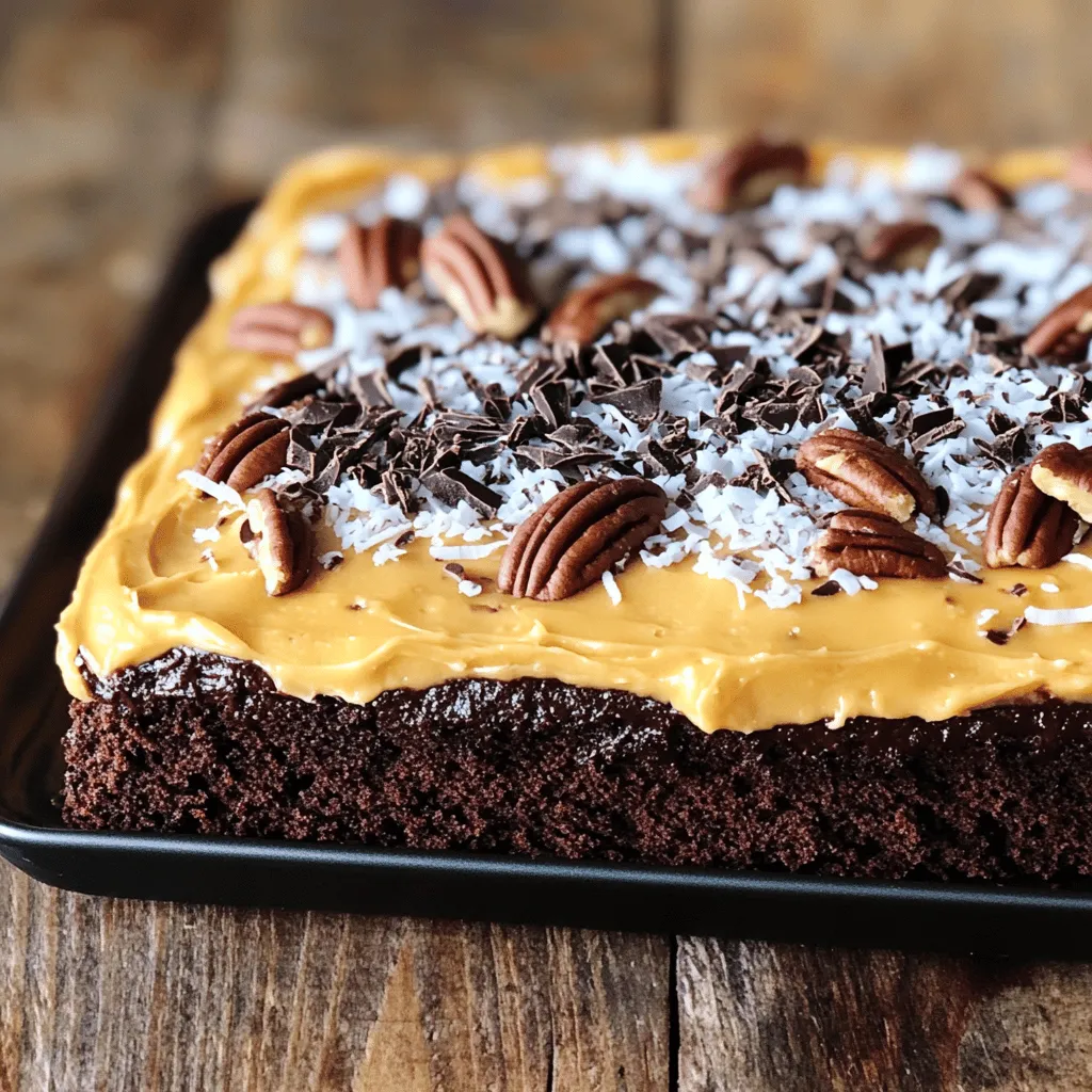 To make a delightful German Chocolate Sheet Cake, gather these ingredients: - 2 cups all-purpose flour - 2 cups granulated sugar - 1 cup unsweetened cocoa powder - 1 ½ teaspoons baking powder - 1 teaspoon baking soda - 1 teaspoon salt - 4 large eggs - 1 cup buttermilk - 1 cup vegetable oil - 2 teaspoons vanilla extract - 1 cup boiling water - 1 cup shredded coconut - 1 cup chopped pecans - 1 cup sweetened condensed milk - ½ cup unsalted butter - 2 cups powdered sugar Measuring ingredients accurately is key to success. Use dry measuring cups for flour and sugar. Use liquid measuring cups for buttermilk and oil. If you don’t have buttermilk, mix one tablespoon of vinegar with one cup of milk. Let it sit for a few minutes. This creates a similar flavor and texture. You can also swap granulated sugar for brown sugar for a deeper flavor. If you want a lighter cake, use a mixture of unsweetened applesauce and oil. Choose fresh ingredients for the best taste. Look for flour that feels soft and fine. Check the expiration date on your baking powder and baking soda. Freshness matters! For cocoa powder, pick a brand you trust for rich flavor. Use high-quality chocolate for the frosting. When selecting nuts, choose pecans that are whole and not broken. Fresh coconut adds a wonderful texture, so look for unsweetened shredded coconut. These choices make your cake shine. For the best results, follow the Full Recipe closely. First, gather your ingredients. You will need flour, sugar, cocoa, and some eggs. In a big bowl, sift the flour, sugar, cocoa powder, baking powder, baking soda, and salt. Make sure there are no lumps. Next, add the eggs, buttermilk, oil, and vanilla extract to your dry mix. Use an electric mixer to blend them for about two minutes. Your batter should look smooth. Slowly stir in the boiling water at the end. It may look thin; that's okay! Now it’s time to bake! Pour the batter into your greased sheet pan. Make sure it spreads evenly. Place it in the oven set to 350°F (175°C). Bake for 30 to 35 minutes. To check if it’s done, insert a toothpick in the center. If it comes out clean, your cake is ready! Once baked, let it cool in the pan for about 10 minutes. While your cake cools, prepare the frosting. In a medium saucepan, mix sweetened condensed milk, unsalted butter, and egg yolks. Heat this over medium heat. Stir it for about 10 minutes until it thickens like custard. After it thickens, take it off the heat. Now fold in shredded coconut and chopped pecans. Mix well. Let this frosting cool slightly. Finally, spread the frosting over the warm cake. Enjoy! You can find the full recipe [here](#). Baking can be tricky, especially when making German chocolate sheet cake. Here are some common mistakes to avoid: - Not measuring ingredients accurately: Use measuring cups and spoons for precision. - Skipping the sifting step: Sift flour and cocoa to avoid lumps. - Underbaking or overbaking: Keep an eye on the timer and test with a toothpick. - Not cooling the cake properly: Let it cool in the pan for at least 10 minutes. These simple tips can save your cake from being too dry or dense. To get that soft and moist texture, follow these tips: - Use room temperature ingredients: Eggs and buttermilk mix better when they are not cold. - Mix just enough: Overmixing can lead to a tough cake. Mix until just combined. - Add boiling water: This step helps to create a light batter. It might seem odd, but it works! - Don’t skip the eggs: They add structure and moisture to the cake. Perfect texture comes from the right balance in mixing and baking. Frosting can elevate your cake to the next level. Here are some best practices: - Frost when warm: Apply the coconut-pecan frosting while the cake is still warm. It helps the frosting stick better. - Use an offset spatula: This tool makes spreading the frosting easy and smooth. - Cool the frosting: Let it cool slightly before applying, so it spreads evenly. - Be generous: Don’t be shy with the frosting! A thick layer makes it extra delicious. These steps ensure your cake looks as good as it tastes. For the full recipe, you can refer back to the main article. {{image_4}} You can boost the flavor of your German chocolate sheet cake. Here are some ideas: - Espresso Powder: Add 1 tablespoon of espresso powder to the batter for a rich flavor. - Chocolate Chips: Mix in 1 cup of chocolate chips for extra chocolatey goodness. - Fruit: Chopped cherries or raspberries can add a fruity twist. These small changes can make a big difference. They can turn a classic dish into something new and exciting. You can easily adapt this recipe for different diets. To make it gluten-free: - Replace the all-purpose flour with a gluten-free blend. For a low-sugar version, use these swaps: - Substitute granulated sugar with a sweetener like erythritol or stevia. - Use unsweetened cocoa powder to cut down on sugar. These adjustments allow more people to enjoy this treat without worry. Serving your German chocolate sheet cake can be fun! Here are some ideas: - Ice Cream: A scoop of vanilla ice cream pairs well with the rich cake. - Fresh Berries: Serve with fresh strawberries or blueberries for a refreshing contrast. - Whipped Cream: A dollop of whipped cream adds a light touch. These pairings enhance the taste and make your cake even more enjoyable. For the full recipe, check out the detailed steps above. To keep your German chocolate sheet cake fresh, store it in an airtight container. This will help keep the moisture in and prevent it from drying out. You can also cover the cake with plastic wrap. Make sure it is at room temperature before covering it. This way, you avoid any condensation that might make the cake soggy. You can freeze this cake for future enjoyment. First, let the cake cool completely. Then, cut it into squares. Wrap each square tightly in plastic wrap and place them in a freezer-safe bag. Label the bag with the date. Your cake can stay fresh in the freezer for up to three months. When you want to enjoy a piece, thaw it in the fridge overnight. When stored properly, your German chocolate sheet cake lasts about 4 to 5 days at room temperature. If you store it in the fridge, it can last up to a week. To reheat, place a slice in the microwave for about 10-15 seconds. This warms it up without making it dry. Enjoy your delicious treat any time! For the full recipe, check the earlier sections. German Chocolate Cake is not from Germany. It started in the U.S. in the 1850s. A man named Samuel German made a dark-baking chocolate. The cake became popular when a newspaper shared a recipe in 1957. People loved its rich chocolate flavor and unique frosting with coconut and pecans. Yes, you can use other nuts in the frosting. Walnuts and hazelnuts work well. Just make sure to chop them finely. This adds a nice crunch and flavor. Experiment with what you like best. Each nut brings a new taste to the cake. To check if the cake is done, use a toothpick. Insert it in the center of the cake. If it comes out clean, the cake is ready. If it has wet batter on it, bake for a few more minutes. The edges will pull away from the pan when it is fully cooked. Enjoy that warm cake with its special frosting! For the full recipe, check the details above. This post covered key steps to make a great German Chocolate Cake. We looked at ingredients, baking tips, and frosting ideas. You learned how to avoid common mistakes and achieve perfect texture. I also shared ways to customize the cake for different diets. In conclusion, using quality ingredients and following these steps will lead to success. Enjoy baking, and make your cake special!