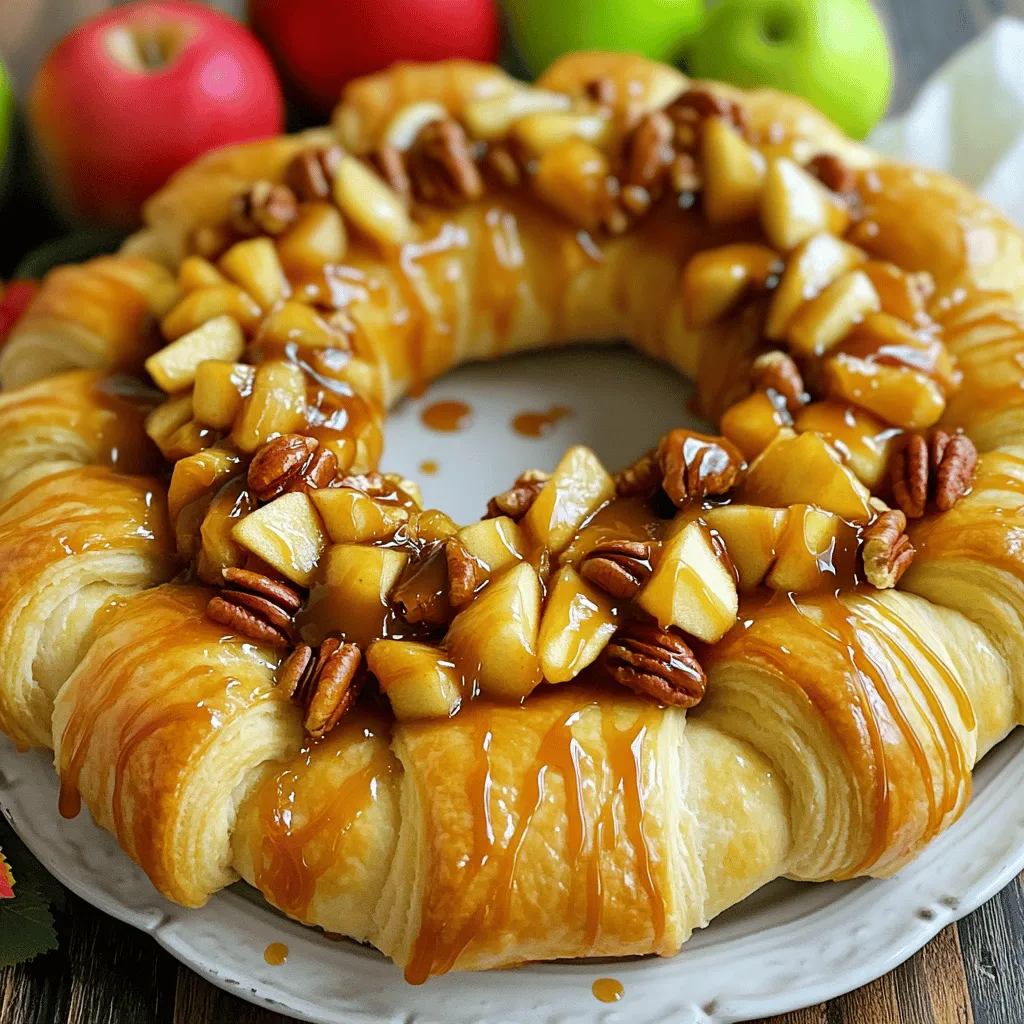 - 2 tubes of crescent roll dough - 1 (8 oz) package cream cheese, softened - 1 cup granulated sugar - 1 teaspoon pure vanilla extract - 1/2 teaspoon ground cinnamon - 2 medium apples, peeled and diced - 1/2 cup caramel sauce - 1 large egg - 1 tablespoon milk - 1/4 cup chopped pecans (optional) To make the Caramel Apple Cream Cheese Crescent Ring, you need fresh ingredients. The dough is the base, providing a flaky texture. The cream cheese adds richness, while sugar sweetens the filling. Vanilla gives a warm aroma, and cinnamon adds spice. For the fruit, I love using Granny Smith apples. They balance the sweetness with a nice tartness. The caramel sauce gives a gooey, sweet element, making each bite delightful. The egg and milk mixture serves as an egg wash, ensuring a golden crust when baked. If you want extra crunch, add pecans. They give a great texture contrast. Feel free to mix and match these ingredients based on your taste. You can find the full recipe in the article. - Preheat your oven to 375°F (190°C). This temperature is key for a golden finish. - Unroll the crescent roll dough on a parchment-lined baking sheet. This helps with easy cleanup later. - In a medium bowl, combine cream cheese, sugar, vanilla, and cinnamon. - Blend until smooth and creamy. This mixture will be the heart of your crescent ring. - Arrange dough in a circular formation. Overlap the triangles slightly for a nice ring shape. - Spread the cream cheese mixture over the center area. Make sure it’s even and well-covered. - Fold the pointed ends of the dough over the filling. Tuck them slightly under the ring. - Prepare the egg wash by whisking together the egg and milk. This gives the dough a beautiful shine. - Brush the egg wash over the dough. Then sprinkle with chopped pecans for added crunch. - Bake for 25-30 minutes until golden brown. Keep an eye on it for perfect doneness. Enjoy this treat! For the complete details, check the Full Recipe. To make the best caramel apple cream cheese crescent ring, pay close attention to the dough. First, overlap the dough triangles evenly. This helps the ring bake uniformly. If the dough overlaps too much or too little, some parts may burn while others stay raw. Using room temperature cream cheese is key. Cold cream cheese makes it hard to blend. So, let it sit out for about 30 minutes before mixing. This makes blending easy and gets a smooth filling. To boost the flavor, consider adding more spices. Nutmeg and allspice pair well with apples. A pinch of each can elevate the taste. You can also adjust the caramel sauce. If you like it sweeter, add more sauce. If you want less sugar, use less. You can always taste the filling before adding it to the dough. Serving your crescent ring on an elegant platter makes a big difference. A nice dish adds class to your dessert. Garnish with fresh apple slices around the ring. It adds color and freshness. A drizzle of caramel sauce on top makes it even more tempting. This will wow your guests and make the dish look fabulous. For the full recipe, check out the complete guide. {{image_4}} You can switch up the apples in this recipe. Try using pears or peaches for a unique twist. Both fruits add a juicy sweetness that pairs well with cream cheese. You can also mix in dried fruits like raisins or cranberries. This adds chewiness and depth to the dish. Each fruit brings its flavor, making it fun to experiment. If you want a lighter option, use low-fat cream cheese. It still tastes great but cuts down on fat. For sweetness, consider using sugar substitutes. Options like stevia or monk fruit work well. These keep the flavor intact without the extra calories. Your friends and family will love it, and you'll feel good serving it. To celebrate fall, add pumpkin spice to the cream cheese mix. This gives the dish a warm, cozy feel. If you're in the mood for dessert, sprinkle in some chocolate chips. They melt beautifully and add a rich sweetness. Both ideas make this dish perfect for any season. You can enjoy it year-round by changing the flavor profile. To keep your Caramel Apple Cream Cheese Crescent Ring fresh, store it in the fridge. Wrap it tightly in plastic wrap or aluminum foil. You can also place it in an airtight container. This helps to keep the flavors intact and prevents it from drying out. For best results, eat leftovers within three days. If you want to freeze the crescent ring, do so before baking. Assemble the ring as per the recipe, but do not bake it. Instead, cover it well with plastic wrap or foil. Place it in a freezer-safe container. When ready to bake, remove it from the freezer. Let it thaw in the fridge overnight, then bake as directed. This keeps the dough fresh and flaky. When you store the crescent ring in the refrigerator, it lasts about three days. If you notice any off smells or mold, it’s best to discard it. Always check for signs of spoilage before eating. Enjoy your delicious dessert while it’s fresh! Yes, you can prepare this recipe ahead of time. To do this, follow these simple tips: - Prepare the filling: Mix the cream cheese, sugar, vanilla, and cinnamon. Store it in the fridge. - Slice the apples: Dice the apples and toss them with caramel sauce. Keep them in an airtight container. - Assemble before baking: You can assemble the crescent ring and cover it with plastic wrap. Store it in the fridge for up to a day. - Bake when ready: When you’re ready to enjoy, just bake the crescent ring as directed. This keeps the dough fresh and flaky. For the best flavor, I recommend using: - Granny Smith apples: They are tart and crisp, which balances the sweet caramel. - Honeycrisp apples: They are sweet, juicy, and have a great crunch. These apples hold their shape well when baked. You can also mix different types for more flavor. To keep the dough from getting soggy, follow these tips: - Pat dry the apples: After dicing the apples, make sure they are not too wet. Pat them dry with a paper towel. - Use the right amount of caramel: Don’t overdo the caramel sauce. A little goes a long way. - Bake immediately: If you prepare the crescent ring ahead of time, bake it soon after assembling. This keeps the dough nice and crisp. By following these steps, you will enjoy a perfectly baked, flaky crescent ring every time! Check out the Full Recipe for step-by-step instructions. You now have all the tools to make a delicious crescent ring. We covered key ingredients, step-by-step baking, and tips for better flavor and texture. Feel free to try different fruits or healthier ingredients to match your taste. Don't forget to store your leftovers properly for the best taste later. Enjoy making, sharing, and tasting this fun recipe with loved ones. Cooking should be easy and enjoyable!