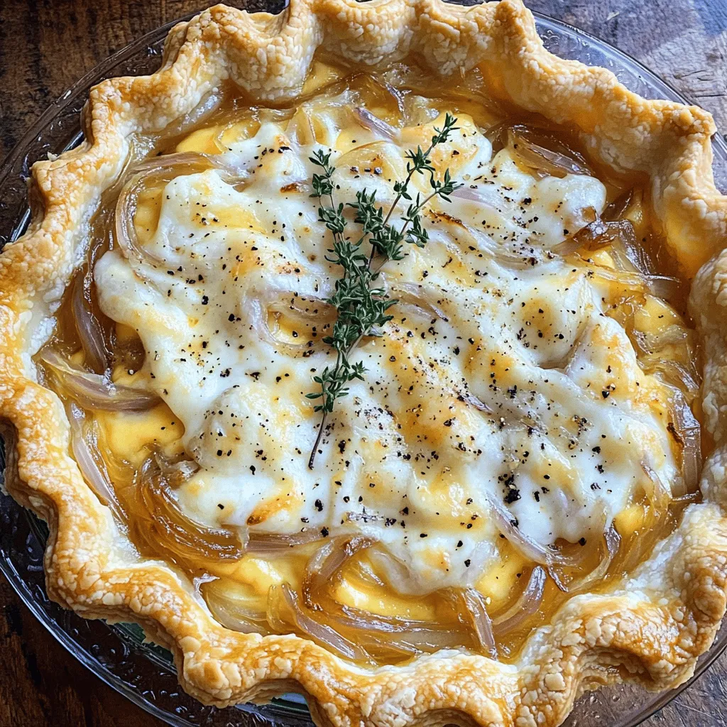 - 3 large sweet onions, thinly sliced - 1 tablespoon olive oil - 1 teaspoon sugar - 1 teaspoon salt - 1 tablespoon fresh thyme leaves (or 1 teaspoon dried thyme) - 1 cup heavy cream - 2 large eggs - ½ cup grated Gruyère cheese (or Swiss cheese) - 1 pre-made pie crust (store-bought or homemade) - Freshly cracked black pepper, to taste When choosing sweet onions, look for firm ones with smooth skin. The best sweet onions should feel heavy for their size and have no soft spots. Vidalia and Walla Walla are great choices. For cream, use heavy cream for a rich texture. If you want a lighter option, half-and-half works well too. Gruyère cheese adds depth, but Swiss cheese is a fine substitute. Both melt beautifully in the pie. If you wish to make more or fewer servings, you can easily adjust the amounts. For example, to make four servings, use two onions and half the other ingredients. If you have dietary needs, you can substitute eggs with flaxseed meal mixed with water for a vegan option. Use almond milk or coconut cream instead of heavy cream for a dairy-free version. This recipe is flexible and can fit many diets! For the full recipe, check out the details above. Preheating the oven Start by preheating your oven to 375°F (190°C). This ensures even cooking for your pie. Caramelizing sweet onions In a large skillet, pour 1 tablespoon of olive oil over medium heat. Add 3 thinly sliced sweet onions. Sprinkle with 1 teaspoon of sugar and 1 teaspoon of salt. Cook for 15-20 minutes, stirring often. You want the onions to be soft and fragrant. Their natural sweetness will shine as they caramelize. Stir in 1 tablespoon of fresh thyme leaves and cook for 2 more minutes. Remove them from heat and let them cool slightly. Whisking cream and eggs Grab a mixing bowl and whisk together 1 cup of heavy cream and 2 large eggs. Blend them until smooth and fully combined. Combining onion mixture and cheese Gently fold in the caramelized onions and ½ cup of grated Gruyère cheese. Make sure to add freshly cracked black pepper to taste. This combination will create a rich, flavorful filling for your pie. Preparing the pie crust Take 1 pre-made pie crust and place it in a pie dish. If you made your own crust, roll it out and transfer it to the dish. Pouring and spreading the filling Pour your delicious filling into the crust. Use a spatula to spread it out evenly. This step is important for a nice, even bake. Optimal baking time and temperature Place your pie in the preheated oven. Bake it for 35-40 minutes. Keep an eye on the top; it should turn golden brown. How to check if the pie is done To check if the pie is done, insert a knife into the center. If it comes out clean, the filling is set. Let the pie cool for 10-15 minutes before slicing. This helps the filling firm up for clean cuts. Enjoy your sweet onion pie! For full details on this recipe, check the Full Recipe section. To avoid a soggy bottom, you can use blind baking. This means pre-baking your crust before adding the filling. Simply line your pie crust with parchment paper and fill it with pie weights or dried beans. Bake it for about 10-15 minutes at 375°F (190°C). This helps create a crisp crust that won’t get soggy from the filling. To elevate your sweet onion pie, consider adding herbs and spices. Fresh herbs like rosemary or parsley can add depth. You can also try spices like nutmeg or cayenne for a kick. If you want to switch up the cheese, Gruyère is great, but cheddar or feta can provide a unique twist. Each cheese brings its own flavor profile, so feel free to experiment. For a beautiful presentation, garnish your pie with a sprig of fresh thyme. It adds color and freshness. When serving, cut the pie into eight slices for a perfect portion. Serve it warm, perhaps alongside a light salad for a balanced meal. This will impress your guests and make for a delightful dining experience. {{image_4}} You can switch up the cheese in your sweet onion pie for a new twist. Try cheddar for a sharp flavor or feta for a creamy bite. Mozzarella works well too, adding a nice stretch. Each cheese brings its own taste, making the pie unique. Cheese choice can change the whole vibe of your dish. Adding veggies can enhance your sweet onion pie. Spinach is a great option; it adds color and nutrients. Mushrooms also blend nicely, bringing an earthy flavor. Both choices add depth and make each slice exciting. Mix and match to find your perfect blend! If you need a gluten-free pie, it's easy to adapt. You can use almond or coconut flour to make a gluten-free crust. This will keep the pie tasty while meeting dietary needs. Just follow the same steps for filling and baking. Your gluten-free guests will love this dish too! Don’t forget to check the [Full Recipe] for more details on making the perfect sweet onion pie. To keep your sweet onion pie fresh, store it in an airtight container. You can also cover it tightly with plastic wrap. This will help maintain its flavors and moisture. Place the pie in the fridge if you plan to eat it within a few days. It should last about 4 to 5 days. When you're ready to enjoy your leftovers, reheat them in the oven. Set your oven to 350°F (175°C) and warm the pie for about 15 to 20 minutes. This method keeps the crust crispy and the filling warm. If you want to save your sweet onion pie for later, freezing is a great option. First, let the pie cool completely. Wrap it tightly in plastic wrap, then in aluminum foil. This helps prevent freezer burn. You can freeze the pie for up to 3 months. When you are ready to eat it, take it out of the freezer and place it in the fridge overnight to thaw. Once thawed, reheat it in the oven at 350°F (175°C) for about 30 minutes. This way, your pie stays tasty and delicious. For more instructions, check the Full Recipe. Sweet onion pie is a rich, savory dish. It features caramelized sweet onions baked in a creamy filling. This pie has roots in Southern cooking, where sweet onions grow in abundance. The blend of flavors creates a comforting and satisfying meal. Yes, you can prepare sweet onion pie ahead of time. Make the filling and pour it into the crust. Cover it well and store it in the fridge. You can freeze the pie too. Just wrap it tightly and keep it for up to three months. To make your pie more savory, try these tips: - Add cooked bacon or sausage for a meaty twist. - Mix in sautéed mushrooms to deepen the flavor. - Use sharper cheese, like aged cheddar, for more bite. These adjustments can change the taste and make it uniquely yours. Pair your sweet onion pie with simple side dishes. A fresh green salad adds crunch and color. Roasted vegetables bring out the pie's sweetness. A light soup can also be a great match. These sides balance the richness of the pie and enhance your meal. This blog post showed how to make a delicious sweet onion pie. You learned about the key ingredients, like sweet onions and Gruyère cheese. I provided tips for selecting the best ingredients and converting measurements. You also got step-by-step instructions for preparing, mixing, and baking your pie. In the end, this savory dish is versatile and great for sharing. Try adding different cheeses or veggies to make it your own. Enjoy the tasty results and impress your friends!