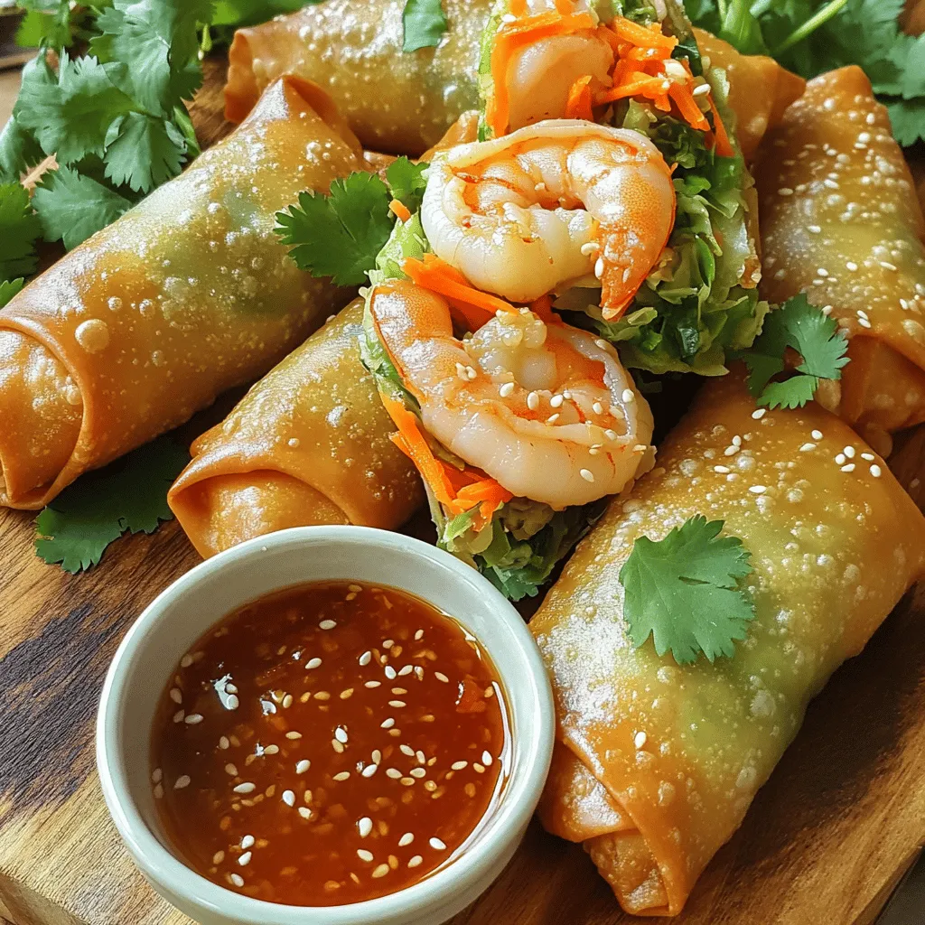 - 1 pound large shrimp, peeled and deveined - 2 cups green cabbage, finely shredded - 1 cup carrots, grated - 3 green onions, finely chopped - 2 cloves garlic, minced - 1 tablespoon fresh ginger, minced - 1 teaspoon soy sauce - 1 teaspoon sesame oil - 1 package of egg roll wrappers (about 20 wrappers) - Vegetable oil for frying - Salt and pepper to taste For the best crispy shrimp and cabbage egg rolls, fresh ingredients matter. Shrimp should be plump and firm. Fresh cabbage adds crunch, while carrots bring sweetness. Green onions give a nice bite. Garlic and ginger add warmth and depth. When combining flavors, soy sauce and sesame oil enhance the dish. These help bind the filling while adding rich umami. I prefer using high-quality vegetable oil for frying. It creates a golden, crispy texture that makes every bite delightful. While you can find all of these ingredients at your local store, consider visiting a farmer's market for fresher options. You can also find the full recipe here to guide you through the process. Start by mixing the shrimp and vegetables. In a large bowl, combine: - 1 pound large shrimp, peeled and deveined - 2 cups green cabbage, finely shredded - 1 cup carrots, grated - 3 green onions, finely chopped - 2 cloves garlic, minced - 1 tablespoon fresh ginger, minced Mix these ingredients gently. This helps to blend the flavors. Next, season the mixture with soy sauce and sesame oil. Add: - 1 teaspoon soy sauce - 1 teaspoon sesame oil - Salt and pepper to taste Stir well. This step ensures each bite is full of flavor. Now, let's fill and roll the egg rolls. Take one egg roll wrapper and lay it flat. Position one corner towards you. Spoon about 2 tablespoons of the shrimp mixture onto the nearest corner. Fold the corner over the filling. Then, bring the side corners in towards the center. Roll the wrapper tightly away from you. Make sure to seal the edges with a bit of water if needed. Repeat these steps until you use all the wrappers and filling. Next, it’s time to fry the egg rolls. Heat vegetable oil in a deep frying pan over medium heat. The oil should reach 350°F (175°C). This temperature is key for crispiness. Carefully place a few egg rolls in the hot oil. Do not overcrowd the pan. Fry them for 3-4 minutes. They should turn golden brown and crispy on all sides. Once done, use a slotted spoon to remove the egg rolls. Place them on a plate lined with paper towels to drain excess oil. Allow them to cool a bit before serving. For the full recipe, check the detailed instructions above. Enjoy the crispy delight! To get that perfect crispy texture, aim to heat your oil to 350°F (175°C). This temperature helps the egg rolls fry quickly. If the oil is too cool, the egg rolls absorb more oil and become soggy. Do not overcrowd the pan. Fry only a few egg rolls at a time. Overcrowding lowers the oil temperature, which leads to less crispness. Give each roll enough space to cook evenly. For a beautiful presentation, arrange your crispy egg rolls on a platter. Use a small bowl of sweet chili sauce for dipping. This sauce adds a nice sweetness to balance the savory flavors. You can garnish the platter with chopped cilantro or sesame seeds for color. Pair these egg rolls with a fresh salad or some steamed rice. A light cucumber salad complements the flavors well. Want to spice things up? Try adding some red pepper flakes or a dash of five-spice powder to your filling. These spices give the rolls an extra kick. Feel free to customize your filling. You can swap out the shrimp for tofu or mushrooms. Adding different vegetables like bell peppers or snap peas keeps things fresh and exciting. {{image_4}} You can easily swap shrimp for tofu or mushrooms. Tofu gives a nice texture and absorbs flavors well. Mushrooms add a savory taste. Choose firm tofu for the best results. Adjust the seasonings to match the vegetarian taste. You might want to add more soy sauce or some chili flakes for a kick. Fresh herbs like cilantro or basil can also boost flavor. You can try many different vegetables in your egg rolls. Carrots, bell peppers, and bean sprouts work great. Think about adding spinach or zucchini for more color and crunch. Adding cheese can create a creamy texture. Consider using cream cheese or mozzarella for a tasty twist. You could also mix in cooked chicken or pork if you want more protein. Using an air fryer is a fantastic way to make these egg rolls. Preheat your air fryer to 375°F (190°C). Place the egg rolls in a single layer in the basket. Cook them for about 10-12 minutes until golden brown. Flip them halfway through for even cooking. This method cuts down on oil and keeps them crispy. Check them often to avoid burning. For the full recipe, follow the steps listed in the earlier sections. To store leftover crispy shrimp and cabbage egg rolls, place them in an airtight container. Refrigerate them right away. This keeps them fresh and safe to eat. Aim to eat leftovers within three days for the best taste. You can freeze both uncooked and cooked egg rolls. For uncooked egg rolls, arrange them on a baking sheet. Freeze them until solid, then transfer to a freezer bag. For cooked egg rolls, let them cool first. Then, store them in an airtight container. To thaw, leave them in the fridge overnight. For quick thawing, you can use the microwave. Reheat cooked egg rolls in the oven at 350°F (175°C) for about 10 to 15 minutes until warm and crispy. When storing seafood, always follow safety rules. Keep shrimp in the fridge at 40°F (4°C) or below. Use it within one to two days after buying. Look out for signs of spoilage in shrimp. These include a strong fishy smell, slimy texture, or discoloration. Always trust your senses; when in doubt, throw it out! For the full recipe, check out the details above. To keep your egg rolls crispy, follow these tips: - Use dry ingredients: Make sure your vegetables are well-drained before mixing. Excess moisture can lead to soggy rolls. - Fry at the right temperature: Heat your oil to 350°F (175°C). Too low of a temperature makes them soggy. - Avoid overcrowding: Fry only a few rolls at a time. Overcrowding lowers the oil temperature and leads to sogginess. Yes, you can use frozen shrimp, but follow these guidelines: - Thaw properly: Place them in the fridge overnight or run them under cold water. Do not use hot water, as it affects the texture. - Pat dry: Make sure to dry the shrimp with a paper towel before adding them to your mixture. This will prevent extra moisture. Some popular sauces that enhance flavors include: - Sweet chili sauce: It adds a nice sweetness and spice. - Soy sauce: A classic choice that adds saltiness. - Peanut sauce: Creamy and rich, it pairs well with shrimp. - Sriracha mayo: For those who love a little heat and creaminess. You can reduce calories and fat content by considering these options: - Baking instead of frying: Brush the rolls with a little oil and bake at 400°F (200°C) until golden. - Reduce oil: Use less oil when frying or opt for air frying. - Add more veggies: Increase the amount of cabbage and carrots to boost fiber and nutrients without many calories. For the full recipe, check out the Crispy Shrimp and Cabbage Egg Rolls section. This blog post covers shrimp and cabbage egg rolls from start to finish. We discussed ingredients, detailed preparation steps, and frying techniques for perfect crispiness. I offered tips for serving and flavor variations, as well as storage and safety information. Try customizing your egg rolls to fit your taste. Whether you opt for the vegetarian version or add special spices, the options are endless! Enjoy creating delicious, crunchy treats at home. Your friends will love these egg rolls!