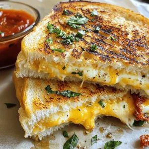 - 4 slices of hearty sourdough bread - 2 tablespoons unsalted butter, softened - 1 cup sharp cheddar cheese, grated - 1/2 cup mozzarella cheese, grated - 1 tablespoon fresh basil, finely chopped - 1/4 cup sun-dried tomatoes, chopped - 1/2 teaspoon garlic powder - Salt and pepper to taste A grilled cheese sandwich starts with simple, quality ingredients. I love using hearty sourdough bread. It gives a great texture and taste. The butter adds richness and helps the bread crisp up nicely. Cheddar and mozzarella create a perfect melt. Cheddar brings sharpness and flavor. Mozzarella adds that gooey, stretchy quality we all love. For a twist, I often add fresh basil. It brings a bright flavor that pairs well with cheese. Sun-dried tomatoes add a hint of sweetness and tang. Garlic powder gives depth to each bite. Salt and pepper are key. They enhance the flavors and really bring the sandwich to life. Adjust these to fit your taste. Together, these ingredients make a grilled cheese that is both savory and satisfying. For the full recipe, refer to the details shared earlier. - Preheat the skillet over medium heat. - Butter one side of each slice of bread. Start by heating your skillet. This step is key. A warm skillet helps create a crisp crust. While it heats, butter the bread. Use softened butter for easy spreading. Make sure to cover one side of each slice with butter. This will be the side that sizzles in the skillet. - Layer cheeses and optional ingredients on the bread. - Top with the second slice of buttered bread. Once your skillet is ready, place two slices of bread in it. Buttered side should face down. Now it's time to add your cheese. Start with a layer of sharp cheddar. Follow that with mozzarella for extra creaminess. If you want, add fresh basil and sun-dried tomatoes. Sprinkle in garlic powder, salt, and pepper for more flavor. Top with the other slice of bread, making sure the buttered side is up. - Cook for 4-5 minutes until golden brown before flipping. - Grill the other side for an additional 4-5 minutes. Let the sandwich cook for 4-5 minutes. Keep an eye on the bread. It should turn a lovely golden brown. When it's ready, gently flip the sandwich. Use a spatula to avoid spills. Grill the other side for another 4-5 minutes. Check to see if the cheese is melting nicely. When both sides are crisp and golden, your grilled cheese is ready to enjoy! Don't forget to check the [Full Recipe] for more tips and tricks on serving this delightful dish! For a great grilled cheese, fresh cheese is key. Use sharp cheddar and mozzarella that you grate yourself. This gives the best melt and flavor. Adjust your heat to medium. Too high, and you burn the bread before the cheese melts. Too low, and the bread may not crisp up. To add flavor, season the cheese with a touch of salt and pepper. You can also mix in garlic powder for a nice kick. Try combining different cheeses like gouda or fontina for a new taste. Each cheese brings its own twist, making your sandwich unique. Pair your grilled cheese with tasty dips. A warm bowl of marinara sauce is perfect. It adds a nice, tangy flavor. For a pretty plate, cut the sandwich diagonally. Garnish with fresh basil leaves. This makes your dish pop and look inviting. For the full recipe, check out the Cheesy Delight Grilled Sandwich section. {{image_4}} You can use many types of bread for your grilled cheese. Each type adds a unique taste and texture. Here are some great options: - Whole wheat: This bread gives a nutty flavor and a hearty bite. - Rye: Rye adds a rich taste and pairs well with strong cheeses. - Gluten-free: If you need gluten-free, many options work. Look for bread made from rice or almond flour. Cheese is the star of the grilled cheese sandwich. You can mix and match different types for a unique flavor. Here are some great combos: - Sharp cheddar: This is a classic choice. It melts well and has a bold flavor. - Mozzarella: This cheese is creamy and stretchy. It gives that gooey texture we love. - Gruyère: This Swiss cheese has a nutty taste and melts beautifully. - Pepper jack: If you like a kick, this cheese adds spice and flavor. Adding toppings can take your grilled cheese to the next level. Here are some tasty ideas: - Vegetables: Spinach, tomatoes, or avocado add freshness. - Meats: Bacon or ham adds richness and heartiness. - Spices and herbs: Try fresh basil or a sprinkle of garlic powder to boost flavor. For a delicious twist, check the Full Recipe for more ideas on how to make your grilled cheese special! To keep your grilled cheese fresh, wrap it in plastic wrap or foil. Store it in the fridge. This helps retain moisture and flavor. - Best practices for refrigeration: Place the wrapped sandwich in an airtight container. This prevents it from drying out. Use it within three days for the best taste. - Reheating methods to maintain crispiness: To reheat, use a skillet over medium heat. Add a little butter to the pan. This gives the bread a nice crunch. Heat each side for about 2-3 minutes until warm and crispy. Freezing grilled cheese is a great way to save extra sandwiches. - Instructions for freezing grilled cheese sandwiches: Allow the sandwiches to cool completely. Wrap each one tightly in plastic wrap, then place them in a freezer bag. This keeps out air and moisture. - Thawing and reheating for best results: When ready to eat, take the sandwich out and thaw it in the fridge overnight. Reheat in a skillet or toaster oven for the best texture. Grilled cheese sandwiches have a decent shelf life when stored properly. - Expected timeframes for freshness: In the fridge, they last about three days. If frozen, they can keep for up to three months. Always check for changes in smell or texture before eating. To make a grilled cheese sandwich, follow these steps: 1. Preheat your skillet over medium heat. 2. Butter one side of each slice of sourdough bread. 3. Place two buttered slices in the skillet, butter-side down. 4. Add sharp cheddar and mozzarella cheese on top. 5. Sprinkle on optional ingredients like basil and garlic powder. 6. Place the other two slices on top, butter-side up. 7. Grill for 4-5 minutes until golden brown. 8. Flip and grill the other side for 4-5 more minutes. 9. Remove from heat and let rest before slicing. The best cheese for a grilled cheese sandwich has great melting properties. I love using: - Sharp cheddar: It melts well and has a strong flavor. - Mozzarella: It adds creaminess and stretchiness. - Gouda or fontina: These cheeses melt smoothly and taste rich. Mixing different cheeses can create a more complex flavor. To make your grilled cheese sandwich healthier, try these tips: - Use whole grain bread instead of white bread. - Choose low-fat cheese options or reduce the amount. - Add veggies like spinach, tomatoes, or avocados for more nutrients. - Use less butter or switch to olive oil for grilling. These changes keep the taste while cutting calories. Yes, you can make grilled cheese in a toaster. Here’s how: 1. Assemble your sandwich as usual, but leave the butter off the bread. 2. Place the sandwich in a toaster bag to prevent mess. 3. Toast it on a low setting to avoid burning. 4. Check it often to ensure even browning. Using a toaster is a quick and easy method! Using butter or mayonnaise both works well, but they give different results: - Butter: It provides a classic flavor and helps achieve a golden, crispy crust. - Mayonnaise: It has a higher smoke point and can create a crunchier texture. I prefer butter for that rich taste, but you can try both to find your favorite! In this article, we covered the essential ingredients and steps to make a perfect grilled cheese sandwich. You learned how to pick the right cheeses, flavors, and even storage tips. Remember, this classic dish can be fun to customize with different breads and add-ons. Enjoy experimenting with new tastes. With these simple tricks, you can create tasty grilled cheese sandwiches that everyone will love. Happy grilling!