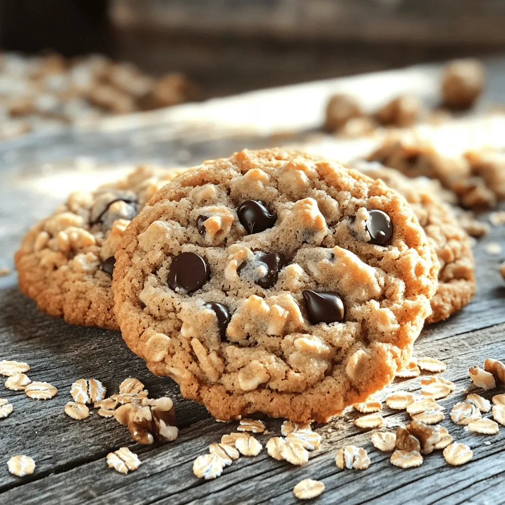 - 1 cup rolled oats - 1 cup all-purpose flour - 1/2 cup packed brown sugar - 1/2 cup granulated sugar - 1/2 cup unsalted butter, softened - 1/4 cup honey - 1 large egg - 1 teaspoon pure vanilla extract - 1/2 teaspoon baking soda - 1/2 teaspoon salt - 1/2 teaspoon ground cinnamon - 1/2 cup dark chocolate chips - 1/2 cup walnuts (optional) To make oatmeal cookies, you need a mix of simple ingredients. The rolled oats give texture, while the sugars add sweetness. Butter makes the cookies soft. Honey brings a nice flavor. The egg helps bind everything together. Vanilla adds a lovely aroma. Baking soda helps them rise, while salt enhances all the flavors. Cinnamon adds warmth. Finally, dark chocolate chips and walnuts (if you choose) add delicious bites. - Dried fruits (raisins, cranberries) - Seeds (sunflower, pumpkin) - Coconut flakes You can get creative! Dried fruits like raisins or cranberries add chewiness. Seeds like sunflower or pumpkin give crunch and nutrition. Coconut flakes add a tropical twist. Feel free to mix and match based on what you like. - Gluten-free flour substitutes - Vegan options (substituting eggs and butter) If you need gluten-free cookies, use gluten-free flour. For vegan cookies, replace the egg with a flax egg or applesauce. Use coconut oil instead of butter. These swaps keep your cookies tasty and fit your diet needs. For the complete recipe, check the Full Recipe section. - Preheat oven to 350°F (175°C) and prepare baking sheet. - Cream together butter and sugars until light and fluffy. - Combine wet ingredients: honey, egg, and vanilla in a bowl. - Mix dry ingredients in a separate bowl: oats, flour, baking soda, salt, and cinnamon. - Incorporate dry ingredients into wet mixture slowly. - Fold in chocolate chips and walnuts until evenly mixed. - Scoop dough onto baking sheet and flatten slightly. - Bake for 10-12 minutes until golden brown. This process is simple yet rewarding. You can make these cookies quickly, and they taste amazing. For the full recipe, check the previous section! To make great oatmeal cookies, keep a few tips in mind. First, avoid over-mixing the dough. When you mix too much, the cookies can turn out tough. Just mix until the ingredients blend. Next, refrigerate the dough for 30 minutes before baking. This step helps the cookies hold their shape. Chilling the dough also makes them chewier. Fresh spices make a big difference in flavor. Always use fresh ground cinnamon. It gives your cookies a warm, sweet taste. You can also experiment with different extracts. Try almond or maple instead of vanilla for a fun twist. These small changes can really enhance your cookie experience. How you serve your cookies matters. Dust them lightly with powdered sugar before serving. It adds a nice touch and looks pretty. Pair the cookies with a glass of cold milk or a warm cup of tea. This classic combo makes your treat feel special and inviting. For the full recipe, check out the complete details. {{image_4}} You can easily change your oatmeal cookies to fit your taste. One fun option is peanut butter oatmeal cookies. Just add half a cup of creamy or crunchy peanut butter to your dough. This addition gives your cookies a yummy nutty flavor. Another tasty choice is oatmeal cookies with butterscotch chips. Replace the dark chocolate chips with butterscotch chips for a sweet twist. The warm flavor of butterscotch pairs well with the oats. If you want a healthier cookie, try using sugar alternatives. Stevia or coconut sugar can replace regular sugar without losing sweetness. This change makes the cookies lower in calories. You can also add protein powder for a boost. Mix one scoop of your favorite protein powder into the dough. This addition can help you feel fuller and add extra nutrients. Mix-ins can take your cookies to the next level. Try different nuts or seeds for crunch. Chopped almonds, pecans, or sunflower seeds work great! You can also incorporate spices or zests for extra flair. A teaspoon of orange or lemon zest brightens the flavor. Ground ginger or nutmeg can add warmth and depth. For the full recipe, check out the Oatmeal Cookie Delight. To keep your oatmeal cookies fresh, store them in an airtight container. This helps maintain their soft texture. You should enjoy them within 5 days for the best taste. You can freeze either the cookie dough or the baked cookies. If you freeze the dough, scoop it onto a baking sheet first. Once frozen, transfer the dough balls to a freezer bag. This way, you can bake fresh cookies anytime. If you freeze baked cookies, place them in a single layer in a freezer-safe container. Make sure to separate layers with parchment paper to avoid sticking. To reheat cookies, use an oven. Preheat it to 350°F (175°C). Place the cookies on a baking sheet and heat for about 5 minutes. This method helps keep them soft and tasty. You can also use a microwave. Heat cookies for 10-15 seconds, but be careful not to overdo it. Enjoy those warm cookies with a glass of milk or your favorite drink. Oatmeal cookies last about one week when stored in an airtight container. To keep them fresh, place a slice of bread in the container. This slice will help maintain moisture and prevent the cookies from drying out. If you want to keep them longer, freeze them. They can last up to three months in the freezer. Just make sure to wrap them well in plastic wrap or foil. Yes, you can. If you want to skip the eggs, try using unsweetened applesauce or mashed bananas. Use 1/4 cup of either as a substitute for one egg. You can also try flaxseed meal. Mix 1 tablespoon of flaxseed meal with 2.5 tablespoons of water. Let it sit for a few minutes until it thickens. This works as a great binding agent. For oatmeal cookies, I recommend using rolled oats. Rolled oats give the best texture and chewiness. Quick oats are smaller and cook faster, which can make your cookies softer. Instant oats are even finer and may result in a mushy cookie. So, stick with rolled oats for the best results. Oatmeal cookies can be healthy if made with whole ingredients. Oats are rich in fiber and help with digestion. They also provide lasting energy. Using less sugar and adding nuts or dried fruits can boost nutrition. Just watch the portions, as cookies can still be high in calories. You can use quick oats, but they change the texture. Quick oats will make your cookies softer and less chewy. If you prefer a firmer cookie, stick with rolled oats. However, if you only have quick oats, they will still taste good; just keep in mind the difference in texture. You now have a complete guide on making delicious oatmeal cookies. We explored the key ingredients, step-by-step instructions, and useful tips to perfect your cookies. Remember to try different flavor combos and mix-ins to suit your taste. Enjoy these cookies fresh or store them for later. Baking is fun and easy! With practice, you’ll master tasty variations each time. Happy baking!