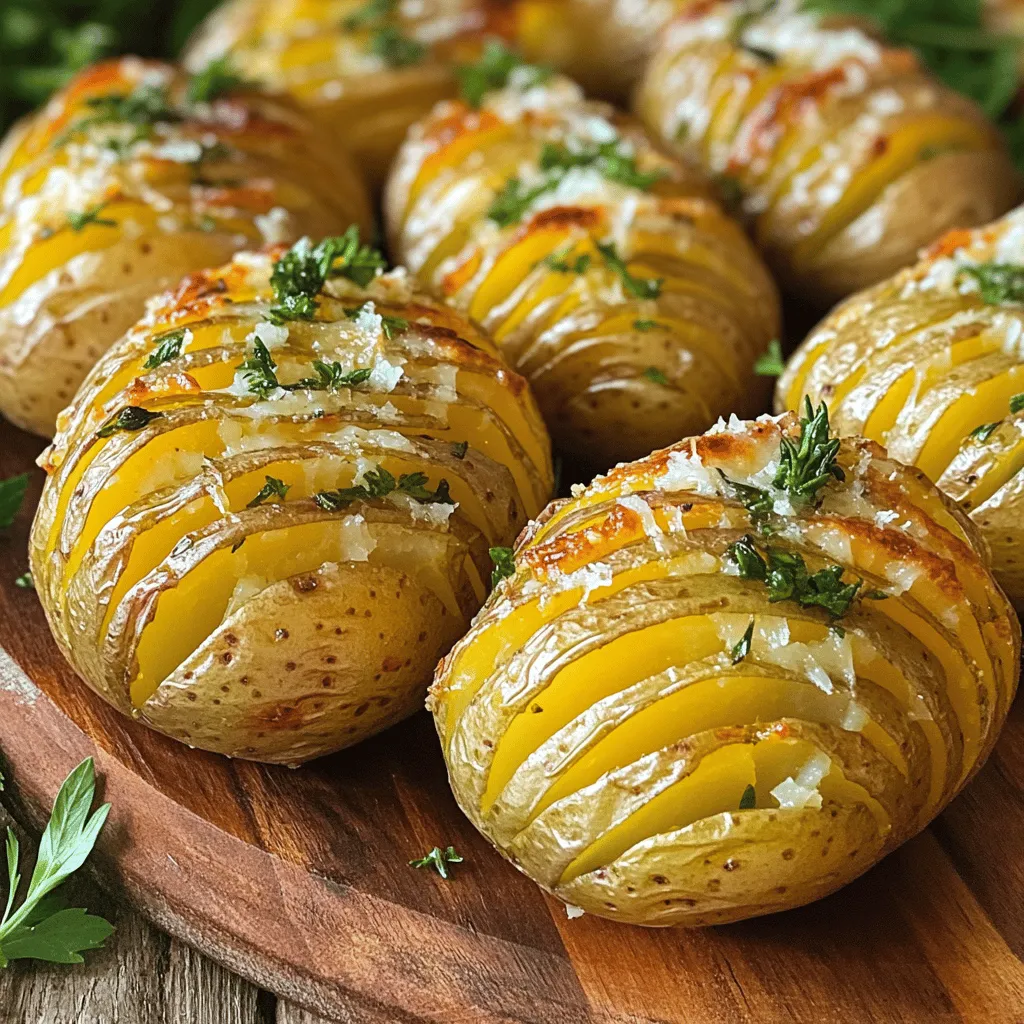 To make Hasselback potatoes, you need a few key ingredients. Here’s what I recommend: - 4 medium-sized russet potatoes - 4 tablespoons extra virgin olive oil - 3 cloves garlic, minced - 1 teaspoon fresh rosemary, finely chopped - 1 teaspoon fresh thyme, finely chopped - 1 teaspoon sea salt - ½ teaspoon freshly ground black pepper - ¼ cup freshly grated Parmesan cheese You can also add some extra touches for flavor and texture: - Fresh herbs like rosemary or thyme bring a nice aroma. - Cheese options like Parmesan or Gruyère add a rich, creamy taste. - Additional seasonings such as paprika or garlic powder can enhance the dish. For a delightful serving, you might want to add some chopped parsley on top. These ingredients make Hasselback potatoes a simple and flavorful delight. Check out the [Full Recipe] for more details! 1. Preheat the oven and prepare potatoes Start by preheating your oven to 425°F (220°C). This heat makes the potatoes crispy. Next, rinse the russet potatoes under cold water. This step removes dirt. After rinsing, dry them well with a towel. 2. How to slice potatoes correctly Place one potato on a cutting board. Use a sharp knife to make thin slices. Space the cuts about ¼ inch apart. Be careful to stop cutting about ¼ inch from the bottom. This keeps the potato whole and gives it the right shape. 3. Making the herb-infused oil mixture In a bowl, mix together 4 tablespoons of olive oil, 3 minced garlic cloves, 1 teaspoon each of chopped rosemary and thyme, 1 teaspoon sea salt, and ½ teaspoon black pepper. Stir it well. This mix will add great flavor to the potatoes. 1. Applying the oil mixture Use a pastry brush or spoon to apply the oil mix over each potato. Make sure the oil gets into the cuts. This helps infuse flavor. 2. Cheese application tips After the oil, sprinkle ¼ cup of grated Parmesan cheese on top. Let some cheese fall into the slices. This adds even more taste as they bake. 3. Baking instructions and timing Place the potatoes on a baking sheet with parchment paper. Bake them for 45 to 50 minutes. You want them golden brown outside and tender inside. 1. Presentation tips for Hasselback potatoes When done, arrange your crispy potatoes on a nice platter. Drizzle some olive oil on top for shine. You can add fresh parsley on top for color. 2. Accompaniments Serve these potatoes with a side of sour cream or yogurt. These creamy dips bring out the flavors and make the dish more fun. Enjoy this crispy, flavorful delight! Proper slicing technique When you slice your potatoes, be careful. Use a sharp knife and cut about ¼ inch apart. Make sure to stop just before you reach the bottom. This keeps the potato whole. If you cut all the way through, you lose that lovely Hasselback look. Overbaking or underbaking issues Watch your baking time closely. If you bake too long, the potatoes can get dry. If not long enough, they will be hard and not cooked through. Aim for a golden-brown crust on the outside and tender inside. Check them at 45 minutes. Marinating ideas To boost flavor, try marinating your potatoes. You can soak them in the herb-infused oil for 30 minutes before baking. This adds a punch of flavor deep into each slice. Creative seasoning blends Don’t just stick to salt and pepper. Consider adding smoked paprika, garlic powder, or even chili flakes. These spices will give your potatoes a unique taste. Experiment with different blends to find your favorite. Recommended knives and cutting boards A sharp chef’s knife is key for slicing. Use a sturdy cutting board to keep it stable. Plastic boards are easy to clean, but wooden boards can be nicer on your knife. Baking sheet and parchment paper tips Use a baking sheet lined with parchment paper. This makes cleanup easy and helps prevent sticking. Make sure the potatoes have enough space between them for even cooking. {{image_4}} You can use many types of cheese on your Hasselback potatoes. Each cheese gives a new taste. Classic choices include Parmesan and Gruyère. For a richer flavor, try aged cheddar. If you want to keep it plant-based, there are vegan cheese options. Look for brands that melt well. They can add creaminess without dairy. Nutritional yeast is another tasty choice. It gives a cheesy flavor without any cheese at all. Mixing herbs can change the whole dish. Classic herbs like rosemary and thyme work great. You can also try dill or parsley for a fresh twist. For kick, add spicy herbs. Consider using crushed red pepper or cayenne. These can give your potatoes a nice heat. Don’t be afraid to experiment and find your perfect mix! Adding extras can make your Hasselback potatoes even better! You can mix in bacon bits for crunch and flavor. Chopped chives or caramelized onions add a nice touch too. If you want to keep it vegetarian, go for sautéed mushrooms or bell peppers. These options keep your dish light while adding great taste. It’s all about making your meal unique! For the full recipe, check out the details above. Once you've enjoyed your Hasselback potatoes, store any leftovers in the fridge. First, let them cool down to room temperature. Then, wrap them in plastic wrap or place them in an airtight container. This keeps them fresh and tasty. Properly stored, they can last up to three days in the fridge. Just remember, the sooner you eat them, the better they taste! When you're ready to enjoy your leftovers, reheating properly is key. The oven is the best method for keeping that crispy texture. Preheat your oven to 350°F (175°C). Place the potatoes on a baking sheet and heat for about 15-20 minutes. This way, they warm up without turning mushy. If you’re in a hurry, you can use the microwave. However, this method may make the potatoes soft. Heat them in short bursts, checking often to avoid overcooking. Can you freeze Hasselback potatoes? Yes, but it's not the best choice for taste. If you want to freeze them, let them cool completely first. Wrap each potato tightly in plastic wrap, then place them in a freezer bag. They can stay frozen for up to two months. To reheat, let them thaw overnight in the fridge. Then, use the oven method to warm them back up. This will help keep some of that delicious texture. For a detailed guide on making these flavorful potatoes, refer to the Full Recipe. Hasselback potatoes are a fun way to serve baked potatoes. They originated in Sweden. The dish is named after a restaurant called Hasselbacken, where it first appeared. The potatoes are sliced thinly but not all the way through. This technique creates a beautiful fan shape. The slices cook evenly and soak up flavor well. You can add herbs, cheese, or spices to each slice. The result is crispy on the outside and soft on the inside. Yes, you can prepare Hasselback potatoes ahead of time. Slice the potatoes and store them in cold water. This keeps them from turning brown. You can also apply the oil and seasonings in advance. Cover them tightly with plastic wrap and place them in the fridge. When you are ready, bake them directly from the fridge. This makes meal prep easier and still gives you that fresh taste. Keeping the potatoes intact is key for cooking. The Hasselback cut allows heat to reach each slice. This means they cook evenly and get crispy. If you cut all the way through, they won’t hold their shape. Presentation is also important. The fan shape looks great on a plate. It makes your meal more appealing and fun to eat. Hasselback potatoes go well with many dishes. Here are some tasty ideas: - Grilled chicken or steak for protein - Roasted vegetables for color and flavor - Creamy coleslaw for crunch - A fresh salad for balance - Sour cream or yogurt for dipping These sides enhance the meal and make it more complete. You can mix and match based on your taste. For the full recipe, check out the Crispy Herb-Infused Hasselback Potatoes. Hasselback potatoes are fun and tasty. We explored ingredients, prep, and cooking tips. You learned how to avoid common mistakes and enhance flavors. You can also try different cheese and herb combos for a twist. Remember, proper storage keeps your leftover potatoes fresh. Serve with your favorite sides for a great meal. With these tips, you’ll make perfect Hasselback potatoes every time. Enjoy the process and get creative in the kitchen!