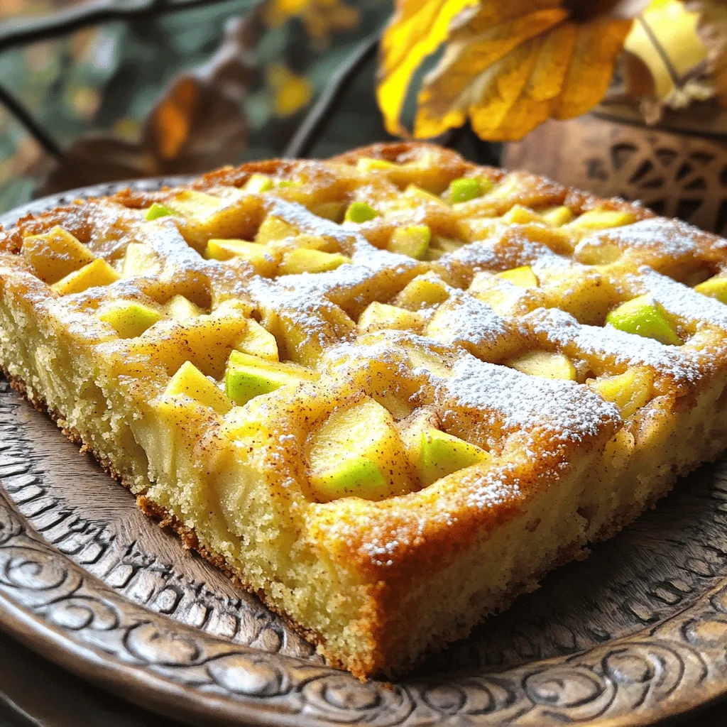 To make One Bowl Apple Cake, you will need: - 2 large apples, peeled, cored, and diced into bite-sized pieces - 1 cup granulated sugar - 1/2 cup light brown sugar, packed for richness - 1/2 cup vegetable oil for moisture - 3 large eggs, at room temperature - 1 teaspoon pure vanilla extract for depth of flavor - 2 1/2 cups all-purpose flour - 1 teaspoon baking powder for lift - 1 teaspoon baking soda to enhance rising - 1 teaspoon ground cinnamon for warmth - 1/2 teaspoon salt to balance sweetness - 1/2 cup chopped walnuts or pecans (optional for crunch) - 1/4 cup powdered sugar (optional, for dusting) You can enhance this cake with extra flavors. Consider adding: - 1/2 teaspoon nutmeg for a warm spice note - 1/4 cup raisins or dried cranberries for sweetness - Fresh lemon zest for a hint of brightness If you need alternatives, here are some ideas: - Use coconut oil instead of vegetable oil for a slight coconut flavor - Replace all-purpose flour with whole wheat flour for added fiber - Substitute maple syrup for granulated sugar for a different sweetness - Use applesauce in place of eggs for a vegan option These choices allow you to personalize the cake while keeping it simple. With just one bowl, you can mix everything quickly and enjoy a slice of this delicious cake! For the full recipe, check the earlier section. Start by gathering all your ingredients. You need: - 2 large apples, peeled, cored, and diced - 1 cup granulated sugar - 1/2 cup light brown sugar - 1/2 cup vegetable oil - 3 large eggs - 1 teaspoon pure vanilla extract - 2 1/2 cups all-purpose flour - 1 teaspoon baking powder - 1 teaspoon baking soda - 1 teaspoon ground cinnamon - 1/2 teaspoon salt - 1/2 cup chopped walnuts or pecans (optional) - 1/4 cup powdered sugar (optional) Preheat your oven to 350°F (175°C). Grease a 9x13 inch baking dish. This keeps the cake from sticking. In a large mixing bowl, combine the granulated sugar, brown sugar, and vegetable oil. Whisk until smooth. Add the eggs one at a time, mixing well after each. This helps the batter rise. Stir in the vanilla extract for flavor. Next, fold in the diced apples gently. Use a spatula to ensure they mix well. In another bowl, whisk together the flour, baking powder, baking soda, cinnamon, and salt. Gradually add this dry mix to the apple mixture. Stir gently until combined. It’s okay if there are lumps; don’t overmix! If using nuts, fold them in now for extra crunch. Pour the batter into the prepared baking dish. Spread it evenly with the spatula. Place the dish in the oven and bake for 35-40 minutes. Check for doneness with a toothpick; it should come out clean. Once baked, remove the cake from the oven. Let it cool in the pan on a wire rack. This helps set the cake. If you want, dust the cooled cake with powdered sugar for a lovely finish. Enjoy your One Bowl Apple Cake! For the full recipe, check the complete instructions above. To get the best texture for your One Bowl Apple Cake, you need to combine your ingredients well. Use room temperature eggs. They mix better and help create a fluffy cake. When you add the dry ingredients, fold them in gently. This keeps the cake moist. Avoid overmixing; it can make the cake tough. You want a few lumps in the batter. This adds to the cake’s charm. One common mistake is not measuring ingredients correctly. Use a kitchen scale or measuring cups for accuracy. Another mistake is baking at the wrong temperature. Make sure your oven is preheated to 350°F (175°C) before baking. Finally, don’t skip cooling the cake in the pan. This helps it set and makes it easier to cut. Start by mixing sugars and oil well until smooth. This adds flavor and moisture. When you add eggs, beat them in one at a time. This helps with aeration. For baking, choose the right pan. A 9x13 inch dish works best for even cooking. Keep an eye on the time. Check for doneness by inserting a toothpick in the center. If it comes out clean, your cake is ready. Follow these tips for a perfect One Bowl Apple Cake every time. For the full recipe, check the details above. {{image_4}} You can swap apples for many fruits. Pears add a sweet touch and stay soft. Chopped peaches bring a juicy flavor that pairs well. You might also try diced pineapple for a tropical twist. Berries, like blueberries or raspberries, can add a tart bite. Just keep the amount similar to apples for balance. For a gluten-free version, replace the all-purpose flour with a gluten-free blend. Look for one that includes xanthan gum for best results. Almond flour or coconut flour can also work, but adjust the liquid in your recipe. You may need to add an extra egg to keep it moist. To enhance the flavor, add spices like nutmeg or ginger. A splash of orange juice can brighten the cake. You can mix in chocolate chips for a sweet surprise. Consider adding shredded coconut for chewiness. If you love warmth, try adding a hint of almond extract. Each tweak can make your cake uniquely yours. For the full recipe, check above. To keep your One Bowl Apple Cake fresh, store it in an airtight container. This helps maintain moisture and flavor. If you do not have a container, wrap the cake tightly in plastic wrap. Store it at room temperature for up to three days. If you want to keep it longer, refrigeration is best. Just remember, it may dry out a bit in the fridge. When you want to enjoy your cake again, reheating is easy. Preheat your oven to 350°F (175°C). Place a slice of cake on a baking sheet. Heat it for about 10 minutes until warm but not hot. You can also use the microwave. Heat a slice for about 15-20 seconds. This makes it soft and tasty again. If you want to save your cake for later, freezing is a great option. First, let the cake cool completely. Then, wrap each slice individually in plastic wrap. Place the wrapped slices in a freezer bag. Remove as much air as possible. You can freeze the cake for up to three months. To thaw, move a slice to the fridge overnight, or leave it at room temperature for a few hours. Enjoy your delicious cake whenever you crave it! You can find the Full Recipe for more details. You can check if the cake is done by inserting a toothpick in the center. If it comes out clean or with a few crumbs, the cake is ready. The edges should start to pull away from the pan. Remember, baking times may vary slightly based on your oven. I usually check around 35 minutes. Yes, you can use a different size baking dish. If you use a smaller dish, the cake may take longer to bake. If it's larger, it may bake faster. Always keep an eye on the cake and check it with a toothpick. Adjust your baking time as needed for best results. One Bowl Apple Cake pairs well with many delicious options. You can serve it warm with vanilla ice cream or whipped cream. A drizzle of caramel sauce adds a nice touch too. For a lighter option, serve it with fresh whipped cream or a dusting of powdered sugar. The flavors mix perfectly! For the full recipe, refer to the recipe section above. You learned about the key ingredients for One Bowl Apple Cake and how to prepare them. I shared step-by-step instructions to guide you through mixing and baking. We examined tips to avoid common mistakes for the best texture. I also explored variations to fit different tastes and dietary needs. Finally, proper storage and reheating tips keep your cake fresh and tasty. Enjoy making this easy and delicious cake for friends and family!