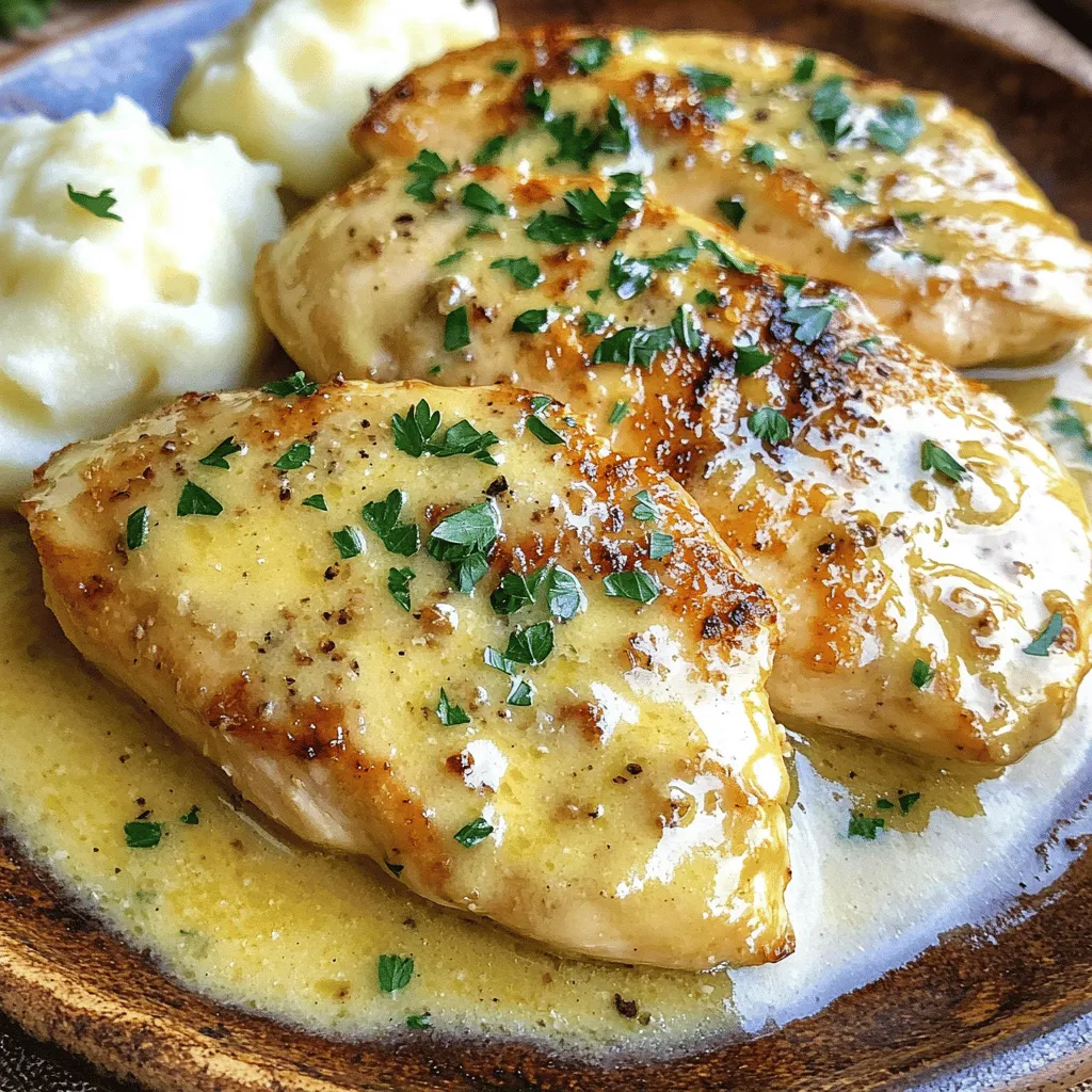 For this tasty dish, gather these main ingredients: - 4 boneless, skinless chicken breasts - 4 tablespoons unsalted butter, divided - 6 cloves garlic, minced - 1 cup heavy cream - 1 cup chicken broth - 1 teaspoon dried Italian herbs - Salt and freshly ground black pepper to taste - 1 tablespoon olive oil These ingredients work together to create a rich and creamy sauce that complements the chicken perfectly. Seasoning adds depth to your dish. Here are some good choices: - Dried Italian herbs (like oregano, basil, and thyme) - Salt to enhance flavor - Freshly ground black pepper for a bit of heat These seasonings balance the richness of the cream and butter. Garnishes can elevate your dish's presentation. Try these: - Fresh parsley, chopped - Lemon wedges for a fresh touch - Grated Parmesan cheese for extra flavor Adding these garnishes gives a pop of color and taste to your creamy garlic butter chicken. For the complete recipe, check the [Full Recipe]. First, gather your ingredients. You need chicken breasts, butter, garlic, heavy cream, chicken broth, herbs, salt, pepper, olive oil, and parsley. Next, season both sides of the chicken breasts with salt and pepper. This step is key for flavor. In a large skillet, heat olive oil over medium-high heat. Add two tablespoons of butter and let it melt. When the butter foams, place the chicken breasts in the skillet. Cook them for 6-7 minutes on each side. Look for a golden brown color and a safe temperature of 165°F. After cooking, remove the chicken and cover it with foil to keep warm. Next, reduce the heat. Add the remaining butter to the skillet. Once it melts, stir in the minced garlic. Cook the garlic for 1-2 minutes while stirring. It should smell great and turn golden. Pour in the chicken broth, scraping the bottom of the skillet to mix in all the tasty bits. Now, lower the heat to medium-low. Stir in the heavy cream and Italian herbs. Mix well and let it simmer for 3-5 minutes. This helps the sauce thicken and become smooth. Return the chicken to the skillet, coating it in the creamy sauce. Let it simmer for another 2-3 minutes to heat through. Taste the sauce and adjust the salt and pepper as needed. For a nice presentation, place the chicken on a serving plate. Drizzle the creamy garlic sauce over the top. Add a sprinkle of fresh parsley for color. This dish is perfect with steamed veggies or creamy mashed potatoes. For the full recipe, check the details above. To cook chicken breasts just right, start with even pieces. This helps them cook evenly. Before cooking, season both sides with salt and pepper. Heat your skillet over medium-high heat. Add olive oil and butter until it bubbles. Place the chicken in the skillet and cook for 6-7 minutes on each side. Use a meat thermometer to check for 165°F (75°C). This ensures the chicken is safe to eat and stays juicy. To thicken your sauce, let it simmer gently after adding cream. The heat helps the sauce reduce and gain a rich texture. Stir the sauce often to prevent it from burning. If it’s too thin, let it cook longer. You can also mix a little cornstarch with water and add it to the sauce. This trick works well to achieve that perfect creamy consistency. When serving Creamy Garlic Butter Chicken, presentation matters. Arrange the chicken on a plate and pour the sauce over it. A sprinkle of fresh parsley adds color and freshness. This dish tastes great with sides like steamed veggies or creamy mashed potatoes. You can even serve it over pasta for a hearty meal. Don’t forget to check out the Full Recipe for more details! {{image_4}} You can boost this dish with veggies. Try adding spinach, mushrooms, or broccoli. These flavors mix well with garlic butter. You can toss the veggies into the skillet after the garlic. Sauté them for a few minutes before adding the broth and cream. This adds color and nutrients to your meal. It also makes it more filling. If you want more heat, add red pepper flakes or a dash of hot sauce. Stir them in with the garlic for a spicy kick. For a creamier sauce, add more heavy cream. You can also use cream cheese or sour cream. This creates a rich, velvety texture that makes every bite delightful. Heavy cream is great, but you can switch it up. Use half-and-half for a lighter option. Coconut cream is a good dairy-free choice. If you want a low-calorie option, use Greek yogurt. Just add it last and heat gently to avoid curdling. Each option changes the flavor, so feel free to experiment! You can find the Full Recipe [here]. After enjoying your creamy garlic butter chicken, let it cool. Place the chicken in an airtight container. Store it in the fridge for up to four days. Ensure the sauce covers the chicken to keep it moist. You can also separate the chicken and sauce if you prefer. To reheat, use a skillet on low heat. Add a splash of chicken broth or water to keep the chicken moist. Stir gently to heat the sauce without burning it. You can also use a microwave. Cover the dish to avoid drying out the chicken. Heat in short intervals, stirring in between. You can freeze creamy garlic butter chicken for up to three months. Place it in a freezer-safe container. Make sure to leave space for expansion. Thaw in the fridge overnight before reheating. This keeps the chicken tender and the sauce creamy. For the full recipe, check out the [Full Recipe]. Yes, you can use skin-on chicken. It adds a nice crispy texture. Just remember to adjust the cooking time. Skin-on chicken may need a few extra minutes to cook through. The flavor will be richer, thanks to the fat in the skin. You can serve this dish with many sides. Here are some great options: - Steamed vegetables: Broccoli or green beans work well. - Mashed potatoes: Creamy potatoes soak up the sauce nicely. - Rice: White or brown rice is a great choice. - Pasta: Toss in some cooked pasta for a complete meal. Pairing the chicken with these sides makes for a balanced dinner. You can make this dish dairy-free easily. Use coconut cream instead of heavy cream. Choose a dairy-free butter substitute for the recipe. You can also use vegetable broth in place of chicken broth. This will keep the flavors rich while being dairy-free. For more tips, check the Full Recipe. This article covered everything you need for a delicious creamy garlic butter chicken. We explored the key ingredients, steps for cooking, and tips for perfecting the dish. Variations let you customize, while storage info helps keep leftovers tasty. Remember, cooking is about fun and exploration. Don't hesitate to try new flavors or methods. Enjoy your meal and share this easy recipe with others!