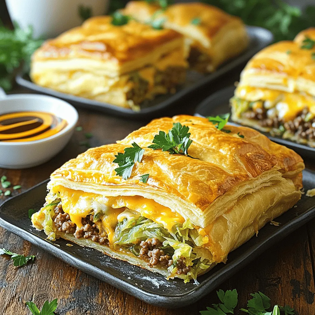 - 1 lb ground beef - 2 cups green cabbage, finely shredded - 1 cup sharp cheddar cheese, shredded - 2 packages of crescent roll dough - 1 small onion, finely diced - 1 tablespoon garlic powder - 1 tablespoon Italian seasoning blend - 1 tablespoon olive oil - Salt and black pepper, to taste The main ingredients are the heart of this dish. Ground beef gives it a rich flavor. Green cabbage adds crunch and health. Sharp cheddar cheese melts beautifully and ties it all together. For the additional ingredients, you’ll need crescent roll dough. This dough forms a tasty crust. The onion brings sweetness and depth. Garlic powder and Italian seasoning add layers of flavor. To cook, we use olive oil. It helps to sauté the onion. Salt and black pepper balance the flavors. You can adjust these to fit your taste. For the full recipe, refer to the instructions above. Enjoy making this delicious comfort food! First, heat olive oil in a large skillet over medium heat. Add finely diced onion and sauté until it turns translucent, about 3-4 minutes. This step builds flavor. Next, raise the heat to medium-high and add the ground beef. Brown the beef while breaking it apart with a spatula. This should take about 5-7 minutes. Drain any excess fat to keep the dish light and tasty. Now, stir in the finely shredded cabbage, garlic powder, and Italian seasoning. Season with salt and black pepper to taste. Cook this mixture for another 5-7 minutes. You want the cabbage to be tender but still have a bit of crunch. This adds texture and flavor to your casserole. Grease a 9x13 inch baking dish with a little olive oil. Open the first package of crescent roll dough and place it in the dish. Press down to form a seamless layer. Pinch the seams together to seal any gaps. Spread the cooked beef and cabbage mixture evenly over the dough. Sprinkle the shredded sharp cheddar cheese on top. Unroll the second package of crescent roll dough and cover the cheese. Press down to seal the edges well. Preheat your oven to 375°F (190°C). Bake the casserole for 25-30 minutes, or until the top is golden brown and bubbly. This is when the kitchen fills with a lovely aroma. Once baked, let the casserole rest for about 5-10 minutes. This helps it set, making it easier to cut into squares. For the full recipe, check the details above. Enjoy your delicious Runza casserole! To make your Runza casserole just right, keep a few things in mind: - Avoid making it greasy: Drain the fat after cooking the beef. Too much fat can make the dish heavy. - Adjust seasoning to taste: Taste the filling before you layer it. If it needs more salt or pepper, add it. This step makes a big difference in flavor. Serving your casserole well can make it even more inviting: - Garnish ideas for serving: Add fresh parsley on top for color. You could also sprinkle some extra cheese on top before serving. - Pairing suggestions for sides: Serve with a fresh salad or crusty bread. These pair nicely with the casserole and add crunch. Here are some common errors to avoid for a perfect casserole: - Not sealing the dough properly: Make sure to press the seams tightly. If they are not sealed, the filling might leak out. - Overcooking or undercooking: Keep an eye on the oven timer. Bake until golden brown, but don't leave it too long or the bottom can burn. {{image_4}} You can easily make a vegetarian version of Runza casserole. Start by swapping ground beef for mushrooms or lentils. These ingredients add great texture and flavor. You can also add extra vegetables like bell peppers, carrots, or zucchini. They make the dish even more colorful and healthy. Cheese is a key part of this recipe. While sharp cheddar is classic, you can explore different cheese options. Try mozzarella for a milder taste or pepper jack for a spicy kick. Mixing cheeses can give your casserole a unique flavor that suits your taste. If you love heat, a spicy Runza casserole is for you. Add jalapeños or spicy sausage to the meat mixture for an extra zing. You can also use hot sauce to spice up the dish. This variation will surely impress anyone who enjoys bold flavors. For the full recipe, click [here](#). To keep Runza casserole fresh, store it in an airtight container. This prevents it from drying out. You can also cover it tightly with plastic wrap or aluminum foil. If stored correctly, leftovers stay fresh for about 3 to 4 days in the fridge. Just make sure to let it cool down first before placing it in the fridge. This helps keep the texture nice. You can freeze Runza casserole before or after baking. If you freeze it before baking, assemble it in a dish, cover it well, and place it in the freezer. When you’re ready to cook it, thaw it in the fridge overnight, then bake as usual. If you bake it first, let it cool completely. Then wrap it tightly and place it in the freezer. It will stay good for about 2 to 3 months. To reheat, thaw overnight in the fridge if frozen. Then, warm it in the oven at 350°F (175°C) until heated through. You may also use the microwave, but the oven keeps the crust crispy. Enjoy your delicious Runza casserole anytime! A Runza is a tasty pocket filled with seasoned beef and cabbage. It started in Nebraska, where it became a local favorite. Many people enjoy it as a quick meal or snack. The dough is usually soft and flaky, making it comforting and fun to eat. This dish shows how simple ingredients can create great flavor. Yes, you can prep Runza Casserole ahead. Just follow these steps: - Prepare the beef and cabbage mixture. - Layer it in the baking dish with dough and cheese. - Cover it and store it in the fridge for up to 24 hours. When you're ready, bake it straight from the fridge. This saves time on busy days! Runza Casserole is not gluten-free as it uses crescent roll dough. However, you can make it gluten-free with these options: - Use gluten-free crescent roll dough. - Choose a gluten-free bread or biscuit mix for the base. Always check labels for hidden gluten in other ingredients. Customizing your Runza Casserole is easy and fun. Here are some ideas: - Add diced bell peppers or mushrooms for extra flavor. - Swap ground beef for turkey or chicken. - Mix in different cheeses like mozzarella or pepper jack. Feel free to get creative and make it your own! You can find the Full Recipe for more details. In this article, we covered making a delicious Runza casserole. You learned about main and additional ingredients, like ground beef and crescent roll dough. I provided step-by-step instructions to guide you in cooking and assembling the dish. You found tips, variations, and storage options to keep your casserole fresh and tasty. My final thought: Enjoy this hearty meal any way you like it. Get cooking and make it your own!