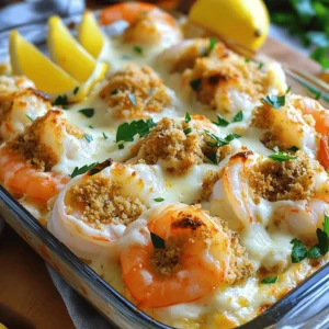 - Large shrimp: Use 1 lb of large shrimp, peeled and deveined. Fresh shrimp works best, but frozen is fine if thawed properly. Look for shrimp with a firm texture and a slightly sweet smell. - Stuffing ingredients: For a tasty stuffing, mix 1 cup of bread crumbs (homemade or panko for crunch), 1/2 cup of softened cream cheese, 1/4 cup of grated Parmesan cheese, 1/4 cup of chopped fresh parsley, 2 cloves of minced garlic, the juice from 1/2 a lemon, 1/2 teaspoon of smoked paprika, 1/2 teaspoon of black pepper, and 1/4 teaspoon of salt. These ingredients blend well for a rich flavor. - Toppings: Add 1/2 cup of shredded mozzarella cheese on top for a gooey finish. Fresh parsley adds a nice touch for garnish. This combination makes a warm, inviting casserole. It’s easy to prepare and perfect for family meals. For the full recipe, check out the complete details. Start by preheating your oven to 375°F (190°C). This helps the casserole cook evenly. Next, grab a medium-sized casserole dish. Grease it lightly with olive oil to prevent sticking. In a large mixing bowl, combine the bread crumbs, cream cheese, Parmesan cheese, parsley, minced garlic, lemon juice, smoked paprika, black pepper, and salt. Mix these ingredients well until they form a smooth stuffing. Now it's time for the shrimp! Carefully add the peeled and deveined shrimp to the stuffing mixture. Use a spatula to gently fold them in. Make sure every shrimp is well coated with the stuffing. This step is key for great flavor in every bite. Pour the shrimp and stuffing mixture into the greased casserole dish. Spread it evenly across the bottom. Sprinkle the shredded mozzarella cheese generously on top. This will melt into a gooey, delicious layer. Place the casserole in the oven and bake for 25-30 minutes. Watch for the shrimp to turn pink and the top to become golden brown. Once done, let it cool for about 5 minutes before serving. For the full recipe, refer to the complete details provided above. To make the best baked stuffed shrimp casserole, avoid some common mistakes. First, ensure your shrimp are large and fresh. This keeps them juicy and tasty. Overcooking shrimp is easy. They should be pink and firm but not rubbery. Baking them for just the right time makes all the difference. Aim for 25 to 30 minutes at 375°F (190°C) for the perfect bake. Next, you want to create a flavorful stuffing. Mix bread crumbs with cream cheese and seasonings well. This helps every bite burst with flavor. Don't forget the garlic and smoked paprika; they add depth. Fresh parsley adds a nice touch, too. Be gentle when folding in the shrimp. You want them coated but not broken. Now, let’s make your dish look great. Garnish with fresh parsley on top. This bright green adds color and freshness. You can also arrange lemon wedges on the side. They give a splash of color and a zesty kick. For serving, present the casserole directly from the dish. This gives a cozy, homey feel. You can also use a large spoon to serve it. This makes it easy for everyone to dig in. If you want to impress, add a drizzle of olive oil just before serving. It adds shine and flavor. For a full experience, pair the casserole with a fresh salad. A crisp green salad balances the rich flavors. Enjoy your meal and the smiles it brings! {{image_4}} You can easily change the shrimp in this dish. Try using crab, scallops, or even fish. Each choice gives a unique taste. If you want a vegetarian option, use mushrooms or tofu instead. For those needing gluten-free options, swap bread crumbs with crushed rice cereal or ground almond flour. These alternatives still add crunch without the gluten. Let’s talk about spices! Adding a pinch of cayenne can give a nice kick. Fresh dill or basil can add a fresh twist too. You can even experiment with Italian seasoning for a different flavor profile. Don’t forget veggies! Chopped bell peppers or spinach can boost nutrition and add color. Mix them into the stuffing for a hearty touch. You can also layer them below the shrimp for a pretty presentation. Explore these variations to make the casserole your own. They allow you to enjoy this dish in new ways every time! For the full recipe, check the earlier section. To store your Baked Stuffed Shrimp Casserole, let it cool first. Place the leftovers in an airtight container. You can refrigerate them for up to three days. For longer storage, freeze the casserole for up to two months. Make sure to cover it well to prevent freezer burn. When reheating, the best way is to use an oven. Preheat your oven to 350°F (175°C). Place the casserole in a baking dish and cover it with foil. Heat for about 20 minutes or until warm. If you want it to taste fresh, add a sprinkle of mozzarella on top before reheating. This will help it melt nicely and keep it moist. Enjoy your delicious leftovers! You can prepare the casserole in advance by following these easy steps. Start by mixing the stuffing and shrimp as usual. After combining, cover the dish tightly with plastic wrap. You can store it in the fridge for up to 24 hours. When you are ready to cook, simply remove the wrap and bake it. You may need to add a few extra minutes to the baking time if it’s cold from the fridge. Yes, you can use frozen shrimp! Just make sure to thaw them first. Place the shrimp in the fridge overnight or run them under cold water. Pat them dry before using. Frozen shrimp may have more moisture than fresh, so ensure they are well-drained. This will help your casserole stay delicious and not watery. This casserole pairs well with many side dishes. Try serving it with a light salad for freshness. Garlic bread also makes a great choice for soaking up the creamy sauce. Roasted vegetables add color and nutrition. You might also enjoy it with rice or quinoa as a hearty side. Yes, there are a few tips to make this casserole a bit healthier. Use whole wheat bread crumbs for added fiber. You can also swap cream cheese for Greek yogurt to cut calories. Adding more veggies, like spinach or bell peppers, boosts the nutrition too. Lastly, use less cheese or a lower-fat version for the topping. For the complete details on how to make this casserole, check out the Full Recipe. This baked stuffed shrimp casserole combines shrimp, creamy stuffing, and tasty toppings. You learned how to prep, bake, and serve it like a pro. Remember to use your favorite spices and fresh herbs to make it your own. Proper storage will keep leftovers fresh and tasty. Try these tips for a winning dish every time. Dive into new flavors while making this dish. Enjoy sharing your creation with friends and family! Your cooking will impress everyone at the table.