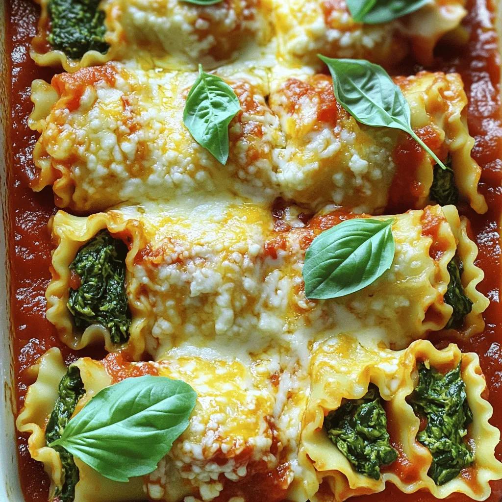 To make tasty lasagna roll ups, gather these main ingredients: - 9-12 lasagna noodles, cooked al dente and drained - 2 cups ricotta cheese, preferably whole milk - 1 cup mozzarella cheese, shredded - 1/2 cup Parmesan cheese, finely grated - 1 large egg, beaten - 2 cups fresh spinach, chopped; or 1 cup frozen spinach, thawed and drained - 2 cups marinara sauce, store-bought or homemade These ingredients combine for a creamy and flavorful filling. The noodles hold it all together. For the best flavor, use these cheeses: - Whole milk ricotta for creaminess - Fresh mozzarella for a gooey texture - Grated Parmesan for a sharp bite You can mix and match cheeses to suit your taste. This adds depth to your roll ups. Season your roll ups for extra flavor with: - 1 tablespoon garlic powder - 1 teaspoon Italian seasoning blend - Salt and black pepper to taste - Fresh basil leaves for garnish These seasonings bring out the rich flavors. Fresh basil adds a lovely touch when serving. For more tips, check out the Full Recipe. First, preheat your oven to 375°F (190°C). This will help your roll ups bake evenly. Next, take a 9x13-inch baking dish. Spread a thin layer of marinara sauce on the bottom. This keeps the roll ups from sticking. In a large mixing bowl, combine the ricotta cheese, 3/4 cup of mozzarella, and Parmesan cheese. Add one beaten egg. Toss in the chopped spinach, garlic powder, Italian seasoning, salt, and pepper. Stir until the mixture is smooth. Lay one cooked lasagna noodle flat on a clean surface. Spread 2-3 tablespoons of the cheese mixture along the noodle. Roll it up from one end to the other. Place the rolled noodle seam-side down in your baking dish. Repeat this for the rest of the noodles and filling. Pour the remaining marinara sauce over the roll ups. Sprinkle the leftover mozzarella and Parmesan on top. Cover the dish tightly with aluminum foil. Bake for 25 minutes. After that, remove the foil and bake for another 10-15 minutes. You want the cheese to be bubbly and golden. Once done, let the dish cool for 5-10 minutes. Garnish with fresh basil leaves before serving. Enjoy your delightful lasagna roll ups! To keep your noodles from sticking, follow these steps: - Boil the noodles in salted water. - Stir them gently while cooking. - Drain and rinse them under cold water. - Lay them flat on a clean kitchen towel. - Brush a bit of oil on each noodle. This method helps prevent sticking and makes them easier to roll. Rolling the lasagna can be tricky. Here are my best tips: - Use cooked noodles that are still warm. - Spread the cheese mixture evenly along the noodle. - Start at one end and roll tightly. - Use your fingers to keep the filling inside. - Place each roll seam-side down in the dish. This will help keep the rolls intact while baking. Timing is key for melted cheese. Here’s what to do: - Bake covered for the first 25 minutes. - This keeps moisture in and melts the cheese. - Remove the foil and bake for 10-15 more minutes. - Watch for golden cheese and bubbling sauce. - Let it rest for a few minutes before serving. This helps the cheese set and makes it easier to cut. For a complete guide to making these delicious rolls, check the Full Recipe. {{image_4}} You can get creative with your fillings for lasagna roll ups. Try using different cheeses like cottage cheese or goat cheese. You can also add cooked ground meat, such as beef or turkey. For a fun twist, mix in cooked mushrooms or zucchini. You can even use roasted red peppers for a sweet kick. This lets you craft a filling that suits your taste. While marinara sauce is a classic choice, other sauces work well too. You could use Alfredo sauce for a creamy touch. Pesto offers a fresh and herbal flavor that brightens the dish. For a spicy kick, try a arrabbiata sauce. Each sauce brings a new taste to your roll ups. Experiment with these options to find your favorite. Lasagna roll ups can fit any diet. For a vegetarian version, load up on veggies like spinach, bell peppers, and mushrooms. You can also add extra cheese for more flavor. If you prefer meat, ground beef, sausage, or chicken are great choices. You can even mix meats with veggies for a balanced meal. This way, everyone at your table finds something they love. To store leftover lasagna roll ups, place them in an airtight container. You can keep them in the fridge for up to four days. If you want to keep them longer, freezing is a great option. Make sure they are cooled to room temperature before storing. This helps retain their flavor and texture. To freeze lasagna roll ups, first allow them to cool completely. Then, place them in a single layer on a baking sheet. Freeze them for about an hour. This prevents them from sticking together. After they are frozen, transfer them to a freezer-safe container or a zip-top bag. Label the container with the date and type. They can last in the freezer for up to three months. When you are ready to enjoy your lasagna roll ups, reheating them properly is key. Preheat your oven to 350°F (175°C). Place the roll ups in a baking dish and cover them with foil. This keeps them moist while reheating. Bake for about 20-25 minutes. If you want the cheese to be extra bubbly, uncover them for the last 5 minutes. You can also reheat them in the microwave. Just heat for 1-2 minutes, checking often. Enjoy the warmth and flavor of your delicious meal! Yes, you can prepare the lasagna roll ups in advance. After assembling them, cover the dish with foil. You can store it in the fridge for up to 24 hours. This saves time on busy days. Just remember to add a few extra minutes to the baking time if you bake them cold from the fridge. To reheat lasagna roll ups, preheat your oven to 350°F (175°C). Place the roll ups in a baking dish and cover with foil. Heat for about 20 minutes. This keeps them moist and warm. If you like the top crispy, remove the foil for the last 5 minutes. If you don’t have ricotta cheese, you can use cottage cheese. Blend it until smooth for a similar texture. Greek yogurt is another option. It adds creaminess and protein. You can also try cream cheese mixed with a little milk for a different taste. To make lasagna roll ups gluten-free, use gluten-free lasagna noodles. These are available at many stores. You can also use vegetables, like zucchini or eggplant, as noodle substitutes. Just slice them thin and layer them like noodles. This keeps the dish delicious and gluten-free. Lasagna roll ups are fun, tasty, and easy to make. We covered ingredients, tips, and step-by-step instructions. I shared ways to add your twist with different fillings and sauces. Remember to store leftovers properly for later enjoyment. These roll ups are not just meals; they are an experience. Enjoy making these with family and friends.