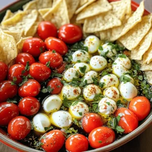 - Cherry tomatoes - Fresh mozzarella - Basil leaves Fresh ingredients make all the difference in Caprese dip. Use ripe cherry tomatoes for a juicy bite. I love the sweetness they bring. Fresh mozzarella adds creaminess and a soft texture. It melts in your mouth. Basil leaves give a fresh, fragrant touch. They brighten up the dish. - Balsamic glaze - Extra virgin olive oil - Garlic powder Pantry staples are key for flavor. Balsamic glaze offers a sweet tang that pairs well with tomatoes. A drizzle over the dip adds a lovely shine. Extra virgin olive oil provides richness and depth. It’s essential for a good dressing. Garlic powder adds a hint of warmth. It enhances the overall taste without overpowering it. - Salt and pepper - Suggestions for flavorful additions Salt and pepper bring balance. They enhance each ingredient's natural flavor. You can also add a pinch of red pepper flakes for heat. Try herbs like oregano or thyme for extra flavor. A squeeze of lemon juice can brighten the dip, too. These simple tweaks will take your Caprese dip to the next level. For the full recipe, check out the Caprese Dip Delight section! Start by preparing the ingredients. First, halve the cherry tomatoes and mozzarella balls. Next, roughly chop the fresh basil leaves. This step is important for flavor and texture. In a medium mixing bowl, combine the halved cherry tomatoes, mozzarella balls, and chopped basil. Make sure all the ingredients are mixed well. Now, drizzle the extra virgin olive oil and 2 tablespoons of balsamic glaze over the mixture. This adds a rich flavor to the dip. Next, season with garlic powder, salt, and freshly cracked black pepper to taste. These spices enhance the overall taste of the dip. Using a large spoon, gently toss all the ingredients together. Ensure that the tomatoes and mozzarella get coated with the dressing. Carefully transfer the Caprese mixture to a serving dish. This is where the fun begins! For an attractive finish, drizzle a bit more balsamic glaze over the top just before serving. This adds a glossy look and extra flavor. Garnish the dip with a few whole basil leaves on top. This touch adds freshness and color, making the dip even more inviting. Enjoy your Caprese dip with tortilla chips or warm slices of toasted baguette for the best experience. You’ll love how easy and tasty this dip is! For the full recipe, check out the detailed instructions. - Choosing the best mozzarella: Look for fresh mozzarella balls, also called bocconcini. They should feel soft and slightly springy. Check for a milky aroma. If they are too firm, they might not have the right flavor or texture. - How to select ripe cherry tomatoes: Choose tomatoes that are bright and firm. They should feel heavy for their size. A sweet smell near the stem indicates ripeness. Avoid tomatoes with blemishes or soft spots. - Ideal accompaniments for the dip: Serve your Caprese dip with tortilla chips or toasted baguette slices. These add a nice crunch. Fresh veggie sticks like cucumbers or bell peppers can also work well. - Creative ways to serve Caprese Dip: Try serving the dip in a hollowed-out bread bowl. This adds a fun twist and makes it easy to scoop. For a fancy touch, use small jars for individual servings. - Adding spices or herbs: Experiment with spices like red pepper flakes for heat. Fresh herbs like oregano or thyme can add depth. A squeeze of lemon juice brightens the flavors. - Using different types of cheese: Swap mozzarella for burrata for a creamier dip. You can also mix in feta for a tangy kick. Each cheese brings a unique flavor, making your dip special. For the full recipe, check out the Caprese Dip Delight. Enjoy creating a fresh twist on your snacks! {{image_4}} You can mix things up with heirloom tomatoes. They add unique colors and flavors. Try using different cheeses, too. Burrata is creamy and rich. Feta can give a nice tang. Each cheese brings a new taste to the dip. Want to make it vegan? Use cashew cheese or tofu instead of mozzarella. For a gluten-free version, serve with veggie sticks or gluten-free crackers. Both options keep the dip tasty and fun for everyone. In summer, add grilled veggies like zucchini or bell peppers. They brighten the dip and add a smoky flavor. For winter, use roasted tomatoes. Roasting enhances their sweetness and warms up the dish. This keeps the Caprese Dip fresh and exciting all year round. For the full recipe, check out the Caprese Dip Delight . To store leftovers of your Caprese dip, place it in the fridge. Use an airtight container to keep it fresh. Make sure to cover the dip tightly. This will help prevent the dip from drying out or absorbing odors. The dip stays fresh for about three days in the fridge. After three days, check for signs of spoilage. If you see mold or an off smell, toss it out. Freshness is key for great flavor. To reheat, use the microwave for about 30 seconds. Stir it well to heat evenly. If you want to serve it warm, add a bit of olive oil before reheating. This keeps the dip creamy and adds flavor. Drizzle some balsamic glaze on top before serving to refresh the taste. For the full recipe, check out the Caprese Dip Delight. Caprese dip is a fresh and tasty blend of classic Caprese salad flavors. It features cherry tomatoes, fresh mozzarella, and basil. The dip bursts with color and flavor, making it a perfect snack or appetizer. You can enjoy it with tortilla chips or toasted baguette slices. This dish is simple to make and great for gatherings. Yes, you can make Caprese dip ahead of time. Prepare it a few hours before your event. Store it in the fridge in an airtight container. Keep the dip covered to stay fresh. For the best taste, enjoy it within 24 hours. Remember to add the balsamic glaze just before serving for the best flavor. Caprese dip pairs well with many foods. Here are some great options: - Tortilla chips - Sliced toasted baguette - Crackers - Fresh veggie sticks - Grilled chicken skewers These options enhance the dip's freshness and make for a fun appetizer experience. Enjoy your Caprese dip with these tasty sides! Caprese dip is a vibrant blend of fresh ingredients like cherry tomatoes and mozzarella, combined with pantry staples for flavor. You learned how to prepare, mix, and present this dish creatively. Plus, I shared tips on selecting the best ingredients and ways to make it fit your dietary needs. Store it right to keep it fresh longer. Enjoy experimenting with flavors and adjustments to make it your own. This dip is perfect for gatherings or a tasty snack at home!