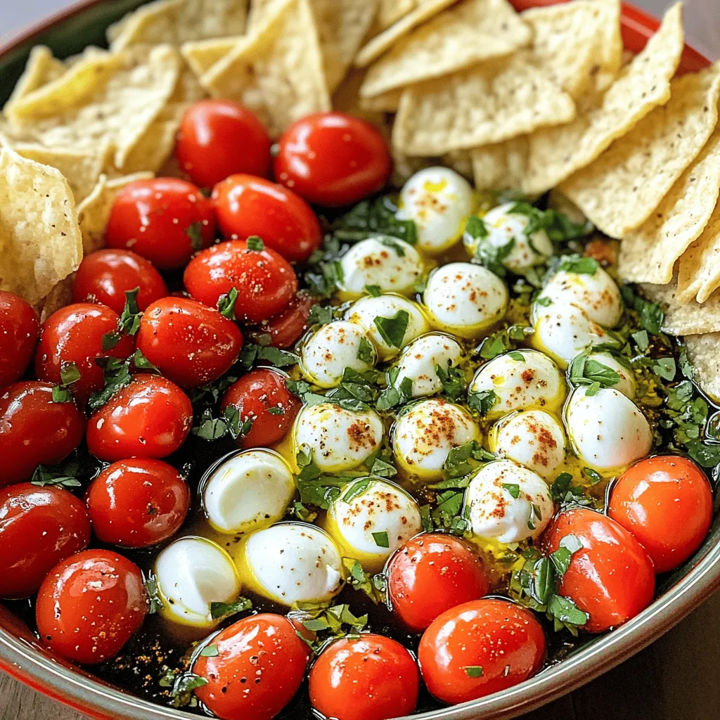 - Cherry tomatoes - Fresh mozzarella - Basil leaves Fresh ingredients make all the difference in Caprese dip. Use ripe cherry tomatoes for a juicy bite. I love the sweetness they bring. Fresh mozzarella adds creaminess and a soft texture. It melts in your mouth. Basil leaves give a fresh, fragrant touch. They brighten up the dish. - Balsamic glaze - Extra virgin olive oil - Garlic powder Pantry staples are key for flavor. Balsamic glaze offers a sweet tang that pairs well with tomatoes. A drizzle over the dip adds a lovely shine. Extra virgin olive oil provides richness and depth. It’s essential for a good dressing. Garlic powder adds a hint of warmth. It enhances the overall taste without overpowering it. - Salt and pepper - Suggestions for flavorful additions Salt and pepper bring balance. They enhance each ingredient's natural flavor. You can also add a pinch of red pepper flakes for heat. Try herbs like oregano or thyme for extra flavor. A squeeze of lemon juice can brighten the dip, too. These simple tweaks will take your Caprese dip to the next level. For the full recipe, check out the Caprese Dip Delight section! Start by preparing the ingredients. First, halve the cherry tomatoes and mozzarella balls. Next, roughly chop the fresh basil leaves. This step is important for flavor and texture. In a medium mixing bowl, combine the halved cherry tomatoes, mozzarella balls, and chopped basil. Make sure all the ingredients are mixed well. Now, drizzle the extra virgin olive oil and 2 tablespoons of balsamic glaze over the mixture. This adds a rich flavor to the dip. Next, season with garlic powder, salt, and freshly cracked black pepper to taste. These spices enhance the overall taste of the dip. Using a large spoon, gently toss all the ingredients together. Ensure that the tomatoes and mozzarella get coated with the dressing. Carefully transfer the Caprese mixture to a serving dish. This is where the fun begins! For an attractive finish, drizzle a bit more balsamic glaze over the top just before serving. This adds a glossy look and extra flavor. Garnish the dip with a few whole basil leaves on top. This touch adds freshness and color, making the dip even more inviting. Enjoy your Caprese dip with tortilla chips or warm slices of toasted baguette for the best experience. You’ll love how easy and tasty this dip is! For the full recipe, check out the detailed instructions. - Choosing the best mozzarella: Look for fresh mozzarella balls, also called bocconcini. They should feel soft and slightly springy. Check for a milky aroma. If they are too firm, they might not have the right flavor or texture. - How to select ripe cherry tomatoes: Choose tomatoes that are bright and firm. They should feel heavy for their size. A sweet smell near the stem indicates ripeness. Avoid tomatoes with blemishes or soft spots. - Ideal accompaniments for the dip: Serve your Caprese dip with tortilla chips or toasted baguette slices. These add a nice crunch. Fresh veggie sticks like cucumbers or bell peppers can also work well. - Creative ways to serve Caprese Dip: Try serving the dip in a hollowed-out bread bowl. This adds a fun twist and makes it easy to scoop. For a fancy touch, use small jars for individual servings. - Adding spices or herbs: Experiment with spices like red pepper flakes for heat. Fresh herbs like oregano or thyme can add depth. A squeeze of lemon juice brightens the flavors. - Using different types of cheese: Swap mozzarella for burrata for a creamier dip. You can also mix in feta for a tangy kick. Each cheese brings a unique flavor, making your dip special. For the full recipe, check out the Caprese Dip Delight. Enjoy creating a fresh twist on your snacks! {{image_4}} You can mix things up with heirloom tomatoes. They add unique colors and flavors. Try using different cheeses, too. Burrata is creamy and rich. Feta can give a nice tang. Each cheese brings a new taste to the dip. Want to make it vegan? Use cashew cheese or tofu instead of mozzarella. For a gluten-free version, serve with veggie sticks or gluten-free crackers. Both options keep the dip tasty and fun for everyone. In summer, add grilled veggies like zucchini or bell peppers. They brighten the dip and add a smoky flavor. For winter, use roasted tomatoes. Roasting enhances their sweetness and warms up the dish. This keeps the Caprese Dip fresh and exciting all year round. For the full recipe, check out the Caprese Dip Delight . To store leftovers of your Caprese dip, place it in the fridge. Use an airtight container to keep it fresh. Make sure to cover the dip tightly. This will help prevent the dip from drying out or absorbing odors. The dip stays fresh for about three days in the fridge. After three days, check for signs of spoilage. If you see mold or an off smell, toss it out. Freshness is key for great flavor. To reheat, use the microwave for about 30 seconds. Stir it well to heat evenly. If you want to serve it warm, add a bit of olive oil before reheating. This keeps the dip creamy and adds flavor. Drizzle some balsamic glaze on top before serving to refresh the taste. For the full recipe, check out the Caprese Dip Delight. Caprese dip is a fresh and tasty blend of classic Caprese salad flavors. It features cherry tomatoes, fresh mozzarella, and basil. The dip bursts with color and flavor, making it a perfect snack or appetizer. You can enjoy it with tortilla chips or toasted baguette slices. This dish is simple to make and great for gatherings. Yes, you can make Caprese dip ahead of time. Prepare it a few hours before your event. Store it in the fridge in an airtight container. Keep the dip covered to stay fresh. For the best taste, enjoy it within 24 hours. Remember to add the balsamic glaze just before serving for the best flavor. Caprese dip pairs well with many foods. Here are some great options: - Tortilla chips - Sliced toasted baguette - Crackers - Fresh veggie sticks - Grilled chicken skewers These options enhance the dip's freshness and make for a fun appetizer experience. Enjoy your Caprese dip with these tasty sides! Caprese dip is a vibrant blend of fresh ingredients like cherry tomatoes and mozzarella, combined with pantry staples for flavor. You learned how to prepare, mix, and present this dish creatively. Plus, I shared tips on selecting the best ingredients and ways to make it fit your dietary needs. Store it right to keep it fresh longer. Enjoy experimenting with flavors and adjustments to make it your own. This dip is perfect for gatherings or a tasty snack at home!