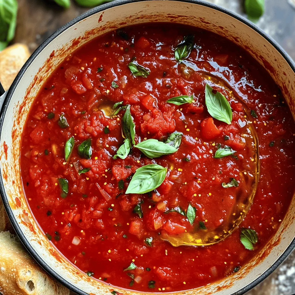 To make a great Pomodoro sauce, gather these fresh ingredients: - 2 pounds ripe tomatoes (preferably Roma or San Marzano), roughly chopped - 1 medium onion, finely diced - 4 cloves garlic, minced - 1/4 cup extra virgin olive oil - 1 teaspoon sugar (optional, to balance acidity) - Salt and freshly ground black pepper, to taste - 1/4 cup fresh basil leaves, chopped (plus extra for garnish) - 1 teaspoon dried oregano - 1/4 teaspoon red pepper flakes (optional for a touch of heat) You can add a few optional ingredients to change up the flavor: - Carrots for sweetness - Bell peppers for extra color - A splash of red wine for depth - Parmesan cheese for creaminess If you can't find fresh tomatoes, use canned ones instead. Look for whole peeled tomatoes for the best taste. You can swap extra virgin olive oil with any light oil like canola. If you want a different herb, use thyme or parsley in place of basil. This makes your sauce unique while keeping it delicious. Start by heating the extra virgin olive oil in a large pot over medium heat. Once the oil is hot, add the finely diced onion. Sauté the onion for about 5 minutes. You want it to turn soft and clear. Next, add the minced garlic. Stir it for 1 to 2 minutes. Be careful not to let it burn. Now it’s time to add the roughly chopped tomatoes to the pot. Stir the mixture well and bring it to a gentle boil. Once boiling, lower the heat to a simmer. Add the sugar if you like. It helps to balance the sauce's acidity. Season with salt, freshly ground black pepper, dried oregano, and red pepper flakes if you want some heat. Let the sauce simmer uncovered for 30 to 35 minutes. Stir occasionally. It should thicken and taste great. While simmering, keep an eye on the sauce. Stir it now and then to prevent sticking. If you want a smoother sauce, let it cool a bit, then use an immersion blender. This step is optional. When done, fold in the chopped fresh basil leaves. Taste your sauce and adjust the seasoning if needed. For the full experience, check out the Full Recipe for more details on cooking this classic sauce. To boost the flavor of your Pomodoro sauce, consider adding a few extra touches. You can use fresh herbs like thyme or parsley for an aromatic kick. A splash of red wine can add depth. You can also add grated Parmesan cheese for a rich, savory finish. If you want heat, toss in more red pepper flakes. Each ingredient adds a unique twist to the sauce. Many home cooks make a few simple errors when making Pomodoro sauce. One mistake is not using ripe tomatoes. Fresh, juicy tomatoes make all the difference. Another common error is overcooking garlic. Garlic should be soft but not brown. Finally, avoid rushing the simmering process. Give your sauce time to thicken for the best flavor. Homemade Pomodoro sauce pairs perfectly with many dishes. Serve it over cooked al dente pasta for a classic meal. Use it as a dipping sauce with warm, crusty bread. You can also top grilled chicken or fish with the sauce for added flavor. Garnish with fresh basil and a drizzle of olive oil for a beautiful presentation. For more ideas, check the Full Recipe. {{image_4}} To make a spicy version, add red pepper flakes. You can start with 1/4 teaspoon. If you want more heat, add more. This small change gives the sauce a nice kick. You can also try adding fresh chopped chili peppers. This adds flavor and heat. For a creamy twist, stir in heavy cream or half-and-half. Start with 1/2 cup after the sauce simmers. This makes the sauce rich and smooth. You can also use dairy-free cream for a vegan option. This keeps the flavor while adding a creamy texture. The basic Pomodoro sauce is already vegetarian. To make it vegan, skip any dairy, like cheese. You can add nutritional yeast for a cheesy flavor. Fresh herbs like basil or parsley brighten the sauce. You can also add veggies like spinach or bell peppers for more nutrition. For all these variations, the full recipe remains the same. Adjusting ingredients can create a sauce just for you. Enjoy making it your own! To keep your Pomodoro sauce fresh, store it in an airtight container. Glass jars work well for this. Let the sauce cool completely before sealing. This helps prevent condensation that can make the sauce watery. If you plan to use it soon, place it in the fridge. You can freeze Pomodoro sauce for later use. Pour it into freezer bags or containers, leaving some space for expansion. When you want to use it, thaw it in the fridge overnight. To reheat, pour the sauce into a pot. Heat on low until warm, stirring often. You can also use the microwave, but be sure to check for hot spots. Homemade Pomodoro sauce lasts about 4 to 5 days in the fridge. If you freeze it, it can last up to 3 months. Always check for off smells or changes in color before using. Enjoy your sauce from the [Full Recipe] any time you want! Pomodoro sauce uses fresh, simple ingredients. You need ripe tomatoes, onions, and garlic. Here’s what else you’ll need: - 2 pounds ripe tomatoes (preferably Roma or San Marzano), roughly chopped - 1 medium onion, finely diced - 4 cloves garlic, minced - 1/4 cup extra virgin olive oil - 1 teaspoon sugar (optional) - Salt and freshly ground black pepper, to taste - 1/4 cup fresh basil leaves, chopped - 1 teaspoon dried oregano - 1/4 teaspoon red pepper flakes (optional) These ingredients create a rich and vibrant sauce full of flavor. You can store Pomodoro sauce in the fridge for up to one week. Make sure to keep it in an airtight container. This will help maintain its fresh flavor and aroma. Yes, you can use canned tomatoes for Pomodoro sauce. Choose high-quality canned whole or crushed tomatoes. This option can save time and still give great flavor. Just remember to adjust the cooking time since canned tomatoes are softer. Pomodoro sauce goes well with many pasta types. I recommend using spaghetti or penne. The sauce clings well to these shapes, making each bite tasty. You can also try it with fettuccine or rigatoni for a fun twist. To thicken Pomodoro sauce, let it simmer longer. This will help reduce excess liquid. You can also crush some of the tomatoes while cooking. If you want a quicker method, add a bit of tomato paste. This boosts flavor and thickens the sauce nicely. For a smooth texture, blend the sauce after it cools slightly. For the full recipe, check out the detailed instructions above. You learned how to make Pomodoro sauce, from ingredients to storage tips. I showed you ways to boost flavor and avoid common mistakes. You can also try variations like spicy or creamy versions. Remember, homemade sauce tastes best fresh, and proper storage matters too. Enjoy your cooking adventure and impress others with your delicious Pomodoro sauce!