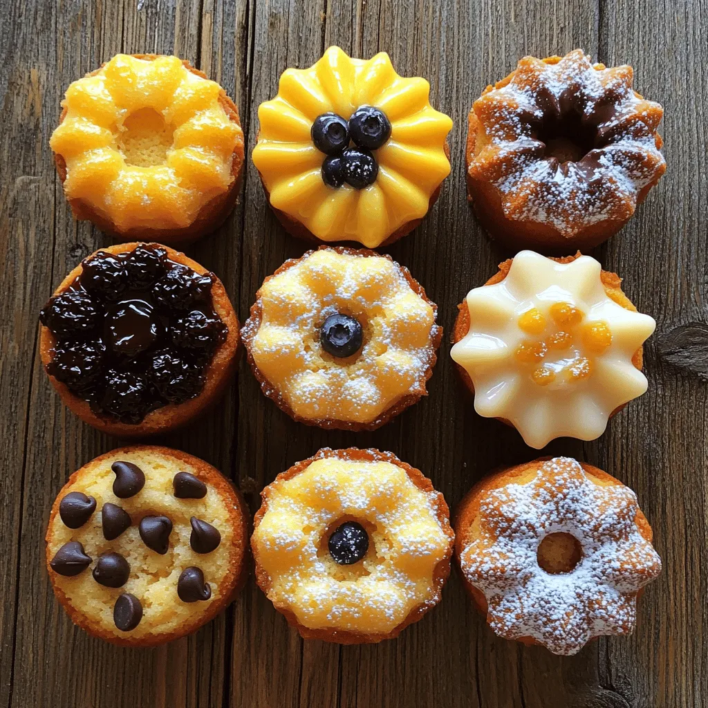 To make mini bundt cakes, you need some key ingredients. Here’s what you will need: - 1 cup all-purpose flour - 1/2 cup granulated sugar - 1/2 teaspoon baking powder - 1/4 teaspoon baking soda - 1/4 teaspoon salt - 1/2 cup unsalted butter, softened to room temperature - 2 large eggs, at room temperature - 1 teaspoon pure vanilla extract - 1/4 cup buttermilk, at room temperature These ingredients work together to create a soft and tasty cake. The butter gives it a rich flavor, while the buttermilk keeps it moist. You can make your mini bundt cakes extra special with add-ins. Here are some great options: - 1/2 cup chocolate chips - Zest of 1 lemon (for lemon bundt variation) - 1/4 cup fresh blueberries (for blueberry bundt variation) - 1/2 teaspoon ground cinnamon (for spiced bundt variation) Feel free to mix and match these add-ins. A little lemon zest adds brightness, while chocolate chips add sweetness. To bake your mini bundt cakes, you will need some basic supplies. Here’s a list to help you: - Mini bundt cake pans - Mixing bowls - Whisk - Hand mixer or stand mixer - Measuring cups and spoons - Toothpick for testing doneness - Wire rack for cooling Having the right tools makes the process easier. The mini bundt pans create lovely shapes that are perfect for any occasion. You can find the full recipe to guide you through the baking process. First, gather your ingredients. You will need flour, sugar, baking powder, baking soda, salt, butter, eggs, vanilla extract, and buttermilk. You can also add chocolate chips, lemon zest, blueberries, or cinnamon for flavor. 1. Start by preheating your oven to 350°F (175°C). 2. Grease and flour your mini bundt pans. This step helps your cakes come out easily. 3. In a large bowl, mix the dry ingredients. Whisk the flour, sugar, baking powder, baking soda, and salt together until blended. 4. In another bowl, beat the softened butter. Use a hand mixer or stand mixer to make it smooth. 5. Add the eggs one at a time. Mix well after each egg. Then stir in the vanilla and buttermilk until smooth. 6. Gradually add the dry mix to the wet mix. Stir gently until just combined. Be careful not to overmix. 1. Fold in your chosen add-ins. This can be chocolate chips, lemon zest, blueberries, or cinnamon. 2. Pour the batter into the prepared mini bundt pans. Fill each one about 2/3 full to allow the cakes to rise. 3. Place the pans in the oven. Bake for 15-20 minutes. Check if they're done by inserting a toothpick into the center. It should come out clean or with a few moist crumbs. 4. Pay close attention to baking times, as all ovens vary. 1. Let the cakes cool in the pans for 5 minutes. This helps them set. 2. Carefully invert the pans to release your mini bundt cakes. 3. Transfer the cakes to a wire rack to cool completely. This step prevents sogginess. 4. Once cooled, dust the tops with icing sugar. This adds a sweet touch and looks great. You now have delightful mini bundt cakes, ready for any occasion! For the full recipe, check the earlier section. Enjoy baking! To achieve a light and fluffy mini bundt cake, follow these tips: - Measure accurately. Use a kitchen scale if possible. - Use room temperature ingredients. This helps the batter mix evenly. - Do not overmix. Stir until just combined to keep the cakes tender. - Check your oven temperature. An oven thermometer can ensure accurate heat. These steps will help you create the perfect texture every time. Decorating your mini bundt cakes can be fun and easy. Here are some ideas: - Dust with icing sugar. A simple touch makes them look fancy. - Add fresh fruit. Berries or slices of citrus add color and flavor. - Use chocolate ganache. Drizzle it on top for a rich finish. - Sprinkle with nuts. Chopped nuts add crunch and style. Let your creativity shine with these simple decorations! Mini bundt cakes fit many occasions. Here are some serving ideas: - Birthday parties. Present on a colorful platter with candles. - Weddings. Use pastel colors and delicate flowers for a romantic touch. - Holiday gatherings. Serve with seasonal fruit or spices for themed flair. - Casual get-togethers. Pair with coffee or tea for a cozy feel. Each occasion can have its own unique twist, making your mini bundt cakes perfect for any event. For the full recipe, check out the details above! {{image_4}} Lemon mini bundt cakes shine with bright flavor. To make these, simply add the zest of one lemon to your batter. This will infuse your cakes with a fresh, zesty taste. The acidity in the lemon zest balances the sweetness, creating a perfect treat. You can also add a lemon glaze for an extra burst of flavor. Just mix icing sugar with lemon juice until smooth and drizzle it on top. Blueberry mini bundt cakes are a fruity delight. To create these, fold in a 1/4 cup of fresh blueberries into your batter. This adds sweetness and natural moisture to each bite. Be gentle when mixing to keep the blueberries intact. You can also sprinkle some extra blueberries on top for a vibrant look. Serve these cakes with whipped cream for an indulgent treat. Spiced mini bundt cakes bring warmth and comfort. Add 1/2 teaspoon of ground cinnamon to your batter for a cozy flavor. You can also mix in nutmeg or ginger for more depth. These cakes are perfect for fall gatherings. Dust them with icing sugar after baking for a beautiful finish. Pair them with a cup of tea for a comforting snack. By making these simple variations, you can enjoy a mini bundt cake for any occasion. For the full recipe, check out the details above. Store leftover mini bundt cakes in an airtight container. This keeps them fresh and moist. You can keep them at room temperature for up to three days. If you want to keep them longer, move to the fridge. In the fridge, they last for about a week. Just be sure to seal them well. If you notice any change in texture, it’s best to toss them. Freezing mini bundt cakes is easy. First, let them cool completely. Wrap each cake in plastic wrap. Then, place the wrapped cakes in a freezer-safe bag. You can freeze them for up to three months. When you are ready to eat them, just take out how many you need. Leave them in the fridge overnight to thaw. This way, they stay tasty and soft. When reheating mini bundt cakes, aim for gentle warmth. Preheat your oven to 350°F (175°C). Place the cakes on a baking sheet. Heat them for about 5 to 10 minutes. This warms them without drying them out. If you prefer the microwave, use a low setting. Heat for only 10-15 seconds at a time. Check often to avoid overheating. Enjoy them warm, as they taste best this way. For more details on making these delightful treats, check out the Full Recipe. Yes, you can make mini bundt cakes ahead of time. They last well for about three days at room temperature. Simply store them in an airtight container to keep them fresh. For longer storage, you can refrigerate them for up to a week. If you want them even longer, freeze the cakes. Just wrap them tightly in plastic wrap and then in foil. When you’re ready to enjoy them, let them thaw at room temperature before serving. Mini bundt cakes are great with many types of frosting. A classic choice is a simple glaze made from icing sugar and milk. This adds sweetness without overpowering the cake. You can also try cream cheese frosting for a rich flavor. If you want something fruity, a lemon or berry frosting works well too. Whipped cream also makes a light and airy topping. Get creative and match the frosting to the cake's flavor! To prevent sticking, start by greasing your mini bundt pans well with butter or cooking spray. Next, lightly dust them with flour. This creates a barrier between the cake and the pan. Make sure to tap out any excess flour. Allow the cakes to cool in the pan for about five minutes before inverting them. This helps them release easier. If you’re still worried, you can use parchment paper circles at the bottom of the pans. For the full recipe, check out Mini Bundt Cakes for Every Occasion. Mini bundt cakes are fun and easy to make. You need the right ingredients and supplies for the best results. Follow the simple steps to whip up delicious cakes. Remember, texture is key, and adding your favorite flavor makes them special. Use creative decorations to impress on any occasion. Store extras properly or freeze them for later. You can always reheat them for a fresh taste. With these tips and tricks, you’ll bake perfect mini bundt cakes every time. Get ready to enjoy your tasty creations!