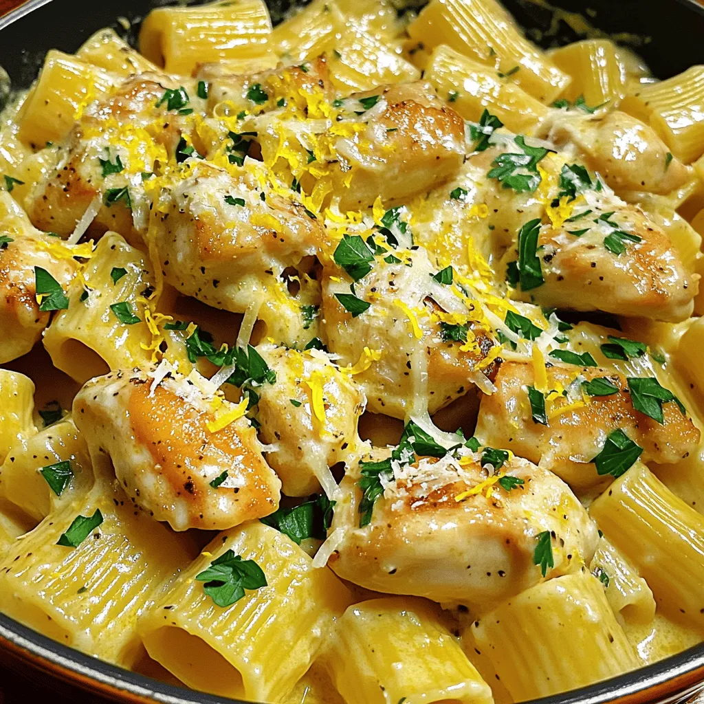 - Chicken and Pasta - 2 boneless, skinless chicken breasts, cut into bite-sized chunks - 12 oz rigatoni pasta - Seasonings and Sauces - 6 tablespoons unsalted butter, divided - 6 cloves garlic, minced - 1 teaspoon red chili flakes (optional, for heat) - 1 cup chicken broth (low sodium preferred) - 1 lemon, juiced and zested (keep zest separate) - 1 cup heavy cream - 1 cup freshly grated Parmesan cheese - Salt and freshly ground black pepper, to taste - Garnishes - Fresh parsley, chopped, for garnish Each ingredient plays a key role in creating the rich flavor of this garlic butter chicken with rigatoni. The chicken provides a hearty base, while the rigatoni adds a delightful texture. The garlic and butter work together for a savory aroma that fills your kitchen. Don't skip the lemon juice; it brightens the dish and balances the creaminess. Using fresh parsley as a garnish gives a pop of color and a fresh taste. You can adjust the heat with red chili flakes. If you prefer, feel free to experiment with other flavors or add-ins. This dish is all about making it your own while keeping that delicious garlic butter goodness at the forefront. For the full cooking experience, check out the Full Recipe to guide you through each step. Boiling the Pasta Start by bringing a large pot of salted water to a rolling boil. Add the rigatoni pasta and cook it according to the package instructions. You want it to be al dente, which means it should be firm but not hard. Draining and Setting Aside Once the pasta is cooked, drain it well using a colander. Make sure to shake off any excess water. Set the rigatoni aside in a large bowl, ready for mixing later. Seasoning the Chicken While the pasta cooks, grab your chicken. Cut the boneless, skinless chicken breasts into bite-sized chunks. Season these pieces generously with salt and freshly ground black pepper on all sides. Sautéing Instructions In a large skillet, melt 3 tablespoons of butter over medium heat. When the butter is bubbling, carefully add the seasoned chicken. Cook the chicken for about 5-7 minutes, stirring occasionally. You want it golden brown and fully cooked. Once done, transfer the chicken to a plate and set aside. Melting Butter and Sautéing Garlic In the same skillet, lower the heat to low. Add the remaining 3 tablespoons of butter. Once it melts, stir in the minced garlic and red chili flakes, if you want some heat. Cook for 1-2 minutes until fragrant, but watch closely to avoid burning the garlic. Incorporating Broth and Cream Next, carefully pour in the chicken broth and freshly squeezed lemon juice. Increase the heat to bring it to a gentle simmer. Once it simmers, add the heavy cream and lemon zest. Stir well and let the sauce simmer for 3-4 minutes until it thickens slightly. Mixing Chicken and Pasta Reduce the heat to medium-low. Add the cooked chicken and rigatoni back into the skillet. Toss everything together, ensuring the pasta and chicken are well coated in the creamy sauce. Adding Parmesan Cheese Gradually stir in the grated Parmesan cheese. This will melt into the dish, adding a rich flavor. Taste and adjust the seasoning with more salt and pepper if needed. For the complete recipe, check out the [Full Recipe]. Perfect Doneness for Chicken To ensure your chicken is juicy and safe to eat, cook it until it reaches 165°F. Use a meat thermometer for accuracy. The inside should no longer be pink. This gives you tender chicken that pairs well with the sauce. Ideal Pasta Texture When cooking rigatoni, aim for al dente. This means the pasta should be firm to the bite. Follow the package instructions, but start checking a minute early. Under-cooked pasta holds sauce better, giving you a delightful bite. Achieving the Right Consistency Your garlic butter sauce should be creamy and slightly thick. After adding the heavy cream, let it simmer. Stir often to avoid burning. If it's too thick, add a splash of chicken broth. Adjust until you reach that luscious feel. Flavor Enhancements For more flavor, add fresh herbs like thyme or basil when cooking the sauce. A dash of white wine can also brighten the taste. Don’t forget to adjust salt and pepper to make all the flavors pop. Presentation Ideas Serve the garlic butter chicken and rigatoni in deep bowls. Drizzle extra sauce on top for a glossy finish. Add more freshly grated Parmesan and a sprinkle of parsley for a colorful look. This makes the dish inviting! Pairing Recommendations This dish pairs well with a light salad or garlic bread. A crisp white wine, like Pinot Grigio, enhances the meal. For dessert, consider something light, like sorbet, to cleanse your palate after the rich flavors. For the complete cooking process, refer to the Full Recipe. {{image_4}} Different Proteins You can change the chicken to suit your taste. Try shrimp for a seafood twist. Salmon also works well; it adds richness. If you prefer plant-based meals, use tofu or tempeh. Both soak up flavors nicely. Each protein brings its own unique taste to this dish. Vegetable Additions Adding veggies can enhance the meal. Spinach adds color and nutrients. Broccoli gives a nice crunch. You can also use bell peppers for sweetness. Just sauté them in the garlic butter sauce. This way, you get a more balanced dish. Mild vs Spicy Options For a mild dish, skip the red chili flakes. The garlic butter sauce is still full of flavor. If you want heat, add more chili flakes or a dash of hot sauce. You can also mix in fresh jalapeños for a kick. Adjusting spice can fit everyone’s taste. Alternative Pasta Choices If you need a gluten-free option, use rice pasta or quinoa pasta. These options cook well and taste great. You can also try spiralized zucchini for a low-carb twist. This keeps the dish fresh and light. Just remember to adjust cooking times for different pasta. After you make garlic butter chicken with rigatoni, let it cool for about 30 minutes. This cooling helps keep the food safe. Store the chicken and pasta in an airtight container. It keeps well in the fridge for up to three days. If you want to keep it fresh longer, make sure to separate the chicken from the rigatoni. This prevents the pasta from getting too soggy. To warm up leftovers, the best method is to use the stove. Place the chicken and rigatoni in a skillet over medium heat. Add a splash of chicken broth or water to help with moisture. Stir often until everything is heated through. You can also use a microwave if you’re in a hurry. Just cover the dish with a lid and heat it for one to two minutes. Stir halfway to ensure even heating. If you want to freeze garlic butter chicken with rigatoni, do it carefully. Store the chicken and pasta in separate containers. Use freezer-safe bags or containers to avoid freezer burn. It can last in the freezer for up to three months. When you’re ready to eat, move it to the fridge to thaw overnight. Reheat it in a skillet to restore its creaminess. This way, you still enjoy that rich flavor! Can I use other types of pasta? Yes, you can use different pasta shapes. Penne or farfalle work well. Just adjust cooking times based on the pasta you choose. How can I make this dish lighter? To lighten it up, you can use less butter. You could also swap heavy cream for a lighter option like half-and-half. What can I substitute for heavy cream? You can use coconut milk or cashew cream for a dairy-free version. Greek yogurt can also add creaminess with fewer calories. How long to cook chicken thoroughly? Cook chicken pieces for 5-7 minutes until they are golden brown. Ensure they reach an internal temp of 165°F for safety. What is the ideal cook time for rigatoni? Rigatoni usually takes about 10-12 minutes to cook until al dente. Check the package for specific times. Can I replace Parmesan cheese? Yes, try Pecorino Romano for a sharper taste. Nutritional yeast is great for a vegan option. What to use instead of lemon juice? You can use lime juice or white vinegar as a tangy substitute. Both will add similar acidity to the dish. This blog post covered how to make garlic butter chicken with rigatoni. We went through the ingredients, step-by-step cooking instructions, and helpful tips for success. I shared variations to keep it exciting and storage info for leftovers. Dive into this dish with confidence! Remember, small tweaks can make a big difference. Enjoy your cooking journey and make this meal your own!