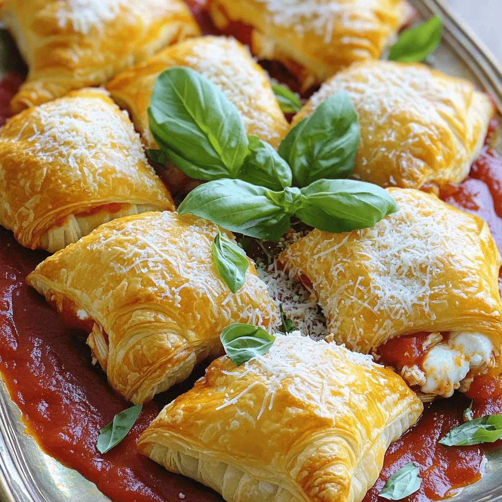 - 2 large chicken breasts, fully cooked and shredded - 1 cup creamy ricotta cheese - 1 cup shredded mozzarella cheese - 1/2 cup finely grated Parmesan cheese - 1 package (1 lb) refrigerated puff pastry sheets The stars of this recipe are the shredded chicken and the cheeses. I use a mix of ricotta, mozzarella, and Parmesan. This combination gives the pillows a creamy and cheesy center. The puff pastry is the perfect outer layer. It puffs up nicely in the oven and adds a delightful crunch. - 1/2 cup marinara sauce (plus extra for serving) - 1 teaspoon Italian seasoning blend - 1 teaspoon garlic powder - Salt and freshly ground black pepper to taste Next, we need flavor! The Italian seasoning blend brings warmth and depth. Garlic powder adds a nice kick. Marinara sauce is key for that classic taste. Always adjust salt and pepper to your liking. - Fresh basil leaves for garnish Fresh basil leaves are a great touch. They add color and a fresh aroma. When you serve these pillows, sprinkle some basil on top. It makes the dish look fancy and delicious. For the full recipe, check the [Full Recipe]. First, preheat your oven to 400°F (200°C). This step is key to getting a nice, crispy texture. Next, take your puff pastry sheets and place them on a lightly floured surface. Use a rolling pin to gently roll out the pastry. Aim for a smooth and thin layer. Once you have that, cut the pastry into squares or rectangles, each about 4x4 inches. Now it’s time to make the filling. In a large bowl, combine the shredded chicken, ricotta cheese, half of the mozzarella cheese, grated Parmesan cheese, and marinara sauce. Add in the Italian seasoning and garlic powder for flavor. Don’t forget to sprinkle in a pinch of salt and pepper. Mix everything until it’s well blended. You want each bite to be packed with flavor. For the fun part, take each pastry square and scoop about one tablespoon of the chicken filling. Be careful not to overfill; that can lead to messy pillows! Fold the pastry over to create a triangle or rectangle. To seal it, press down firmly on the edges with a fork or pinch them together with your fingers. This step is vital to prevent leaks during baking. Once all your pillows are assembled, place them on a baking sheet lined with parchment paper. This helps keep them from sticking. Next, brush the tops of each pillow with the beaten egg wash. This gives them a lovely golden color. Bake in the preheated oven for 15-20 minutes. You’ll know they’re done when they’re puffed up, golden-brown, and smell amazing. You can find the full recipe for these delightful Chicken Parmesan Pillows to create a meal that impresses. To get the best puff pastry, avoid sogginess. Here are a few tips: - Keep Ingredients Cold: Use cold butter and water when making puff pastry. This helps create those lovely layers. - Don’t Overwork the Dough: Mix just until combined. Overmixing can make the pastry tough. - Use Parchment Paper: Line your baking sheet with parchment paper. This prevents sticking and helps with even baking. For rolling techniques: - Lightly Flour Your Surface: This keeps the dough from sticking. - Roll Evenly: Start from the center and roll outward. This helps keep the thickness uniform. - Rotate the Dough: Turn the dough as you roll to maintain a square or rectangular shape. To boost the flavor of your Chicken Parmesan Pillows, consider these options: - Mix in Fresh Herbs: Try adding chopped parsley or oregano to the filling. This adds freshness and aroma. - Use Different Cheeses: Swap out mozzarella for provolone or fontina for a different taste. - Add Heat: A pinch of red pepper flakes can bring a spicy kick to the filling. For pairing suggestions: - Serve with a Salad: A light arugula salad with lemon dressing goes well with the richness of the pillows. - Pair with Garlic Bread: Crunchy garlic bread complements the soft pillows nicely. - Offer Extra Marinara Sauce: Serve with more marinara for dipping. This adds flavor and moisture. These tips will help elevate your Chicken Parmesan Pillows. For the full recipe, check the detailed instructions provided earlier. {{image_4}} You can easily make these pillows vegetarian. Just swap out the chicken for vegetables. I love using spinach, mushrooms, and bell peppers. These veggies add great flavor and nutrition. You can sauté them lightly before mixing them in the filling. This step brings out their natural tastes. Using vegetables also makes the dish colorful and fun! Cheese is a key part of these pillows. You can use different types of cheese for unique tastes. Try using goat cheese for a tangy kick. Or use cheddar for a sharp flavor. Mixing cheeses can also add depth to your dish. Don't be afraid to experiment until you find your perfect blend! If you need a gluten-free option, no worries! You can use gluten-free puff pastry instead. Many stores offer this now, making it easy to adapt. Just check the ingredients to ensure it's safe for your needs. The taste and texture can still be delightful. You won't miss the regular pastry at all! To keep your Chicken Parmesan pillows fresh, place them in an airtight container. Make sure they cool before sealing. Stored this way, they stay good in the fridge for about three days. If you want to enjoy them later, refrigeration is your best bet. You can freeze the pillows if you have extra. First, let them cool completely. Then, wrap each pillow tightly in plastic wrap. Place them in a freezer-safe bag or container. They will stay fresh for about three months. Just remember to label the bag with the date. This way, you know when to use them. To reheat, I recommend using the oven. Preheat it to 350°F (175°C). Place the pillows on a baking sheet. Bake for about 15 minutes or until they are warm and crispy. This keeps the texture nice. You can also use a microwave, but it can make them soggy. If you must use the microwave, heat them in short bursts. Always check to avoid overcooking. Enjoy your delicious pillows! You can find the full recipe in the article above. Chicken Parmesan Pillows taste great with simple sides. Try these options: - Garlic Bread: A classic choice that adds crunch. - Caesar Salad: Fresh greens balance the richness. - Steamed Veggies: Broccoli or green beans work well. - Pasta: A small serving of spaghetti complements the dish. Yes, you can prep Chicken Parmesan Pillows in advance. Here are some tips: - Prepare the Filling: Mix and store it in the fridge. - Assemble: You can shape the pillows and keep them covered in the fridge. - Bake Later: Just bake them when ready. Look for these signs: - Golden Color: The tops should be a nice golden-brown. - Puffed Up: The pillows will rise and look fluffy. - Aroma: A savory smell fills your kitchen when done. Yes, you can use different doughs: - Pizza Dough: A thicker option with great flavor. - Homemade Dough: You can make a simple dough with flour and butter. - Biscuits: For a fluffy alternative, use biscuit dough. Chicken Parmesan Pillows have good nutrition. Here’s a basic breakdown: - Calories: About 350 per serving. - Protein: Roughly 20 grams, thanks to the chicken and cheese. - Fat: Around 18 grams, depending on the cheese. - Carbs: About 30 grams mainly from the pastry. For the full recipe, check out the complete guide! To wrap up, we've explored how to create delicious Chicken Parmesan Pillows. You learned about key ingredients like shredded chicken, cheese, and puff pastry. We also covered seasoning tips and garnishes, along with step-by-step instructions for preparing and baking. Remember, you can adapt this dish to fit different diets, like vegetarian or gluten-free. With these tips in hand, you can enjoy tasty pillows anytime. Happy cooking!