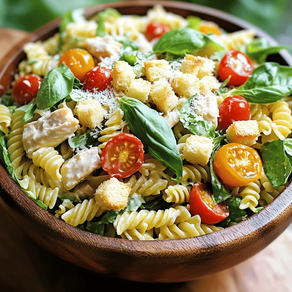 - 2 cups pasta (fusilli or rotini recommended) - 1 cup cooked chicken breast, diced - 2 cups romaine lettuce, chopped - 1/2 cup cherry tomatoes, halved - 1/4 cup freshly grated Parmesan cheese - 1/4 cup Caesar dressing - 1/4 teaspoon garlic powder - 1/4 teaspoon freshly cracked black pepper - Crunchy croutons for topping - Fresh basil leaves for garnish (optional) In my Chicken Caesar Pasta Salad, I focus on fresh, easy-to-find ingredients. For the pasta, fusilli or rotini works best. They hold the dressing well. I always use cooked chicken breast. Dicing it into small pieces makes it mix easily. Romaine lettuce gives a nice crunch. You can chop it into small strips for better texture. Cherry tomatoes add a burst of color and flavor. They are sweet and juicy, making them a great addition. Parmesan cheese is a must! I like using freshly grated cheese. It melts slightly when mixed, adding a creamy touch. For dressing, choose your favorite Caesar dressing. You can buy it or make your own if you prefer. When it comes to seasoning, a little garlic powder and black pepper go a long way. They add depth without overpowering the other flavors. I love topping my salad with crunchy croutons for extra texture. If you want, add fresh basil leaves to brighten the dish. For the full recipe, check the [Full Recipe]. - Bring salted water to a boil. - Cook pasta until al dente, about 8-10 minutes. - Drain and rinse under cold water to stop cooking. Cooking pasta is simple. Use a large pot for boiling. Salted water adds flavor. Al dente means it’s firm yet tender. Rinsing under cold water cools the pasta and keeps it from sticking. - Combine chicken, romaine, tomatoes, and pasta in a bowl. - Add Caesar dressing and seasonings. - Toss the mixture until well-coated. Mixing is where the magic happens. Start with chicken, romaine, and tomatoes. The pasta should be cool by now. Pour the Caesar dressing over the mix. Use garlic powder, salt, and black pepper for a kick. Toss everything gently. Make sure every piece is coated well. - Add grated Parmesan cheese and toss again. - Rest the salad for about 10-15 minutes. - Top with croutons and basil before serving. Parmesan cheese adds a nice touch. Toss it in after mixing. Letting the salad rest helps the flavors blend. Croutons add crunch, and basil gives a fresh look. You can serve this dish at any time. It's perfect for lunch or dinner. For the full recipe, check out the details above. For the best texture, I recommend fusilli or rotini. Their shapes hold the dressing well. You can also use penne or farfalle if you prefer. If you need a gluten-free option, look for gluten-free pasta made from rice or chickpeas. These types still taste great and work well in this salad. Making your own Caesar dressing is fun and easy. You need garlic, anchovies, lemon juice, mayonnaise, and Parmesan cheese. Blend these ingredients for a fresh taste. However, store-bought dressing saves time. Many brands offer good flavors that work well in this salad. Choose a dressing you enjoy for the best results. Chicken Caesar Pasta Salad pairs well with crusty bread or a light soup. You can also serve it with a side of fresh fruit. If you have leftovers, try mixing in some grilled veggies or beans for a new meal. This salad is versatile and can adapt to your taste. {{image_4}} You can boost your Chicken Caesar Pasta Salad by adding veggies. Try bell peppers, cucumbers, or carrots. These will add crunch and color. You can also use broccoli or spinach for a fresh taste. When adding veggies, keep the flavors balanced. For example, if you add sweet bell peppers, use less dressing. This way, the salad won’t be too rich. If you want a change from chicken, many options work well. Shrimp or grilled steak can add a new twist. For a vegetarian option, try chickpeas or tofu. They soak up flavors nicely and add protein. You can also use hard-boiled eggs for a creamy touch. Just remember to cut them into small pieces for easy eating. To make this dish gluten-free, swap the pasta with rice or quinoa. You can also find gluten-free pasta in stores. If you’re vegan, skip the chicken and cheese. Use a plant-based Caesar dressing for flavor. Nutritional yeast can give a cheesy taste without dairy. Just be careful with croutons; they often contain gluten. Opt for gluten-free croutons or skip them altogether. For more details, check the Full Recipe. Store Chicken Caesar Pasta Salad in the fridge. Use an airtight container for best results. This keeps the salad fresh and tasty. You can enjoy it for up to three days. After three days, the lettuce may wilt and lose its crunch. You can freeze Chicken Caesar Pasta Salad, but with some caution. The lettuce and dressing do not freeze well. They can become soggy when thawed. If you choose to freeze, store only the pasta and chicken. To thaw, move the salad to the fridge overnight. Reheat gently on the stove if needed. If you like, add fresh lettuce and dressing after thawing. Use glass or BPA-free plastic containers with tight lids. These help prevent spoilage and keep your salad safe. Avoid using metal containers as they can react with the dressing. Proper storage means your Chicken Caesar Pasta Salad stays delicious for longer. Yes, you can prepare Chicken Caesar Pasta Salad ahead of time. It works great for meal prep or parties. - Tips for preparing in advance: Cook the pasta and chicken earlier. Mix them with the veggies. Add the dressing just before serving. This keeps everything fresh. - Flavor enhancement through marination: Let the salad sit for about 30 minutes. This helps the flavors blend well. If you need a substitute for Parmesan cheese, several options exist. - Cheese alternatives and their flavor profiles: Try Pecorino Romano for a sharper taste. Nutritional yeast is a great vegan choice. It adds a cheesy flavor without dairy. Chicken Caesar Pasta Salad can be healthy, depending on your choices. - Nutritional breakdown and calorie info: It provides protein from chicken and fiber from lettuce. The calories depend on the dressing used. - Healthier ingredient substitutions available: Use whole grain pasta for extra fiber. Opt for low-fat dressing to cut down on calories. In this post, we covered how to make a tasty Chicken Caesar Pasta Salad. You learned about the key ingredients like pasta, chicken, and romaine. I provided step-by-step instructions for cooking and mixing the salad. We also explored smart tips, fun variations, and best practices for storage. In the end, this salad is not only delicious but also adaptable. You can customize it to fit your tastes or dietary needs. Enjoy making this dish and impressing those around you!