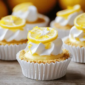 To create your mini lemon cheesecakes, you need a simple list of ingredients. Here’s what you'll need: - 1 cup crushed graham crackers - 1/4 cup unsalted butter, melted - 2 tablespoons granulated sugar - 8 oz cream cheese, softened - 1/2 cup granulated sugar - 1/4 cup sour cream - 2 large eggs - Zest of 2 lemons - 1/4 cup lemon juice - 1 teaspoon vanilla extract - Whipped cream and lemon slices for garnish Each ingredient plays a key role. The crushed graham crackers form a crunchy base. The melted butter binds the crust together. Cream cheese gives the cheesecake its rich and creamy texture. The sugars add sweetness, while lemon zest and juice bring bright, tangy flavor. Sour cream adds a nice creaminess and balances the sweetness. Eggs help set the filling and create a smooth texture. When gathering your ingredients, make sure the cream cheese is soft. This makes mixing easier and prevents lumps. For the best taste, use fresh lemons. Their zest and juice will make your cheesecakes pop with flavor. For a lovely finishing touch, whipped cream and lemon slices make a great garnish. Now you have everything ready for your delightful mini lemon cheesecakes! If you want the full recipe, check it out for more details. - Preheat the oven to 325°F (160°C). - Line a muffin tin with paper liners. To make the crust, you mix three simple ingredients. Combine 1 cup of crushed graham crackers, 1/4 cup of melted butter, and 2 tablespoons of sugar in a bowl. Stir until it looks like wet sand. This mixture will create a tasty base for your cheesecakes. Spoon about 1 tablespoon into each muffin liner. Press down firmly to form a solid crust. Now, let’s make the cheesecake filling. In a bowl, beat 8 oz of softened cream cheese until it’s smooth. Add 1/2 cup of sugar and mix until creamy. Next, add 1/4 cup of sour cream, 2 room temperature eggs, lemon zest from 2 lemons, 1/4 cup of lemon juice, and 1 teaspoon of vanilla extract. Mix on low speed until everything blends well. Pour the cheesecake filling over your crusts. Fill each cup about 3/4 full. This gives them room to rise. Place the tin in the oven and bake for 18-20 minutes. The edges should be firm, but the center should still jiggle a bit. Avoid overbaking to keep them creamy. Once done, let them cool for 15 minutes at room temperature. Then, pop them in the fridge for at least 2 hours. This chilling time helps them set perfectly. Enjoy making these mini lemon cheesecakes! For the full recipe, check the section above. To make your mini lemon cheesecakes shine, follow these tips: - Ensure cream cheese is at room temperature: This helps it blend smoothly. Cold cream cheese can lead to lumps. - Do not overfill muffin cups: Fill each cup only 3/4 full. This allows room for the batter to rise. - Baking time and doneness: Bake for 18-20 minutes. The edges should be set, but the center can jiggle slightly. Overbaking can make them dry. Presentation can elevate your mini cheesecakes. Here are some ideas: - Presentation tips for serving: Arrange cheesecakes on a platter. Add lemon zest or edible flowers for a pop of color. - Pairing with beverages: These mini cheesecakes pair well with iced tea or sparkling water. The lemon flavor complements these drinks. Enjoy creating your delightful mini lemon cheesecakes with these helpful tips! You can find the full recipe above for a step-by-step guide. {{image_4}} You can easily tweak this mini lemon cheesecake recipe to fit different diets. - Gluten-free crust options: Use gluten-free graham cracker crumbs or ground almonds. Both options work well and keep the taste delicious. - No-bake mini cheesecakes: If you want a quick treat, skip the oven. Mix cream cheese, sugar, and lemon juice. Pour into crusts and chill in the fridge. Add your favorite fruits or extracts to change up the flavor. - Adding different fruits or extracts: Consider mixing in fresh berries or a splash of vanilla. This can give your cheesecakes a fun twist. - Lemon blueberry or lemon raspberry options: You can fold in blueberries or raspberries into the filling. This adds color and a sweet burst of flavor to each bite. For the full recipe, check out the detailed steps above. These variations will keep your mini lemon cheesecakes exciting and tasty! To keep your mini lemon cheesecakes fresh, use these tips: - Refrigeration: Store them in an airtight container. This keeps them moist. They stay good in the fridge for up to five days. - Freezing Portions: You can freeze them too! Place each cheesecake in a freezer-safe bag. They last up to three months in the freezer. Just thaw them in the fridge before serving. Wondering how long your mini lemon cheesecakes last? Here are the timeframes: - In the Fridge: They last for about five days. Always check for any signs of spoilage before eating. - In the Freezer: They stay fresh for up to three months. To enjoy them later, simply thaw and serve. By following these tips, you can enjoy your delightful mini cheesecakes any time! For the complete recipe, check out the Full Recipe. Can I use a different type of crust? Yes, you can use different crusts. Some great options are crushed cookies or nuts. Each type adds a unique taste and texture. Try using chocolate cookies for a rich flavor. How do I know when the cheesecakes are done? Check the edges of the cheesecakes. They should look set, while the center is slightly jiggly. If the edges are firm and the center wiggles, they are done. Overbaking can lead to dryness. Can I omit the sour cream? You can skip the sour cream, but it adds creaminess. If you omit it, use more cream cheese. This keeps the texture rich and smooth. You could also use Greek yogurt as a substitute. What is the best way to garnish mini cheesecakes? Garnish with whipped cream and a lemon slice for freshness. You can also add lemon zest for color and flavor. Fresh berries or edible flowers can elevate the look too. For a twist, consider a drizzle of honey. For more details, check the Full Recipe. This article shared a simple way to make mini lemon cheesecakes. We covered ingredients, step-by-step instructions, and helpful tips. You also learned about variations, storage, and common questions. Mini cheesecakes are tasty and fun to make. Try these recipes for your next gathering or treat yourself. Enjoy the process and get creative with flavors. Your friends and family will love your delicious mini cheesecakes!