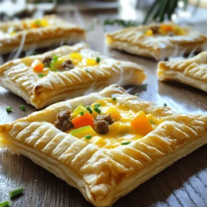 - 2 cups all-purpose flour - 1 cup unsalted butter, cold and cubed - 1 cup shredded cheddar cheese - 1 cup cooked breakfast sausage, crumbled - 1 tablespoon sugar - 1 teaspoon salt - 6-8 tablespoons ice water - 1 tablespoon Dijon mustard - 1/2 cup diced bell peppers - 1 egg, beaten - Black pepper, to taste - Freshly chopped herbs (chives, parsley) - Served alongside fruit salad To make Savory Breakfast Poptarts, you need simple and fresh ingredients. Start with flour, butter, and cheese for the dough. The filling comes from cooked breakfast sausage and cheese. Bell peppers give a sweet crunch. Use Dijon mustard for a hint of tang. I love to use cold butter. It helps the dough stay flaky. Make sure to cube the butter before adding it to the flour mix. You can also add spices like black pepper to boost the flavor. For garnishes, fresh herbs brighten the dish. Chives and parsley add color and taste. Pair these poptarts with a fruit salad for a touch of sweetness. You can find the full recipe to guide you through each step. - Combine flour, salt, and sugar in a bowl. - Add cold butter and mix until it looks crumbly. - Gradually add ice water, mixing gently until it comes together. Start by whisking together the flour, salt, and sugar in a large bowl. This gives your dough a nice base. Next, add the cold butter. I like to use a pastry cutter for this, but your fingers work too! You want to break the butter into tiny bits, so it mixes well. Then, drizzle in the ice water one spoonful at a time. Mix lightly until the dough holds together. It should not be sticky or tough. - Divide the dough and chill for 30 minutes. - Roll out each piece and cut into rectangles. Once your dough is ready, divide it into two equal parts. Wrap each part in plastic wrap and chill in the fridge for about 30 minutes. This helps the dough to be firm and easy to roll. When you’re ready, take one piece out. On a floured surface, roll it out to about 1/8 inch thick. Cut it into rectangles, about 4x6 inches each. Do the same for the second piece. - Mix cheese, sausage, mustard, and peppers in a bowl. - Spoon the filling onto half of the dough rectangles. Now it’s time for the filling! In a bowl, combine shredded cheddar cheese, crumbled sausage, mustard, and diced peppers. Mix until everything is well blended. Take half of your dough rectangles and put a spoonful of filling in the middle of each. Be sure to leave space around the edges for sealing. - Preheat your oven to 400°F. - Brush the poptarts with egg wash and make slits on top. - Bake them until they turn golden brown. Preheat your oven to 400°F (200°C). Line a baking sheet with parchment paper. Brush the edges of the filled dough with beaten egg to help seal them. Place the other rectangles on top and press down the edges firmly. Use a fork to crimp the edges. This adds a nice look too! Make a few small cuts on top to let steam escape. Bake for 20-25 minutes. They should be golden and flaky. Enjoy your Savory Breakfast Poptarts! For the full recipe, check out the earlier section. To make great poptarts, start with the dough. Avoid overworking it. Overworking makes the dough tough. Instead, mix just until it comes together. This keeps the dough light and flaky. Ensure your butter is cold. Cold butter helps create layers. These layers are key for a nice, flaky texture. You can make your filling shine with flavors. Experiment with different cheese types. Try mozzarella, pepper jack, or even feta. Each cheese brings a unique taste. Add spices for extra flavor too. A pinch of paprika or garlic powder can boost your poptarts. Don’t be afraid to get creative! When serving, presentation matters. Warm poptarts look more inviting. Serve them on a colorful platter. Garnish with freshly chopped herbs like chives or parsley. This adds a nice touch. Pair your poptarts with fruit salad. The fresh fruit adds color and a refreshing taste. Enjoy your savory breakfast poptarts with style! {{image_4}} You can customize your poptarts by changing proteins and veggies. For proteins, try ham or crispy bacon instead of sausage. These swaps add fun new flavors. For veggies, consider spinach or mushrooms. They give a fresh taste and nice color. If you follow a gluten-free diet, you can use gluten-free dough. Many stores sell good options. This way, everyone can enjoy these tasty poptarts. For a vegetarian version, skip the sausage. Add extra veggies and maybe some beans for protein. Seasonal flavors can make your poptarts even better. In fall, try adding pumpkin or apple for a cozy vibe. In summer, fresh herbs like basil and zucchini keep things bright. These twists keep your breakfast exciting all year long. To keep your Savory Breakfast Poptarts fresh, store them right. Place leftover poptarts in an airtight container. You can keep them in the fridge for up to three days. If you want to save them longer, freeze them. Wrap each poptart tightly in plastic wrap. Then, place them in a freezer bag. They can stay in the freezer for up to three months. When you want to enjoy your poptarts again, reheating is key. The best way is to use an oven. Preheat it to 350°F (175°C). Place the poptarts on a baking sheet. Heat them for about 10-15 minutes. This method helps them stay crispy. You can also use a toaster oven for a quicker option. Just keep an eye on them, so they don’t burn. If you use a microwave, be careful. Microwaving can make them soggy. If you must, heat them for just 20 seconds and enjoy! To make Savory Breakfast Poptarts, start by mixing flour, salt, and sugar. Then, cut in cold butter until it looks crumbly. Gradually add ice water until the dough forms. Chill the dough, then roll it out. Cut rectangles and fill them with cheese, sausage, and peppers. Seal and bake until golden. For the full recipe, check the earlier section. Yes, you can make the dough ahead of time. After mixing, wrap it tightly in plastic. Store it in the fridge for up to three days. If you want to keep it longer, freeze it for up to a month. Just remember to thaw it overnight in the fridge before using. There are many tasty filling options for your poptarts. Try these savory ideas: - Cooked ham and Swiss cheese - Spinach and feta - Bacon and cheddar - Mushrooms with cream cheese Feel free to mix and match to find your favorites! Absolutely! Savory Breakfast Poptarts are great for meal prep. You can bake a batch and then store them in the fridge. Portion them out for quick breakfasts during the week. To reheat, pop them in the oven or microwave. This way, you enjoy a warm meal in no time! You can make delicious Savory Breakfast Poptarts with simple ingredients and steps. We explored the dough preparation, filling tips, and baking techniques. Remember to chill the dough for flakiness and get creative with fillings. These poptarts are not just tasty; they're also versatile for any meal. Store them right, and you’ll enjoy their fresh taste later. Try different flavors and spices for your versions. You’ll impress everyone with this easy recipe. Enjoy your cooking adventures and share them!