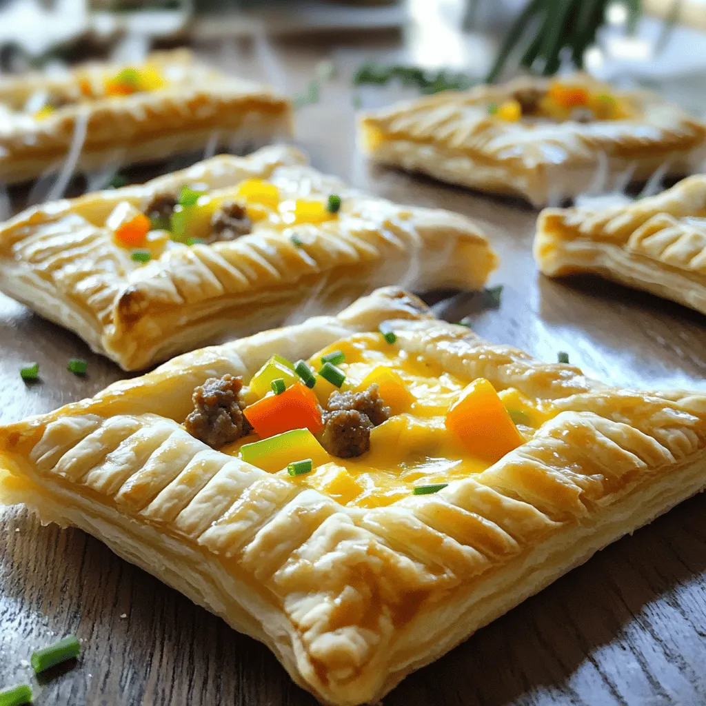 - 2 cups all-purpose flour - 1 cup unsalted butter, cold and cubed - 1 cup shredded cheddar cheese - 1 cup cooked breakfast sausage, crumbled - 1 tablespoon sugar - 1 teaspoon salt - 6-8 tablespoons ice water - 1 tablespoon Dijon mustard - 1/2 cup diced bell peppers - 1 egg, beaten - Black pepper, to taste - Freshly chopped herbs (chives, parsley) - Served alongside fruit salad To make Savory Breakfast Poptarts, you need simple and fresh ingredients. Start with flour, butter, and cheese for the dough. The filling comes from cooked breakfast sausage and cheese. Bell peppers give a sweet crunch. Use Dijon mustard for a hint of tang. I love to use cold butter. It helps the dough stay flaky. Make sure to cube the butter before adding it to the flour mix. You can also add spices like black pepper to boost the flavor. For garnishes, fresh herbs brighten the dish. Chives and parsley add color and taste. Pair these poptarts with a fruit salad for a touch of sweetness. You can find the full recipe to guide you through each step. - Combine flour, salt, and sugar in a bowl. - Add cold butter and mix until it looks crumbly. - Gradually add ice water, mixing gently until it comes together. Start by whisking together the flour, salt, and sugar in a large bowl. This gives your dough a nice base. Next, add the cold butter. I like to use a pastry cutter for this, but your fingers work too! You want to break the butter into tiny bits, so it mixes well. Then, drizzle in the ice water one spoonful at a time. Mix lightly until the dough holds together. It should not be sticky or tough. - Divide the dough and chill for 30 minutes. - Roll out each piece and cut into rectangles. Once your dough is ready, divide it into two equal parts. Wrap each part in plastic wrap and chill in the fridge for about 30 minutes. This helps the dough to be firm and easy to roll. When you’re ready, take one piece out. On a floured surface, roll it out to about 1/8 inch thick. Cut it into rectangles, about 4x6 inches each. Do the same for the second piece. - Mix cheese, sausage, mustard, and peppers in a bowl. - Spoon the filling onto half of the dough rectangles. Now it’s time for the filling! In a bowl, combine shredded cheddar cheese, crumbled sausage, mustard, and diced peppers. Mix until everything is well blended. Take half of your dough rectangles and put a spoonful of filling in the middle of each. Be sure to leave space around the edges for sealing. - Preheat your oven to 400°F. - Brush the poptarts with egg wash and make slits on top. - Bake them until they turn golden brown. Preheat your oven to 400°F (200°C). Line a baking sheet with parchment paper. Brush the edges of the filled dough with beaten egg to help seal them. Place the other rectangles on top and press down the edges firmly. Use a fork to crimp the edges. This adds a nice look too! Make a few small cuts on top to let steam escape. Bake for 20-25 minutes. They should be golden and flaky. Enjoy your Savory Breakfast Poptarts! For the full recipe, check out the earlier section. To make great poptarts, start with the dough. Avoid overworking it. Overworking makes the dough tough. Instead, mix just until it comes together. This keeps the dough light and flaky. Ensure your butter is cold. Cold butter helps create layers. These layers are key for a nice, flaky texture. You can make your filling shine with flavors. Experiment with different cheese types. Try mozzarella, pepper jack, or even feta. Each cheese brings a unique taste. Add spices for extra flavor too. A pinch of paprika or garlic powder can boost your poptarts. Don’t be afraid to get creative! When serving, presentation matters. Warm poptarts look more inviting. Serve them on a colorful platter. Garnish with freshly chopped herbs like chives or parsley. This adds a nice touch. Pair your poptarts with fruit salad. The fresh fruit adds color and a refreshing taste. Enjoy your savory breakfast poptarts with style! {{image_4}} You can customize your poptarts by changing proteins and veggies. For proteins, try ham or crispy bacon instead of sausage. These swaps add fun new flavors. For veggies, consider spinach or mushrooms. They give a fresh taste and nice color. If you follow a gluten-free diet, you can use gluten-free dough. Many stores sell good options. This way, everyone can enjoy these tasty poptarts. For a vegetarian version, skip the sausage. Add extra veggies and maybe some beans for protein. Seasonal flavors can make your poptarts even better. In fall, try adding pumpkin or apple for a cozy vibe. In summer, fresh herbs like basil and zucchini keep things bright. These twists keep your breakfast exciting all year long. To keep your Savory Breakfast Poptarts fresh, store them right. Place leftover poptarts in an airtight container. You can keep them in the fridge for up to three days. If you want to save them longer, freeze them. Wrap each poptart tightly in plastic wrap. Then, place them in a freezer bag. They can stay in the freezer for up to three months. When you want to enjoy your poptarts again, reheating is key. The best way is to use an oven. Preheat it to 350°F (175°C). Place the poptarts on a baking sheet. Heat them for about 10-15 minutes. This method helps them stay crispy. You can also use a toaster oven for a quicker option. Just keep an eye on them, so they don’t burn. If you use a microwave, be careful. Microwaving can make them soggy. If you must, heat them for just 20 seconds and enjoy! To make Savory Breakfast Poptarts, start by mixing flour, salt, and sugar. Then, cut in cold butter until it looks crumbly. Gradually add ice water until the dough forms. Chill the dough, then roll it out. Cut rectangles and fill them with cheese, sausage, and peppers. Seal and bake until golden. For the full recipe, check the earlier section. Yes, you can make the dough ahead of time. After mixing, wrap it tightly in plastic. Store it in the fridge for up to three days. If you want to keep it longer, freeze it for up to a month. Just remember to thaw it overnight in the fridge before using. There are many tasty filling options for your poptarts. Try these savory ideas: - Cooked ham and Swiss cheese - Spinach and feta - Bacon and cheddar - Mushrooms with cream cheese Feel free to mix and match to find your favorites! Absolutely! Savory Breakfast Poptarts are great for meal prep. You can bake a batch and then store them in the fridge. Portion them out for quick breakfasts during the week. To reheat, pop them in the oven or microwave. This way, you enjoy a warm meal in no time! You can make delicious Savory Breakfast Poptarts with simple ingredients and steps. We explored the dough preparation, filling tips, and baking techniques. Remember to chill the dough for flakiness and get creative with fillings. These poptarts are not just tasty; they're also versatile for any meal. Store them right, and you’ll enjoy their fresh taste later. Try different flavors and spices for your versions. You’ll impress everyone with this easy recipe. Enjoy your cooking adventures and share them!