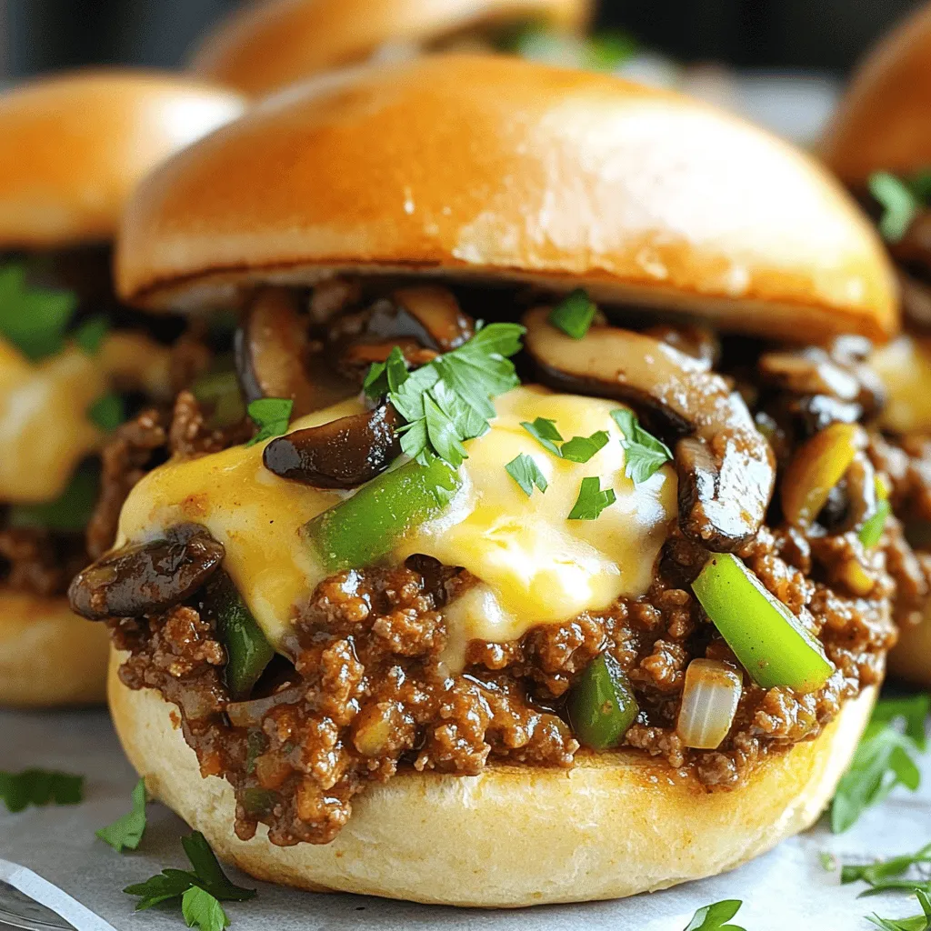 To make Philly cheesesteak sloppy joes, you need fresh and tasty ingredients. Here’s what to gather: - 1 lb ground beef - 1 green bell pepper, diced - 1 small onion, finely chopped - 2 cloves garlic, minced - 1 cup mushrooms, diced - 1 tablespoon Worcestershire sauce - 1 teaspoon salt - 1/2 teaspoon black pepper - 1/2 teaspoon smoked paprika - 1 cup provolone cheese, shredded - 4 hamburger buns - 2 tablespoons olive oil - Fresh parsley, chopped (for garnish) Each ingredient adds its own flavor. The ground beef forms the base, while the veggies bring brightness. Worcestershire sauce adds depth, and provolone cheese melts beautifully on top. Fresh parsley finishes the dish with a burst of color and taste. Make sure to use fresh ingredients for the best results. You can find all these items at your local grocery store or farmer's market. For the full recipe, check the details to guide you through the cooking process smoothly. - Heating the oil and sautéing vegetables: Start by warming the olive oil in a large skillet over medium heat. You want it hot but not smoking. Add the chopped onion and diced green bell pepper. Sauté them for about 3-4 minutes. They should become tender and fragrant. - Cooking the ground beef and draining excess fat: Next, raise the heat to medium-high. Add the ground beef to the skillet. Use a spatula to break the meat apart. Cook for 5-7 minutes, until it turns brown and no longer pink. Carefully drain off any excess fat from the skillet. - Combining flavors and melting cheese: Lower the heat to low. Sprinkle the shredded provolone cheese over the beef mixture. Cover the skillet with a lid for 2-3 minutes. This lets the cheese melt into a gooey delight. - Instructions to sauté veggies and add garlic/mushrooms: After sautéing the onions and peppers, add minced garlic and diced mushrooms. Cook for another 2-3 minutes. You want the mushrooms soft and releasing their moisture. - How to cook and season the beef: Add the meat to the skillet. Season it with Worcestershire sauce, salt, black pepper, and smoked paprika. Stir everything well to mix the flavors. - Tips for melting the cheese and assembling the sandwich: Make sure the heat is low when you add the cheese. This helps it melt without burning. Once melted, spoon the cheesy beef mixture onto the bottom half of each bun. Close the sandwich with the top half. This is just a taste of the full recipe. Enjoy making your Philly Cheesesteak Sloppy Joes! To make the best Philly cheesesteak sloppy joes, use the right heat settings. Start with medium heat for sautéing your veggies. This ensures they cook evenly and become soft. When you add the beef, increase the heat to medium-high. This helps brown the meat and gives it flavor. Always break apart the meat with a spatula for even cooking. For the cheese, melt it perfectly by reducing heat to low. Cover the skillet to trap heat and moisture. This will make the cheese gooey and delicious. Spice up your sloppy joes with extra flavor! Consider adding a dash of hot sauce for heat or some Italian seasoning for a different taste. A splash of barbecue sauce can also give a nice twist. When it comes to buns, choose sturdy ones that can hold the filling. Brioche or hoagie rolls work great. They add a touch of sweetness and won't fall apart. For a fun option, try pretzel buns for added flavor and texture. You can find the full recipe for making these tasty sandwiches. Enjoy your cooking! {{image_4}} You can swap ground beef for ground turkey or chicken. These meats make the dish lighter. They still taste great and keep the flavor. Just use the same steps in the recipe. For a vegan option, try using lentils or crumbled tofu. Both work well and soak up flavors nicely. They are good choices for a plant-based meal. Cheese is key to a great Philly cheesesteak sloppy joe. While provolone is classic, you can explore other cheeses. Try Swiss for a nutty taste or cheddar for sharpness. Mixing cheeses can add depth. For example, combine provolone and mozzarella for a creamy blend. This gives your sloppy joes a unique twist. Feel free to experiment and find your favorite cheese combo! To store leftovers, let them cool to room temperature. Place the sloppy joe mix in an airtight container. This helps keep it fresh for about three days in the fridge. When reheating, use a skillet over low heat. Stir often to keep it from sticking or drying out. You can also add a splash of water for moisture. To freeze the cheesesteak mixture, let it cool first. Then, place it in a freezer-safe bag or container. Be sure to remove as much air as possible. This keeps the mixture fresh for up to three months. When ready to eat, thaw it overnight in the fridge. Reheat it on the stove until hot. You can serve it on fresh buns for a tasty meal. For the full recipe, check the link above. What is the origin of Philly cheesesteak sloppy joes? Philly cheesesteak sloppy joes combine two classic dishes. The cheesesteak comes from Philadelphia. It features thin beef slices and melted cheese. Sloppy joes are known for their messy, saucy meat. This dish takes flavors from both to create a fun meal. Can I make this recipe ahead of time? Yes, you can prepare the beef mixture ahead of time. Cook it, then let it cool. Store it in the fridge for up to three days. When you're ready to eat, just reheat it on the stove. Add the cheese right before serving for the best taste. How can I customize the spice level? You can adjust the spice level easily. Add more black pepper for heat. For extra flavor, try cayenne pepper or hot sauce. If you want it milder, skip the smoked paprika. What can I use instead of provolone cheese? If you don't have provolone, try mozzarella or cheddar. Both melt well and taste great. You can also experiment with pepper jack for a spicy kick. Is it possible to make this gluten-free? Yes, you can make this dish gluten-free. Use gluten-free buns or lettuce wraps instead. Ensure all sauces and seasonings are gluten-free too. Ideas for sides to pair with Philly Cheesesteak Sloppy Joes Crispy potato chips make a great side. A simple green salad adds freshness. You can also serve it with coleslaw for a crunchy contrast. Recommended beverages to complement the meal A cold soda works well with the rich flavors. You might enjoy a light beer too. Lemonade adds a fresh touch to balance the meal. This blog post guides you in making delicious Philly cheesesteak sloppy joes. I covered essential ingredients, cooking steps, and storage tips. You learned how to sauté veggies and cook beef while ensuring a tasty sandwich assembly. Don’t forget to try variations and customizations for different meats and cheeses. With proper storage, you can keep leftovers fresh. I hope this recipe inspires you to enjoy a comforting meal. Keep experimenting in the kitchen to make it your own!