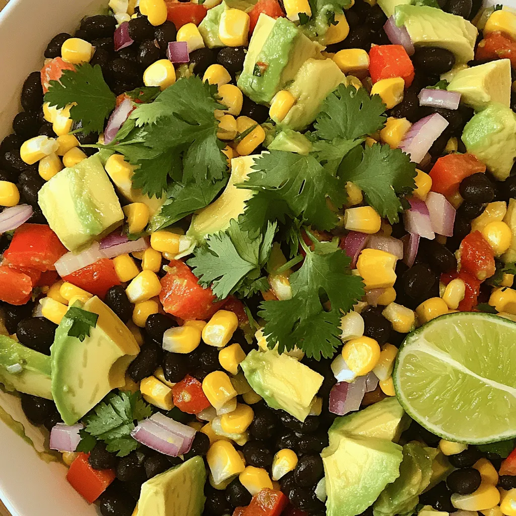 The heart of Black Bean Corn Salad lies in its fresh, vibrant ingredients. Here's what you need: - 1 can (15 oz) black beans, thoroughly rinsed and drained - 2 cups corn kernels (can be fresh or frozen) - 1 large red bell pepper, diced into bite-sized pieces - 1/2 medium red onion, finely chopped - 1 ripe avocado, diced - 1/4 cup fresh cilantro, roughly chopped - 3 tablespoons extra virgin olive oil - 2 tablespoons fresh lime juice - 1 teaspoon ground cumin - 1/2 teaspoon smoked paprika - Salt and freshly ground black pepper, to taste These ingredients blend together to create a salad that is both tasty and colorful. The black beans provide protein and fiber. Corn adds sweetness and crunch. The red bell pepper gives a nice crunch and a pop of color. The onion adds a mild bite, while the avocado brings creaminess. Finally, cilantro offers a refreshing finish. Feel free to customize your salad! Here are some fun ideas to add more flair: - Jalapeños: For some heat, add diced jalapeños. They bring a spicy kick that pairs well with the other flavors. - Feta Cheese: Crumbled feta adds a salty, creamy element. It enhances the salad’s richness. - Diced Tomatoes: Fresh tomatoes add juiciness and more color. - Chopped Olives: Black or green olives can give a briny note that contrasts nicely with the sweet corn. - Corn Salsa: If you want even more flavor, try adding a store-bought corn salsa for extra zest. This salad is not just delicious; it's also good for you! Here’s a breakdown of its nutritional benefits: - Caloric Information: A serving of this salad has around 200 calories. - Black Beans: They are high in protein and fiber, helping you feel full. - Corn: Provides vitamins A and C, boosting your immune system. - Avocado: Packed with healthy fats, it supports heart health. - Cilantro: Offers antioxidants and can aid digestion. With these ingredients, this salad is a powerhouse of nutrients while being light and refreshing. Enjoy it as a side dish or a main course! Start by rinsing and draining the black beans. This step removes excess sodium and preserves their taste. Place the beans in a large mixing bowl. Next, add the corn kernels. You can use fresh corn for crunch or frozen corn for ease. Then, chop your red bell pepper into small pieces. Add this to the bowl too. Now, finely chop the red onion and add it in. Finally, dice the ripe avocado and fold it in gently to keep it intact. In a small bowl, whisk together the olive oil and fresh lime juice. Add ground cumin and smoked paprika for flavor. Season with salt and freshly ground black pepper. Whisk until the dressing is smooth and well combined. This dressing will tie all the flavors together. Now it’s time to mix everything! Drizzle the dressing over the black bean and corn mixture. Carefully toss the salad with a spatula or a large spoon. Make sure all ingredients are coated, but be gentle with the avocado. It should stay in chunks. Finally, fold in the chopped cilantro last. This keeps the color bright. Taste your salad and adjust seasonings if needed. Let it rest for about 10 minutes. This helps the flavors blend nicely. Enjoy your fresh creation! For full details, check the Full Recipe. When making a black bean corn salad, choose fresh and ripe ingredients. This makes a big difference in taste. For the black beans, select a can with no added salt. Rinse them well to remove excess sodium. For corn, fresh kernels are best. They give a sweet crunch. If fresh isn’t an option, frozen works well too. Pick a bright red bell pepper. It adds color and sweetness. When choosing an avocado, look for one that is slightly soft but not mushy. The onion should be firm and vibrant. Fresh cilantro is a must; it brings a burst of flavor. Present this salad in a large, white bowl. It highlights the colorful mix of beans, corn, and veggies. For a fun touch, add lime wedges around the bowl. This way, guests can squeeze more lime on their salad if they wish. This salad pairs well with grilled chicken or fish. The freshness cuts through rich flavors. You can also serve it with tortilla chips for a crunchy side. One common mistake is over-mixing the salad. When combining, toss gently. You want the avocado pieces to stay intact. If they mash, the salad can become mushy. Another issue is dressing balance. Too much dressing can drown the flavors. Start with a little, then add more to taste. Always let the salad rest for a few minutes before serving. This helps the flavors mix nicely without losing freshness. For the full recipe, check out the Zesty Black Bean & Corn Fiesta Salad. {{image_4}} If you like some heat, add jalapeños to your salad. Diced fresh jalapeños bring a nice kick. You can also use hot sauce for an extra spicy touch. Just a few drops can make a big difference. Adjust the heat to your taste. Start with a small amount and add more if you like. This spicy twist makes the salad exciting and bold. For a creamy delight, try a dressing with avocado or yogurt. To make this dressing, mash one ripe avocado in a bowl. Mix in lime juice, a bit of salt, and pepper. If you want to use yogurt, choose plain Greek yogurt for a tangy flavor. Combine it with lime juice and salt for a smooth dressing. This creamy version adds richness and pairs well with the other ingredients. You can change the salad based on what’s fresh and in season. In summer, add diced tomatoes or cucumber for extra crunch. In fall, consider adding roasted sweet potatoes or butternut squash. These seasonal swaps keep the salad fresh and interesting all year round. Feel free to get creative with what you find at the market. Each season brings new flavors to explore. For the full recipe, check out the detailed instructions above. To keep your black bean corn salad fresh, store it in an airtight container. Place the salad in the fridge right after serving. This helps to keep the flavors vibrant and the veggies crisp. If you notice any leftover dressing, store it separately. This keeps the salad from becoming soggy. Enjoy it within three days for the best taste. I do not recommend freezing this salad. The texture of the beans and veggies changes in the freezer. When thawed, the salad becomes mushy and loses its fresh taste. If you want to prepare in advance, make the salad without the avocado and cilantro. You can add those fresh ingredients when you're ready to eat. When stored properly in the fridge, the black bean corn salad lasts about three to four days. After that, the quality starts to decline. Always check for any off smells or discoloration before eating. This ensures you enjoy the best flavors and textures from your delicious creation. Yes, you can use canned corn. Canned corn is quick and easy. It saves time and still tastes good. Just drain and rinse it before using. Fresh corn adds a nice crunch, but canned works well too. Absolutely! This salad is vegan-friendly. All the ingredients come from plants. The black beans, corn, and veggies are great choices. Even the dressing is made with olive oil and lime juice. This salad fits well into a vegan diet. You can make this salad ahead of time. Chop the veggies and mix them. Store them in the fridge for up to a day. Keep the dressing separate to keep it fresh. Mix everything together just before serving. This way, you get the best flavor and texture. This salad pairs well with many dishes. You can serve it with grilled chicken or fish for a hearty meal. It also goes great with tacos or burritos. For a lighter option, enjoy it with a side of rice or quinoa. The salad adds color and flavor to any plate. For the full recipe, check out the Zesty Black Bean & Corn Fiesta Salad! We covered key ingredients like black beans and corn. I discussed dressings and optional toppings too. I shared tips for making, serving, and storing your salad. You can modify the recipe to suit your taste or diet. Remember, fresh ingredients lead to the best flavor. Enjoy trying different variations to keep it fun. With these easy steps and tips, you'll create a great salad every time. Now, get cooking and enjoy your tasty creation!