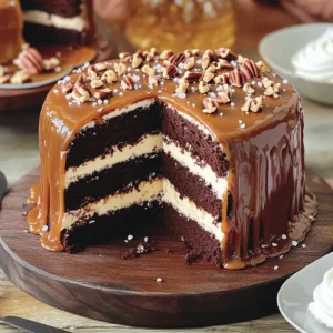 - 1 ¾ cups all-purpose flour - 1 ½ cups granulated sugar - ¾ cup unsweetened cocoa powder - 1 ½ teaspoons baking powder - 1 ½ teaspoons baking soda - 1 teaspoon salt - 2 large eggs - 1 cup whole milk - ½ cup vegetable oil - 2 teaspoons vanilla extract - 1 cup boiling water - 1 cup pecans, chopped - 1 cup caramel sauce (store-bought or homemade) - 1 cup chocolate ganache - Sea salt for garnish To make a Turtle Chocolate Layer Cake, you need to gather some key ingredients. Start with flour, sugar, and cocoa powder. These form the base of the cake. Baking powder, baking soda, and salt help the cake rise. You will also need two large eggs for structure. Whole milk adds moisture, while vegetable oil keeps the cake tender. Don’t forget the vanilla extract for flavor! The secret to a rich cake lies in the boiling water. It makes the batter smooth and helps the cocoa shine. For the turtle effect, we add chopped pecans and a delicious caramel sauce. Finally, chocolate ganache adds a glossy finish. This cake is all about layers, flavors, and fun textures. Each bite will be rich and sweet. If you want the full details, check out the Full Recipe. - Preheat your oven to 350°F (175°C). - Grease three 9-inch round cake pans with butter or oil. - Dust the pans lightly with flour to help the cakes release easily later. - In a large bowl, combine the dry ingredients. Whisk together the flour, sugar, cocoa powder, baking powder, baking soda, and salt until they are well mixed. - Next, in another bowl, mix the wet ingredients. Add the eggs, whole milk, vegetable oil, and vanilla extract. Beat this mixture on medium speed for about 2 minutes. You want it smooth and well blended. - Now, carefully stir in the boiling water. This step makes the batter thin, which is just what we want for a moist cake. - Evenly distribute the batter into the prepared cake pans. Make sure each pan gets the same amount for even baking. - Bake in the preheated oven for 30 to 35 minutes. To check if they are done, insert a toothpick into the center. If it comes out clean, the cakes are ready. - Once baked, let the cakes cool in their pans for about 10 minutes. Then, remove them from the pans and let them cool completely on a wire rack. - When the cakes are cool, place one layer on a serving platter. Spread a generous layer of caramel sauce on top and sprinkle with chopped pecans. - Add the second layer on top and repeat with more caramel and pecans. - Finally, place the last cake layer on top. Pour rich chocolate ganache over the top, letting it flow down the sides for a beautiful finish. To ensure even baking, always preheat your oven. This helps the cake rise properly. Use an oven thermometer to check the temperature. If your oven runs hot or cold, adjust the time or temperature as needed. To test for doneness, insert a toothpick into the center of the cake. If it comes out clean, your cake is ready. When serving, place slices on individual plates for a nice touch. Drizzle extra caramel sauce over each slice for added flavor. You can also sprinkle more chopped pecans on top. This adds crunch and looks great. For a fancy finish, add a dollop of whipped cream on the side. To mix and bake more efficiently, gather all your ingredients first. Measure them out before you start mixing. Use a stand mixer if you have one; it saves time and energy. For time-saving techniques, consider making your caramel sauce ahead of time. This way, you can focus on the cake layers. For the full recipe, check out the complete guide. {{image_4}} You can change the nuts in the Turtle Chocolate Layer Cake. Try hazelnuts or walnuts for a new taste. Each nut gives a unique crunch and flavor. You can also switch the chocolate type. Dark chocolate adds richness, while milk chocolate gives sweetness. Both will taste great! If you need gluten-free options, use gluten-free flour instead of all-purpose flour. This keeps the cake soft. For vegan substitutes, you can replace eggs with flaxseed meal or applesauce. Use almond or oat milk instead of whole milk. These swaps help everyone enjoy the cake. Serve this cake warm with a scoop of vanilla ice cream. The cold ice cream pairs well with the warm cake. You can also top it with whipped cream for extra creaminess. Another fun idea is to make mini cakes or cupcakes with the batter. These bite-sized treats are perfect for parties! For more ideas, check out the Full Recipe. To keep your Turtle Chocolate Layer Cake fresh, wrap it well. Use plastic wrap or foil to cover each slice. Place the wrapped cake in the fridge. This keeps it moist and prevents odors from other foods. If you want to freeze it, cut the cake into slices first. Wrap each slice tightly in plastic wrap. Then, put them in a freezer-safe bag or container. This way, you can enjoy a piece later without losing flavor. In the fridge, your cake stays fresh for about 4 to 5 days. Check for signs of spoilage. If the cake smells off or has a dry texture, it’s time to toss it. Mold is also a clear sign that the cake is no longer good. To restore the cake’s soft texture, reheat it gently. Use the microwave for short bursts. Heat each slice for 10 to 15 seconds. Check if it’s warm enough, but don’t overdo it. You can also use the oven. Preheat it to 350°F (175°C) and place the cake on a baking sheet. Heat for about 5 to 10 minutes. This method keeps the cake moist and tasty. Enjoy your delicious dessert! The Turtle Chocolate Layer Cake comes from the classic turtle candy. The candy has chocolate, caramel, and pecans. It became popular in the U.S. in the 1920s. The cake combines these flavors into a rich dessert. It has won hearts for its sweet and nutty taste. Yes, you can bake the cake a day in advance. Bake the layers and let them cool. Wrap each layer in plastic wrap. Store them in the fridge. This keeps them fresh and moist. You can frost the cake on the day you serve it. If you have a nut allergy, try using sunflower seeds. Chopped oats can also work well. For a crunch, consider crispy rice cereal. These options keep the texture without nuts. Making homemade caramel is simple! You need sugar, water, and cream. Here’s a quick recipe: 1. In a saucepan, combine 1 cup sugar and 1/4 cup water. 2. Cook over medium heat until it turns golden brown. 3. Remove from heat and add 1/2 cup heavy cream slowly. 4. Stir until smooth and let it cool. Absolutely! This cake shines at birthdays and parties. Its layers and toppings make it a showstopper. Serve it at gatherings or family events for a sweet treat. Everyone will love its rich flavors. Yes, you can! Cream cheese frosting adds a tangy touch. A whipped cream frosting will give a light feel. You could also try peanut butter frosting for a twist. Each option brings a unique flavor to the cake. Baking this cake takes about 30 to 35 minutes. Prep time is around 30 minutes. So, the total time is about 1 hour. Make sure to check with a toothpick to see if it's done. In this post, we explored making a Turtle Chocolate Layer Cake. We covered the ingredients, step-by-step instructions, and tips for success. You learned how to layer the cake and add delicious toppings. Remember, this cake is adaptable with flavor and dietary options. Store leftovers carefully and enjoy them later. Whether for a birthday or special occasion, this cake will impress anyone. Now, it’s your turn to create this tasty treat and amaze your friends and family with your baking skills. Enjoy every bite!