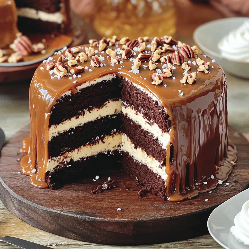 - 1 ¾ cups all-purpose flour - 1 ½ cups granulated sugar - ¾ cup unsweetened cocoa powder - 1 ½ teaspoons baking powder - 1 ½ teaspoons baking soda - 1 teaspoon salt - 2 large eggs - 1 cup whole milk - ½ cup vegetable oil - 2 teaspoons vanilla extract - 1 cup boiling water - 1 cup pecans, chopped - 1 cup caramel sauce (store-bought or homemade) - 1 cup chocolate ganache - Sea salt for garnish To make a Turtle Chocolate Layer Cake, you need to gather some key ingredients. Start with flour, sugar, and cocoa powder. These form the base of the cake. Baking powder, baking soda, and salt help the cake rise. You will also need two large eggs for structure. Whole milk adds moisture, while vegetable oil keeps the cake tender. Don’t forget the vanilla extract for flavor! The secret to a rich cake lies in the boiling water. It makes the batter smooth and helps the cocoa shine. For the turtle effect, we add chopped pecans and a delicious caramel sauce. Finally, chocolate ganache adds a glossy finish. This cake is all about layers, flavors, and fun textures. Each bite will be rich and sweet. If you want the full details, check out the Full Recipe. - Preheat your oven to 350°F (175°C). - Grease three 9-inch round cake pans with butter or oil. - Dust the pans lightly with flour to help the cakes release easily later. - In a large bowl, combine the dry ingredients. Whisk together the flour, sugar, cocoa powder, baking powder, baking soda, and salt until they are well mixed. - Next, in another bowl, mix the wet ingredients. Add the eggs, whole milk, vegetable oil, and vanilla extract. Beat this mixture on medium speed for about 2 minutes. You want it smooth and well blended. - Now, carefully stir in the boiling water. This step makes the batter thin, which is just what we want for a moist cake. - Evenly distribute the batter into the prepared cake pans. Make sure each pan gets the same amount for even baking. - Bake in the preheated oven for 30 to 35 minutes. To check if they are done, insert a toothpick into the center. If it comes out clean, the cakes are ready. - Once baked, let the cakes cool in their pans for about 10 minutes. Then, remove them from the pans and let them cool completely on a wire rack. - When the cakes are cool, place one layer on a serving platter. Spread a generous layer of caramel sauce on top and sprinkle with chopped pecans. - Add the second layer on top and repeat with more caramel and pecans. - Finally, place the last cake layer on top. Pour rich chocolate ganache over the top, letting it flow down the sides for a beautiful finish. To ensure even baking, always preheat your oven. This helps the cake rise properly. Use an oven thermometer to check the temperature. If your oven runs hot or cold, adjust the time or temperature as needed. To test for doneness, insert a toothpick into the center of the cake. If it comes out clean, your cake is ready. When serving, place slices on individual plates for a nice touch. Drizzle extra caramel sauce over each slice for added flavor. You can also sprinkle more chopped pecans on top. This adds crunch and looks great. For a fancy finish, add a dollop of whipped cream on the side. To mix and bake more efficiently, gather all your ingredients first. Measure them out before you start mixing. Use a stand mixer if you have one; it saves time and energy. For time-saving techniques, consider making your caramel sauce ahead of time. This way, you can focus on the cake layers. For the full recipe, check out the complete guide. {{image_4}} You can change the nuts in the Turtle Chocolate Layer Cake. Try hazelnuts or walnuts for a new taste. Each nut gives a unique crunch and flavor. You can also switch the chocolate type. Dark chocolate adds richness, while milk chocolate gives sweetness. Both will taste great! If you need gluten-free options, use gluten-free flour instead of all-purpose flour. This keeps the cake soft. For vegan substitutes, you can replace eggs with flaxseed meal or applesauce. Use almond or oat milk instead of whole milk. These swaps help everyone enjoy the cake. Serve this cake warm with a scoop of vanilla ice cream. The cold ice cream pairs well with the warm cake. You can also top it with whipped cream for extra creaminess. Another fun idea is to make mini cakes or cupcakes with the batter. These bite-sized treats are perfect for parties! For more ideas, check out the Full Recipe. To keep your Turtle Chocolate Layer Cake fresh, wrap it well. Use plastic wrap or foil to cover each slice. Place the wrapped cake in the fridge. This keeps it moist and prevents odors from other foods. If you want to freeze it, cut the cake into slices first. Wrap each slice tightly in plastic wrap. Then, put them in a freezer-safe bag or container. This way, you can enjoy a piece later without losing flavor. In the fridge, your cake stays fresh for about 4 to 5 days. Check for signs of spoilage. If the cake smells off or has a dry texture, it’s time to toss it. Mold is also a clear sign that the cake is no longer good. To restore the cake’s soft texture, reheat it gently. Use the microwave for short bursts. Heat each slice for 10 to 15 seconds. Check if it’s warm enough, but don’t overdo it. You can also use the oven. Preheat it to 350°F (175°C) and place the cake on a baking sheet. Heat for about 5 to 10 minutes. This method keeps the cake moist and tasty. Enjoy your delicious dessert! The Turtle Chocolate Layer Cake comes from the classic turtle candy. The candy has chocolate, caramel, and pecans. It became popular in the U.S. in the 1920s. The cake combines these flavors into a rich dessert. It has won hearts for its sweet and nutty taste. Yes, you can bake the cake a day in advance. Bake the layers and let them cool. Wrap each layer in plastic wrap. Store them in the fridge. This keeps them fresh and moist. You can frost the cake on the day you serve it. If you have a nut allergy, try using sunflower seeds. Chopped oats can also work well. For a crunch, consider crispy rice cereal. These options keep the texture without nuts. Making homemade caramel is simple! You need sugar, water, and cream. Here’s a quick recipe: 1. In a saucepan, combine 1 cup sugar and 1/4 cup water. 2. Cook over medium heat until it turns golden brown. 3. Remove from heat and add 1/2 cup heavy cream slowly. 4. Stir until smooth and let it cool. Absolutely! This cake shines at birthdays and parties. Its layers and toppings make it a showstopper. Serve it at gatherings or family events for a sweet treat. Everyone will love its rich flavors. Yes, you can! Cream cheese frosting adds a tangy touch. A whipped cream frosting will give a light feel. You could also try peanut butter frosting for a twist. Each option brings a unique flavor to the cake. Baking this cake takes about 30 to 35 minutes. Prep time is around 30 minutes. So, the total time is about 1 hour. Make sure to check with a toothpick to see if it's done. In this post, we explored making a Turtle Chocolate Layer Cake. We covered the ingredients, step-by-step instructions, and tips for success. You learned how to layer the cake and add delicious toppings. Remember, this cake is adaptable with flavor and dietary options. Store leftovers carefully and enjoy them later. Whether for a birthday or special occasion, this cake will impress anyone. Now, it’s your turn to create this tasty treat and amaze your friends and family with your baking skills. Enjoy every bite!
