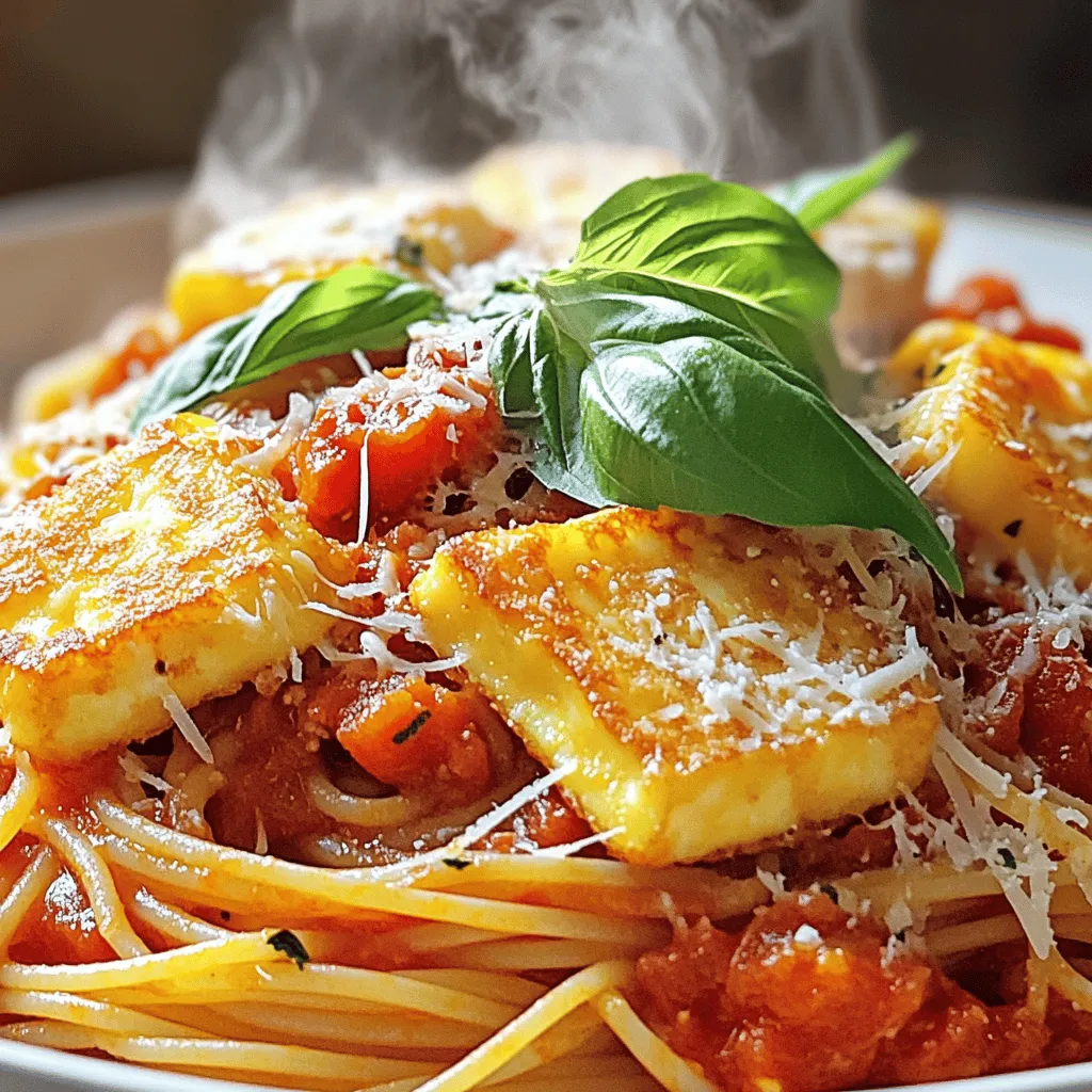 - Spaghetti or preferred pasta - Halloumi cheese - Diced tomatoes - Onion and garlic - Grated Parmesan cheese - Fresh basil leaves - Olive oil, salt, and pepper - Dried oregano and granulated sugar Gathering the right ingredients makes cooking easy and fun. Start with 250 grams of spaghetti or your favorite pasta. Halloumi cheese, about 200 grams, is key for a tasty twist. You’ll also need one can of diced tomatoes, which gives the sauce its rich flavor. Don’t forget one small onion and two cloves of garlic for depth. For optional touches, grated Parmesan cheese adds a creamy finish. Fresh basil leaves brighten the dish and offer a pop of color. You’ll need essential cooking items too. Extra virgin olive oil helps cook the halloumi and onion. Salt and pepper enhance all the flavors. Dried oregano adds that classic Italian vibe, while a bit of granulated sugar balances the acidity of the tomatoes. Ready to dive into cooking? The full recipe is just a step away! Start by filling a large pot with water. Add a good amount of salt to the water. Bring this to a boil over high heat. When the water is boiling, add your pasta. For spaghetti, it usually takes about 8-10 minutes to cook. You want it to be al dente, which means firm to the bite. Before draining, save about half a cup of that starchy pasta water. This water will help your sauce later. After saving the water, drain the pasta in a colander and set it aside. Next, grab a non-stick skillet. Heat up some extra virgin olive oil over medium heat. Once the oil is hot, carefully add the halloumi slices. Cook them for about 2-3 minutes on each side. You want them to be golden brown and crispy. After cooking, take them out of the skillet and place them on a plate. Keep them warm while you work on the sauce. Now it's time for the sauce. In the same skillet, add your finely diced onion. Sauté it over medium heat for about 3-4 minutes. You want the onion to turn translucent and soft. Then add the minced garlic and cook for one more minute. This will make your kitchen smell amazing! After that, pour in the canned diced tomatoes along with their juice. Add in the dried oregano, sugar, salt, and pepper. Let the sauce simmer gently for about 10-15 minutes. Stir it occasionally, so the flavors mix well and the sauce thickens. Once your sauce is ready, it’s time to mix in the pasta. Carefully add the drained pasta into the skillet with the sauce. If it looks too thick, use some of that reserved pasta water. Slowly add it while stirring. This helps the sauce coat the pasta nicely. Toss everything together well so every piece of pasta gets covered in delicious sauce. For serving, plate your pasta generously. Then, lay the crispy halloumi slices on top. To make it look beautiful, add fresh basil leaves. If you like, sprinkle some grated Parmesan cheese for an extra touch of flavor. Serve the pasta on warm plates to keep it cozy. You can even add a sprig of basil on top for that special look. Enjoy your meal! - Achieving a crispy texture: To get that perfect crispy halloumi, make sure your skillet is hot. Heat the olive oil on medium heat until it shimmers. This helps the cheese get golden and crunchy. - Preventing sticking in the skillet: Use a non-stick skillet for easy cooking. If you find your halloumi sticking, try adding a bit more oil. This will help it release easily. - Suggestions for spices and herbs: To boost flavor, add a pinch of red pepper flakes or a sprinkle of smoked paprika. Fresh or dried herbs like thyme or parsley also work well. - Adding a splash of wine or lemon juice: A splash of white wine can brighten the sauce. If you prefer, a squeeze of lemon juice adds zest and enhances the dish's freshness. - Overcooking pasta: To avoid mushy pasta, cook it until it’s al dente. This means it should be firm when you bite into it. Always check the package for timing. - Skipping the reserved pasta water: Do not forget to save some pasta water. This starchy water helps the sauce cling to the pasta. It also lets you adjust sauce thickness easily. For the complete cooking guide, check out the Full Recipe. {{image_4}} You can change the pasta type to fit your taste. Use penne, fusilli, or gluten-free pasta. Each adds a new twist. If you want different cheese, try feta or mozzarella. For protein, add cooked chicken or chickpeas for a heartier dish. Adding veggies makes this dish more colorful. Spinach wilts nicely in the sauce. Bell peppers add crunch and sweetness. You can also use seasonal herbs like thyme or rosemary. They boost flavor and freshness. Pair your pasta with a simple salad. A mix of greens and cherry tomatoes works well. Garlic bread is another great choice. It soaks up the rich sauce perfectly. For drinks, a light white wine like Sauvignon Blanc complements the meal nicely. For the full recipe, check the section above. To keep your pasta fresh, let it cool first. Place the pasta in an airtight container. This helps preserve the flavor. You can store it in the fridge for up to three days. Make sure to seal it tight to avoid dryness. When reheating, I recommend using a skillet. Add a splash of water or oil to keep it moist. Heat over low to medium heat. Stir gently to avoid sticking. You can also microwave it, but be careful not to overheat it. This can change the texture and flavor. Yes, you can freeze this pasta dish. To do this, let it cool completely first. Place it in a freezer-safe container. It can last up to three months in the freezer. When ready to eat, thaw it overnight in the fridge. Reheat it on the stove or in the microwave. This helps maintain its taste and texture. For the best results, avoid freezing the halloumi separately. I recommend using spaghetti for its long, thin shape. It holds the sauce well. You can use other types too, like penne or fettuccine. Choose what you love! Yes, you can make this dish vegan. Substitute halloumi with a plant-based cheese. Use a vegan pasta too. This keeps the meal tasty and plant-friendly. It takes about 30 minutes to prepare this dish. You’ll spend around 10 minutes prepping. The cooking part takes about 20 minutes. It’s quick and easy! Absolutely! You can make the sauce a day ahead. Store it in the fridge. Just reheat it when you’re ready to serve with the pasta. Yes, halloumi is great for grilling! It has a high melting point. This means it gets nice and crispy on the outside while staying soft inside. Enjoy those grill marks! For the full recipe, check out the details above. This blog post covered making a delicious pasta dish with halloumi cheese. We discussed the key ingredients, cooking steps, and tips for flavor. You can customize this dish with your favorite pasta and seasonal veggies. Remember, avoid common mistakes like overcooking pasta. When you store leftovers, keep them in the fridge or freeze for later. Enjoy your cooking with these easy steps and variations to keep it fun! You now have the tools to create something tasty and unique.