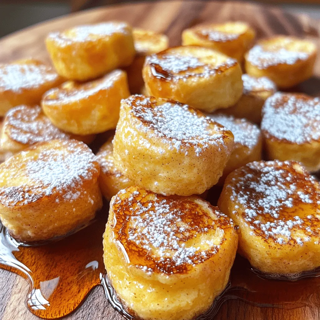 - 1 can (12 oz) refrigerated cinnamon rolls, cut into quarters - 4 large eggs - 1/2 cup milk - 1 teaspoon vanilla extract - 1 teaspoon ground cinnamon - 1/4 cup granulated sugar - 2 tablespoons butter (for cooking) - Maple syrup (for serving) - Powdered sugar (for dusting) To make Cinnamon Roll French Toast Bites, you need just a few simple ingredients. The main star of this treat is the cinnamon rolls. Using pre-made rolls saves you time and effort. Cut them into quarters so they soak up the egg mixture better. Next, you’ll need eggs. They help bind everything together and give the bites a fluffy texture. Milk adds creaminess and richness. A splash of vanilla extract brings a warm, sweet aroma. Ground cinnamon enhances the flavor, making these bites taste like dessert. Granulated sugar adds sweetness to the mix. You also need some butter for cooking. It gives the bites a nice golden color and a delicious taste. Finally, prepare maple syrup for serving. A dusting of powdered sugar makes your bites look extra special. For the full recipe, check out the detailed steps to create this tasty treat! - Preheat your oven to 375°F (190°C) and prepare a baking sheet with parchment paper. - In a large mixing bowl, whisk together 4 large eggs, 1/2 cup milk, 1 teaspoon vanilla extract, 1/4 cup granulated sugar, and 1 teaspoon ground cinnamon. - Add 1 can of quartered cinnamon roll pieces into the egg mixture and let sit for 5-10 minutes. - Heat a non-stick skillet over medium heat and melt 2 tablespoons of butter. - Cook each coated cinnamon roll piece for 2-3 minutes per side until golden brown. - Transfer cooked bites to the baking sheet and bake for 10 minutes. These steps will guide you through making Cinnamon Roll French Toast Bites. You’ll find that they are simple and fun to prepare, perfect for sharing with friends or family. If you want the full recipe, check out the [Full Recipe]. - Ensure even coating of cinnamon rolls for balanced flavor. This step makes each bite delicious. - Maintain medium heat to prevent burning. Too high of heat can ruin your bites. - Use a non-stick skillet for easier cooking. This helps keep the bites intact and golden. - Serve with warm maple syrup for dipping. This adds sweetness and a tasty touch. - Dust with powdered sugar before serving. It makes your bites look pretty and inviting. - Pair with fresh fruit for a balanced meal. Fruits add color and nutrition to your plate. {{image_4}} You can change up the taste of your cinnamon roll French toast bites easily. Here are some fun ideas: - Add chocolate chips for a sweeter twist. They melt and create a gooey center. - Incorporate nuts for extra crunch. Walnuts or pecans work well for a nice bite. - Use flavored coffee creamer instead of milk for rich flavor. Try hazelnut or vanilla for a fun twist. You can also make these bites fit different diets: - Substitute eggs with a flax or chia seed mixture for vegan options. Mix 1 tablespoon of flaxseed with 2.5 tablespoons of water for each egg. - Use almond milk or oat milk for a dairy-free recipe. These options keep it creamy and tasty. - Opt for gluten-free cinnamon rolls to accommodate dietary restrictions. Many brands offer tasty gluten-free options. These variations make the recipe versatile. You can enjoy it as is or tailor it to your taste! For more details, check the Full Recipe. Store leftover cinnamon roll bites in an airtight container in the fridge for up to 3 days. This keeps them fresh and tasty. You can enjoy them for breakfast or a quick snack. Just make sure the container seals tightly to keep the moisture in. To reheat, simply pop them in the microwave for 20-30 seconds. If you prefer the oven, set it to 350°F (175°C) and heat for 5-10 minutes. This method helps maintain their crispy edges while warming the inside. Enjoy your treats just like when they were fresh! For the full recipe, check the earlier section. - Prep Time: 15 minutes. - Yes, you can prepare the mixture a few hours in advance and cook just before serving. This helps save time, especially for brunch. - Yes, they can be frozen for up to 2 months. Thaw and reheat as necessary. This makes them a great option for meal prep. - They should be golden brown and slightly firm to the touch after cooking and baking. This means they are perfectly cooked and ready to enjoy. This blog detailed how to make delicious Cinnamon Roll French Toast Bites. You learned about key ingredients and step-by-step cooking instructions, plus tips for perfect bites. We also covered fun flavor variations and how to adjust for diet needs. Don't forget, proper storage can keep them fresh for later. Enjoy making these bites with family or friends. They’re easy, fun, and sure to please everyone!
