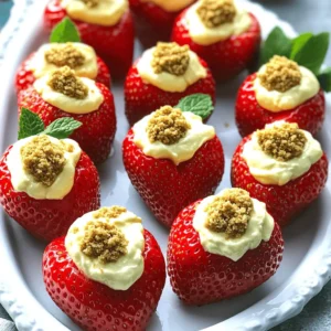 To make delicious Cheesecake Deviled Strawberries, you will need the following ingredients: - 12 large, ripe fresh strawberries - 8 oz cream cheese, softened to room temperature - 1/4 cup powdered sugar, sifted - 1 teaspoon pure vanilla extract - 1/4 cup graham cracker crumbs, plus extra for garnish - Zest of 1 medium lemon - Pinch of fine sea salt - Fresh mint leaves, for garnish (optional) These ingredients combine to create a sweet, creamy filling that perfectly complements the juicy strawberries. The cream cheese gives a rich taste, while the lemon zest adds brightness. The graham cracker crumbs give a nice crunch, just like a classic cheesecake crust. Each strawberry becomes a little bite of joy! By using ripe strawberries, you ensure that each bite bursts with flavor. It’s important to use softened cream cheese. This helps create a smooth filling that blends well. The powdered sugar sweetens the mix without being too overpowering. The vanilla extract adds a warm, inviting flavor. If you want to impress your guests or family, these Cheesecake Deviled Strawberries will do the trick. They are not just tasty; they look fantastic too! For the full recipe, check out the instructions to make this delightful treat at home. - Rinse and dry the strawberries. - Cut off the green tops. - Hollow out the insides. To prepare the strawberries, start by rinsing them under cold water. Make sure to dry them gently with a clean paper towel. Next, cut off the green tops. This step helps you access the insides easily. Now, hollow out the inside of each strawberry. Use a small paring knife or a melon baller for this. Be careful not to break the outer sides. You want them to hold their shape well. - Combine cream cheese and sugar. - Add vanilla, lemon zest, and salt. - Blend until smooth. In a medium bowl, combine the softened cream cheese and sifted powdered sugar. Mix these well. Then, add pure vanilla extract, lemon zest, and a pinch of salt. These ingredients add great flavor. Use an electric hand mixer or whisk to blend until the filling is smooth. A creamy texture makes it taste like real cheesecake. - Fold in graham cracker crumbs. - Use piping bag or spoon to fill. Next, fold in the graham cracker crumbs. This gives your filling a delightful crunch. Now, transfer the cheesecake filling into a piping bag with a large round tip. If you don't have a piping bag, a small spoon works too. Fill each hollow strawberry with the cheesecake mixture. Make sure to fill them generously for the best taste. Once filled, arrange the strawberries on a nice serving platter. You can sprinkle some extra graham cracker crumbs on top for a fun touch. Enjoy your cheesecake deviled strawberries! For the full recipe, check out the details above. To hollow your strawberries without breaking them, start with firm berries. Hold the berry gently in one hand. Use a small paring knife or a melon baller for this task. Cut a circle around the top, then scoop out the insides. Be careful not to poke through the sides. This keeps the strawberries intact for filling. You can also use a small spoon if you find that easier. Room temperature cream cheese is key for a smooth filling. Cold cream cheese will clump and not mix well. Let it sit out for about 30 minutes before using. When mixing, use a hand mixer or a whisk. Mix until the filling is creamy and smooth. This makes each bite taste just like cheesecake! For a beautiful serving platter, arrange the filled strawberries in a circle or a line. This makes them easy to grab. Sprinkle extra graham cracker crumbs on top for a fun crunch. For a pop of color, add fresh mint leaves around the strawberries. This not only looks nice but adds a fresh taste too. These tips help you make delightful cheesecake deviled strawberries. Follow them to impress your guests with this fun dessert! {{image_4}} You can play with flavors in cheesecake deviled strawberries. One fun choice is chocolate cheesecake filling. Just mix cocoa powder into the cream cheese blend. This adds a rich, chocolatey taste that pairs well with strawberries. Another idea is to add fruit toppings. You can use fresh blueberries or raspberries on top. These fruits not only add color but also enhance the flavor. Try mixing them into your cream cheese filling for a fruity twist! If you need gluten-free options, look for gluten-free graham crackers. Many brands offer these, so you don’t miss out on the classic crust flavor. For dairy-free diets, use dairy-free cream cheese. There are many great brands available that mimic the taste and texture of regular cream cheese. This way, everyone can enjoy your cheesecake deviled strawberries. Seasonal fruits can take your strawberries to the next level. In summer, add peach or mango chunks for a tropical taste. In fall, try pumpkin spice flavoring for a warm twist. For holidays, get creative with your presentation. Use red and green toppings for Christmas or pastel colors for Easter. You can even shape strawberries like hearts for Valentine’s Day. For more ideas, check out the Full Recipe for cheesecake stuffed strawberries. To keep your cheesecake deviled strawberries fresh, store them in the fridge. Place them in a single layer, using a shallow container. This helps prevent them from getting squished. Cover the container with plastic wrap or a lid to avoid any strong odors from the fridge. If you have leftover filling, store it in an airtight container. You can use it for other snacks or desserts later. These tasty treats can be stored in the fridge for 1 to 2 days. After that, they may start to lose their freshness. Always check for signs of spoilage, like a change in color or an off smell. If the strawberries become mushy or the filling separates, it’s best to toss them. Fresh is always best! You can freeze cheesecake deviled strawberries, but it’s not ideal. Freezing can change their texture. If you choose to freeze, do so before filling them. Use a freezer-safe container, and pack the strawberries in a single layer. When ready to enjoy, let them thaw in the fridge. Fill them with the cheesecake mixture just before serving for the best taste and texture. Cheesecake deviled strawberries are a tasty dessert. They are fresh strawberries filled with a creamy cheesecake mixture. The filling has cream cheese, sugar, and vanilla. It tastes like cheesecake but in a fun, bite-sized form. This dessert is great for parties or family gatherings. Making cheesecake deviled strawberries takes about 15 minutes. This includes washing, filling, and arranging the strawberries. It’s a quick dessert that looks fancy but is easy to make. Yes, you can make cheesecake deviled strawberries ahead of time. Fill the strawberries a few hours before serving. Keep them in the fridge until you are ready to serve. This way, they stay fresh and tasty. If you need a substitute for cream cheese, try using dairy-free cream cheese. You can also use Greek yogurt for a lighter option. These alternatives keep the creamy texture while changing the flavor slightly. The full recipe makes 12 servings. Each large strawberry is a single serving. This means everyone can enjoy a sweet treat! In this post, we explored how to create delightful cheesecake-filled strawberries. We covered the ingredients needed, step-by-step instructions for preparation, and tips for a perfect presentation. Remember, variations like chocolate filling can add a fun twist. Store extras correctly to keep them fresh. With these tips, you can impress friends or family. Enjoy making this tasty treat, and don’t be afraid to get creative!