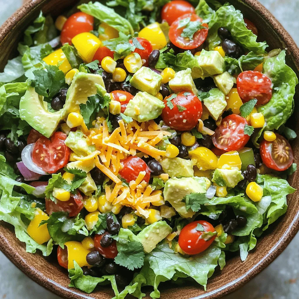 To make a Cowboy Salad, you need fresh and colorful ingredients. Here’s the full list: - 2 cups romaine lettuce, chopped - 1 cup cherry tomatoes, halved - 1 cup canned black beans, rinsed and drained - 1 cup corn kernels (fresh or canned) - 1 ripe avocado, diced - 1 cup bell peppers, diced - 1/2 red onion, finely chopped - 1/2 cup shredded cheddar cheese - 1/4 cup fresh cilantro, chopped - 1/4 cup extra virgin olive oil - 2 tablespoons freshly squeezed lime juice - 1 teaspoon cumin powder - Salt and freshly cracked pepper to taste - 1/2 cup tortilla chips, crushed Each ingredient brings its flavor and texture. The romaine lettuce serves as a crunchy base. Cherry tomatoes add sweetness and color. Black beans give protein and earthiness. Corn adds sweetness, while avocado brings creaminess. Bell peppers add a nice crunch. Red onion gives a little bite. Cheese adds richness. Cilantro brightens the dish. Lastly, the tortilla chips offer a fun crunch on top. Using fresh ingredients makes the salad vibrant and tasty. You can also mix and match based on what you have at home. For the complete Cowboy Salad recipe, check out the Full Recipe. 1. Start by layering the romaine lettuce in a large salad bowl. This makes a nice base. 2. Next, distribute the cherry tomatoes, black beans, and corn over the lettuce. This adds color and flavor. 3. Now, add the diced avocado, bell peppers, and red onion on top. These ingredients make the salad fresh and crunchy. 1. In a small bowl, whisk together the olive oil, lime juice, cumin, salt, and pepper. This dressing gives the salad a zesty kick. 1. Drizzle the dressing over the salad and toss gently. Be careful not to mash the avocado. 2. Finally, top the salad with shredded cheese, chopped cilantro, and crushed tortilla chips. This will create a delightful crunch and make it look beautiful. For the full recipe, check out the detailed instructions above! Enjoy your Cowboy Salad! - Store leftovers in an airtight container. - Use a glass or plastic container for easy stacking. - Keep salad dressing separate to maintain freshness. - Always refrigerate to keep ingredients crisp. - Pair Cowboy Salad with grilled chicken for extra protein. - Serve it alongside tacos for a fun meal. - Garnish with extra lime wedges for a zesty touch. - Add a sprinkle of chili powder for a kick. - If you dislike avocados, try using hummus for creaminess. - Swap cheddar cheese with a vegan cheese option. - For a nutty flavor, add sunflower seeds instead of cheese. - Use chickpeas instead of black beans for a different twist. You can find the Full Recipe of Cowboy Salad for more details. {{image_4}} You can boost the protein in your Cowboy Salad. Adding grilled chicken makes it hearty and filling. Just slice the chicken and toss it in. If you want a meatless option, try tofu. Simply cube it and pan-sear until golden. Shrimp is another tasty choice. Cook them with a bit of seasoning, then mix them in. These options make the salad more satisfying. Don’t be shy to change the flavors! You can use different dressings to keep things fresh. A honey mustard dressing adds a sweet kick. For a zesty twist, try a chipotle dressing. You can also add spices like paprika or chili powder for heat. Experimenting with dressings and spices can elevate your Cowboy Salad to new heights. Using seasonal ingredients can make your salad even better. In spring, add fresh peas or asparagus for a crunch. Summer is great for juicy fruits like peaches or strawberries. In fall, roasted squash or apples add warmth. Winter might call for hearty greens like kale. Adapting the salad to the season keeps it exciting and fresh. Each serving of Cowboy Salad has about: - Calories: 300 - Protein: 10 grams - Fat: 18 grams - Carbohydrates: 30 grams This salad packs a punch with fresh flavors and crunchy textures. You get healthy fats from avocados and cheese, plus fiber from beans and veggies. Cowboy Salad is not just tasty; it has many health perks: - Avocados: Great for heart health. They contain good fats and vitamins. - Beans: High in fiber and protein. They help you feel full longer. - Greens: Leafy greens boost your immune system. They are rich in vitamins A and C. These ingredients work together to support your overall health, making this salad a smart choice. Cowboy Salad is perfect for many diets: - Gluten-free: All ingredients are naturally gluten-free. - Vegetarian: The salad uses no meat or animal products. - Vegan: You can skip the cheese for a vegan option. This salad fits a variety of dietary needs, making it a great meal for everyone. For the full recipe, check out the Cowboy Salad section. Cowboy Salad is a hearty dish that blends fresh veggies and bold flavors. It often features ingredients like romaine lettuce, black beans, corn, and avocado. This salad has roots in Western cuisine, inspired by the flavors of the American Southwest. It reflects the rugged yet vibrant lifestyle of cowboys, who valued both nourishment and taste. The mix of colors and textures makes it fun and appealing to eat. Yes, you can make Cowboy Salad ahead of time. It is great for meal prep. Just cut and store the veggies in the fridge. Keep the dressing separate until you are ready to eat. This helps the salad stay fresh and crunchy. You can prep it a day in advance for a quick lunch or dinner. A simple olive oil and lime dressing works best with Cowboy Salad. You can whisk together olive oil, lime juice, cumin, salt, and pepper. This dressing adds a zesty kick that enhances the flavors. For a creamier option, try ranch or a yogurt-based dressing. Both choices complement the salad well. To make Cowboy Salad more filling, add protein. Grilled chicken, shrimp, or tofu are great options. You can also include quinoa or brown rice for extra carbs. Adding nuts or seeds can boost the texture too. These additions will turn your salad into a complete meal. For the full recipe, check out the Cowboy Salad details. Cowboy salad combines fresh ingredients into a delicious and healthy dish. We covered everything from the basic ingredients to preparation steps and variations. You can enjoy this salad any time of the year. With ideas for storage, protein additions, and dietary options, you can customize it to fit your needs. This salad is easy to make and full of flavor. Try it out and enjoy the many benefits it offers. You’ll find it satisfying and fun to share with friends and family.