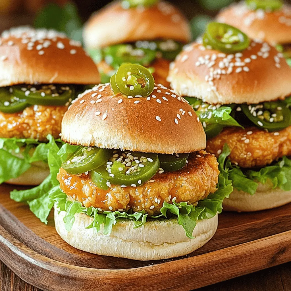 To make these tasty sliders, you need: - 1 pound ground chicken - 1/4 cup green onion, finely chopped - 1/4 cup breadcrumbs - 1 egg, beaten - 1 teaspoon garlic powder - 1 teaspoon onion powder - 1 teaspoon paprika - Salt and freshly ground black pepper to taste - 1/2 cup mayonnaise - 2 tablespoons sweet chili sauce - 1 tablespoon sriracha (adjust according to your heat preference) - Slider buns - Crisp lettuce leaves for topping - Pickled jalapeños for garnish (optional) These ingredients blend well. They create a juicy patty and a rich sauce. Each bite will burst with flavor and delight. You can add more to your sliders! Here are some great options: - Sliced tomatoes - Avocado slices - Shredded carrots - Fresh cilantro - Extra Bang Bang sauce on top These toppings add freshness and crunch. They can also add colors to your plate. If you have allergies or preferences, here are some swaps: - Use turkey instead of chicken for a leaner option. - Substitute gluten-free breadcrumbs for a gluten-free option. - Swap mayonnaise for Greek yogurt for a lighter sauce. - Use lettuce wraps instead of buns for a low-carb meal. These swaps keep the dish delicious. You can still enjoy your Bang Bang Chicken Sliders while meeting your needs. For the full recipe, check out the detailed instructions. Start by gathering your ingredients in a large bowl. Combine 1 pound of ground chicken with 1/4 cup of finely chopped green onion and 1/4 cup of breadcrumbs. Add 1 beaten egg, 1 teaspoon of garlic powder, 1 teaspoon of onion powder, and 1 teaspoon of paprika. Season with salt and freshly ground black pepper to taste. Mix everything well with your hands or a spoon until it's evenly combined. Next, shape the mixture into small patties. Aim for about 8 patties, each about 2 inches wide. Heat a non-stick skillet over medium heat. Drizzle in a bit of oil to prevent sticking. Place the patties in the skillet, cooking each side for 4-5 minutes. They should turn golden brown and reach an internal temperature of 165°F (75°C). While the patties cook, whip up the Bang Bang sauce. In a small bowl, mix together 1/2 cup of mayonnaise, 2 tablespoons of sweet chili sauce, and 1 tablespoon of sriracha. Adjust the sriracha for your spice level. Once the patties are cooked, take slider buns and spread the Bang Bang sauce on the bottom half. Add a warm chicken patty and a crisp lettuce leaf. If you like heat, top with pickled jalapeños. Place the top half of the bun on and press gently. Serve warm for the best taste! To cook chicken patties just right, use a non-stick skillet. Preheat the skillet on medium heat. Add a little oil to keep the patties from sticking. Place the shaped patties in the skillet without crowding them. Cook for 4-5 minutes on each side. Look for a golden-brown crust and check the internal temperature. It should reach 165°F (75°C). This step ensures juicy and tasty patties. Making Bang Bang sauce is simple and fun. In a small bowl, mix 1/2 cup mayonnaise, 2 tablespoons sweet chili sauce, and 1 tablespoon sriracha. Adjust the sriracha to fit your heat level. Whisk it all together until smooth. This sauce adds a creamy and spicy kick to your sliders. You can store any extra sauce in the fridge for later use. Seasoning is vital for great taste. Use garlic powder, onion powder, and paprika in the chicken mix. These spices give depth to the flavor. You can also add a pinch of cayenne for some heat. Don’t forget salt and freshly ground black pepper to taste. These little touches make a big difference. Experiment with your favorite spices to create your unique twist. For the full recipe, refer to the [Full Recipe]. {{image_4}} You can make a tasty vegetarian version of Bang Bang sliders. Use chickpeas or black beans instead of chicken. Mash them up and mix with breadcrumbs, green onions, and spices. For a vegan alternative, swap the egg for a flaxseed meal or a commercial egg replacer. Both options keep the sliders hearty and full of flavor. Bang Bang sauce is the star of this dish. You can change its taste easily. Try adding more sriracha for a hotter kick. Or, mix in lime juice for a zesty twist. Want it sweeter? Add honey or agave syrup. You can even switch the mayo for Greek yogurt for a lighter touch. Slider size can change your meal. For smaller bites, make mini sliders about 1 inch wide. They are perfect for parties! Serve them with toothpicks for easy eating. If you want a bigger meal, opt for regular-sized patties. Pair your sliders with crispy fries or a fresh salad for a complete feast. For a fun touch, serve sliders on a platter with dipping sauces. This makes it a fun sharing experience. I love sharing my Bang Bang Chicken Sliders at gatherings. You can find the Full Recipe and make this delicious meal today! To keep your leftover sliders fresh, place them in an airtight container. Store them in the fridge. They will last for about 2-3 days. Make sure each slider is cool before packing. This helps prevent sogginess. When you are ready to eat the leftovers, reheat them in the oven. Preheat your oven to 350°F (175°C). Place the sliders on a baking sheet and cover with foil. Heat for about 10-15 minutes. This keeps the buns soft and the chicken warm. You can also microwave them. Heat for 30 seconds, check, then heat in 15-second bursts until warm. If you want to save time, freeze the chicken patties. After cooking and cooling, place them in a single layer on a baking sheet. Freeze for 1-2 hours until firm. Then, transfer them to a freezer bag. They can last up to 3 months. When ready to use, thaw in the fridge overnight. Cook as directed in the Full Recipe for a quick meal. Bang Bang Chicken Sliders are mini sandwiches filled with tasty chicken patties. They burst with flavor from spices and a creamy sauce. The sliders combine ground chicken, herbs, and seasoning for a juicy bite. You serve them on soft buns, topped with crunchy lettuce and a zesty sauce. These sliders are perfect for parties or casual dinners. To add more heat, increase the sriracha in the sauce. You can also mix in red pepper flakes or cayenne pepper into the chicken mixture. If you like, add pickled jalapeños on top for a spicy crunch. Adjust the spice level to match your taste. Yes, you can make the chicken patties ahead of time. Shape them and store them in the fridge for up to a day. You can also freeze them for later. Just thaw them before cooking. This makes meal prep easy and quick. Great sides for Bang Bang Chicken Sliders include crispy fries or sweet potato wedges. You can also serve a fresh green salad or coleslaw for a crunchy contrast. For something different, try serving them with veggie sticks and dip. To make more sliders, simply double or triple the ingredients. Use a larger bowl to mix everything well. Keep an eye on the cooking time, as you may need to cook in batches. This way, everyone can enjoy delicious Bang Bang Chicken Sliders. For the full recipe, check the detailed instructions above. Bang Bang Chicken Sliders are easy and fun to make. We’ve covered the main ingredients, cooking steps, and tasty variations. You can add toppings or try vegan options. Storing and reheating leftovers keeps your sliders fresh. Experiment with different sauces and serving ideas to find your favorite. Enjoy creating these sliders with family or friends. You will impress everyone with your cooking skills!