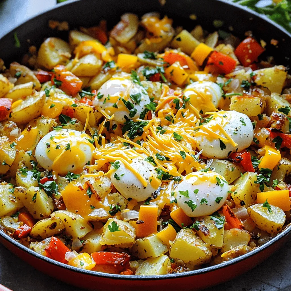 To make this tasty dish, you'll need the following ingredients: - 2 medium potatoes, peeled and diced into small, uniform cubes - 1 cup mixed bell peppers (red, green, yellow), chopped - 1 small onion, finely chopped - 2 cloves garlic, minced - 4 large eggs - 1 cup cooked ground turkey or chicken sausage (optional) - ½ cup shredded cheddar cheese - 2 tablespoons olive oil - Salt and freshly ground black pepper to taste - Fresh parsley, chopped for garnish - ½ teaspoon smoked paprika - ½ teaspoon chili powder You can swap some ingredients to fit your taste or dietary needs. Here are a few ideas: - Potatoes: Use sweet potatoes for a sweeter flavor or hash browns for a quicker prep. - Bell Peppers: Try zucchini or spinach for a different veggie boost. - Onions: Shallots or green onions can add a nice twist. - Sausage: Use plant-based sausage for a vegetarian option or skip it for a lighter dish. - Cheese: Swap cheddar for feta or omit it for a dairy-free version. This loaded breakfast hash serves four people. Here’s a quick look at the nutrition: - Calories: Approximately 350 per serving - Protein: About 20 grams per serving - Carbohydrates: Roughly 30 grams per serving - Fat: Around 15 grams per serving - Fiber: Approximately 4 grams per serving Knowing the nutritional details can help you make smart choices. If you want to learn more about the Full Recipe, check it out for all the cooking steps! To make loaded breakfast hash, start with the potatoes. Peel and dice them into small cubes. This helps them cook evenly. Next, heat a large skillet over medium heat. Add one tablespoon of olive oil. Once hot, toss in the diced potatoes. Season them with salt, black pepper, smoked paprika, and chili powder. Cook for about 10-12 minutes, stirring often. Look for a golden brown color. After the potatoes are ready, add the chopped onion and mixed bell peppers. Stir them in and cook for another 5 minutes. You want them to soften up. If you like, you can add cooked ground turkey or chicken sausage now. Mix everything well. Next, make four small wells in the hash. Crack an egg into each well. Be careful not to break the yolks. Cover the skillet with a lid. Let the eggs cook for about 5-7 minutes. Check that the whites are set but the yolks are still runny, or cook longer if you prefer firmer yolks. Once the eggs are cooked to your liking, sprinkle the shredded cheddar cheese over the hash. Cover the skillet again for about one minute. You want the cheese to melt and bubble. Finally, take the skillet off the heat. Garnish the dish with fresh parsley and add more salt and pepper if needed. Sautéing is key in this recipe. It gives the potatoes a crispy texture and rich flavor. You should stir them often. This ensures even cooking and browning. Making wells for the eggs is also important. It helps keep the eggs in place and makes for a neat presentation. Covering the skillet traps heat and steam, cooking the eggs perfectly. To make this dish, you need a few tools. A large skillet is a must for sautéing. A spatula will help you mix the ingredients. You’ll also need a lid to cover the skillet while cooking the eggs. If you want to make serving easy, consider using a serving spoon. This will help you scoop out portions neatly. Following these steps will lead you to a delicious loaded breakfast hash. Don't forget to check out the Full Recipe for more details! To make the best loaded breakfast hash, follow these tips: - Cut Potatoes Uniformly: Dice potatoes into small cubes. This ensures they cook evenly. - Use Fresh Ingredients: Fresh vegetables and herbs boost flavor. Choose bright, colorful bell peppers and fresh parsley. - Sauté in Batches: If your skillet is small, cook in batches. This prevents steaming and promotes browning. - Don't Rush the Eggs: Let the eggs cook slowly. This makes sure the whites are firm and yolks creamy. Watch out for these common mistakes: - Skipping Seasoning: Always season your potatoes. Salt and spices enhance the dish's flavor. - Overcooking the Eggs: Keep an eye on the eggs. Overcooked yolks can ruin the texture. - Using Too Much Oil: Use just enough oil to coat the pan. Too much oil can make the dish greasy. - Not Covering the Skillet: Cover the skillet while cooking eggs. This helps the whites set evenly. To elevate your loaded breakfast hash, try these seasonings: - Smoked Paprika: Adds a rich, smoky flavor. - Chili Powder: Gives a slight kick of heat. - Fresh Herbs: Use chopped parsley or cilantro for freshness. - Hot Sauce: Drizzle on top for extra spice. Garnish with cheese right before serving. It melts beautifully and adds a creamy touch. Don't forget to check out the Full Recipe for more tips! {{image_4}} You can easily make a vegetarian version of loaded breakfast hash. Simply swap the meat for more vegetables. Try adding mushrooms, zucchini, or spinach for flavor and texture. Instead of eggs, use scrambled tofu for a vegan option. Season the tofu with turmeric for color and taste. This way, you keep the dish hearty and satisfying. Get creative by adding international flavors to your hash. For a Mexican twist, use black beans, corn, and jalapeños. Top it with avocado and salsa. If you prefer an Italian flair, mix in diced tomatoes, basil, and mozzarella cheese. Each variation brings new tastes and excitement to the dish. Seasonal ingredients can change the game for your loaded breakfast hash. In fall, add sweet potatoes and Brussels sprouts for a cozy touch. Spring is perfect for asparagus and peas. Summer calls for fresh tomatoes and corn. These seasonal variations not only boost flavor but also keep your meals fresh and fun. For the complete recipe, check out the Full Recipe section! To store leftover loaded breakfast hash, let it cool first. Place it in an airtight container. Keep it in the fridge for up to three days. Make sure it’s sealed well to avoid any odors. If you want to enjoy it later, freezing is a great option. To reheat your loaded breakfast hash, use a skillet on medium heat. Add a splash of olive oil to keep it moist. Stir the hash gently until it's heated through. This method helps keep the flavors fresh and the texture nice. You can also use the microwave. Just cover it with a damp paper towel to retain moisture. Heat in short bursts, stirring in between. If you want to freeze loaded breakfast hash, cool it completely first. Divide it into portions and place in freezer bags. Squeeze out as much air as possible before sealing. Label the bags with the date. It can last for up to three months in the freezer. When ready to eat, thaw overnight in the fridge and reheat as mentioned. This way, you’ll have a quick meal ready anytime. For the full recipe, check out the details above. You can swap potatoes with sweet potatoes or butternut squash. Both options add a hint of sweetness. Cauliflower works well too. Just chop it finely for quick cooking. You can also use quinoa for a grainy twist. Each choice gives a unique flavor and texture. To add spice, include diced jalapeños or crushed red pepper flakes. You can also use a hot sauce that you love. Another fun option is to add spicy sausage instead of regular. Adjust the amount based on your heat preference. Always taste as you go to find your perfect level. Yes, Loaded Breakfast Hash can be a healthy choice. It’s packed with veggies and protein from eggs and sausage. Use lean turkey sausage for fewer calories. You can also cut back on cheese to lower fat content. This dish gives you energy to start your day right. You learned how to make a great loaded breakfast hash. We covered ingredients, cooking steps, and variations. You now have tips for perfecting your dish and storing leftovers. Think about your own flavor twists or substitutions. Loaded breakfast hash is fun to make and share. Enjoy your cooking and let your creativity shine!