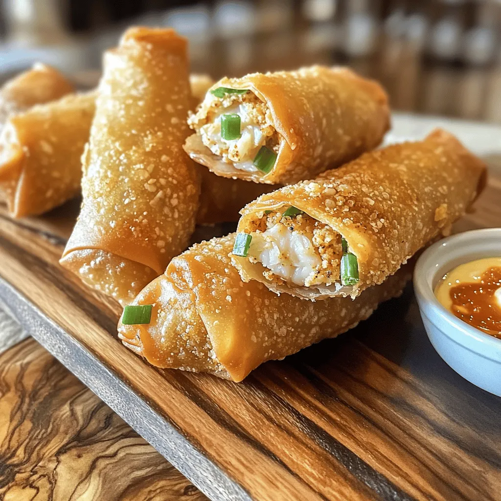 - 8 oz lump crab meat - 1/4 cup plain breadcrumbs - 1/4 cup mayonnaise - 1 tablespoon Dijon mustard - 1 tablespoon Worcestershire sauce - 1 teaspoon fresh lemon juice - 1/2 teaspoon Old Bay seasoning - 1/4 teaspoon freshly ground black pepper - 1 green onion, finely chopped - 8 egg roll wrappers - Vegetable oil, for frying The star of this dish is the lump crab meat. It gives the egg rolls that sweet, briny taste. You want to use good quality crab meat. The breadcrumbs help bind the mixture, while mayonnaise adds creaminess. Dijon mustard and Worcestershire sauce bring depth and tang. Fresh lemon juice brightens it up, and Old Bay adds a classic seafood flavor. Green onion adds a nice crunch and fresh taste. - Dipping sauces - Garnishes Dipping sauces can elevate your crab cake egg rolls. Consider sweet chili sauce for a sweet kick or a spicy aioli for a zesty touch. You can also use a simple soy sauce. For garnishes, thinly sliced green onions or sesame seeds add flair to your dish. - Mixing bowl - Skillet for frying You will need a large mixing bowl to combine the crab mixture. A skillet is essential for frying the egg rolls. Make sure it is deep enough to hold the oil. This way, you can achieve that perfect crispy texture everyone loves. For the full recipe, check out the Crab Cake Egg Rolls guide. Mixing the crab mixture In a large bowl, gently mix 8 oz of lump crab meat with 1/4 cup plain breadcrumbs. Add 1/4 cup mayonnaise, 1 tablespoon Dijon mustard, and 1 tablespoon Worcestershire sauce. Squeeze in 1 teaspoon fresh lemon juice. Sprinkle 1/2 teaspoon Old Bay seasoning and 1/4 teaspoon freshly ground black pepper into the bowl. Finally, add 1 chopped green onion. Mix carefully to keep the crab meat in chunks. Ensuring the right texture The key to great crab cakes is the texture. You want some lumps in the crab mixture. This keeps the filling from being too dense. If you mash it too much, the egg rolls will not be as tasty. Folding techniques Take an egg roll wrapper and place it on a flat surface. Position one corner facing you. Spoon about 2 tablespoons of the crab mixture into the center. Fold the bottom corner over the filling. Next, fold in the sides to secure the filling. Roll the wrapper tightly away from you to form the egg roll. Sealing the edges To seal, use a bit of water on your finger. Dampen the edges of the wrapper to help it stick. This step is crucial to keep the filling inside while frying. Repeat with the rest of the wrappers and filling. Oil temperature tips In a skillet, heat about one inch of vegetable oil over medium-high heat. The oil is ready when it shimmers. Check this by dropping a small piece of the wrapper in. If it sizzles, the oil is hot enough. Cooking time for optimal crunchiness Carefully place the egg rolls in the hot oil. Don't overcrowd the pan. Fry each side for 3 to 4 minutes. Look for a golden-brown color. This means they are perfectly crispy. Once done, use a slotted spoon to remove them from the oil. Let them drain on a paper towel to absorb extra oil. Enjoy your crab cake egg rolls warm with a tasty dipping sauce! For the full recipe, check out the earlier sections. To keep crab meat nice and chunky, gently mix it. I like to use my hands. This way, I can feel the texture. Avoid breaking up the meat too much. The lumps add a tasty bite. When mixing, add the breadcrumbs and seasonings slowly. This keeps the crab from getting mushy. Use a light touch. You want to blend the flavors without losing the crab's natural shape. Fry in small batches. This lets each egg roll cook evenly. If you crowd the pan, they will steam instead of fry. Frying should take about 3-4 minutes on each side. Manage your oil temperature. Heat it until it shimmers. If the oil is too hot, the outside burns before the inside cooks. If it’s too cool, your egg rolls won’t crisp up right. Dipping sauces can make a meal shine. I love sweet chili sauce for its balance of heat and sweetness. A zesty spicy aioli also pairs well, giving a creamy kick. For a great look, arrange the egg rolls on a platter. Place small bowls of sauce around them. Garnish with thinly sliced green onions or sesame seeds. This adds a pop of color and makes the dish inviting. For the full recipe, check out the details above. {{image_4}} You can add a kick to your crab cake egg rolls. Just mix in some jalapeños or a splash of sriracha. These spicy additions bring bold flavor. The heat balances the sweetness of the crab. If you enjoy spice, this is the way to go. You can also serve them with spicy dipping sauces for extra heat. Not everyone eats crab, and that's okay! You can make a great vegetarian egg roll. Try using a mix of vegetables like mushrooms, corn, and bell peppers. Add cream cheese for a rich texture. This way, you keep the crunch and flavor without crab. Everyone can enjoy a tasty egg roll, no matter their diet. You can cook your crab cake egg rolls in different ways. Frying is the classic method, giving a crispy outside. But baking is a healthier option. If you choose to bake, preheat your oven to 400°F. Brush the rolls with a little oil. Bake for about 20-25 minutes until golden brown. If you have an air fryer, use it for a quick and easy option. Preheat your air fryer to 375°F. Place the egg rolls in a single layer. Cook for about 10-12 minutes, flipping halfway through. The result is crispy and less oily. You get a crunchy treat with less mess. For the full recipe, check out [Full Recipe]. To keep your leftover egg rolls fresh, use these tips: - Refrigeration tips: Place your egg rolls in an airtight container. They can last in the fridge for 3 to 4 days. Make sure they cool down before sealing to avoid moisture buildup. - Freezing instructions: For longer storage, freeze egg rolls. Wrap each one in plastic wrap and then place in a freezer bag. They last up to 3 months in the freezer. When ready to eat, let them thaw in the fridge overnight. To enjoy your egg rolls again, follow these reheating tips: - Best methods for keeping crispiness: Use an oven or air fryer. Preheat your oven to 375°F (190°C). Bake for about 10-15 minutes until hot and crispy. - Avoiding sogginess: Avoid the microwave. It makes egg rolls soft. Instead, use a skillet over medium heat for a few minutes. This keeps the outside crunchy. Knowing how long your egg rolls stay fresh is key: - Shelf life in the fridge: In the fridge, your egg rolls are good for about 3-4 days. After that, they may lose taste and texture. - Signs of spoilage: Check for any off smells, changes in color, or a slimy texture. If you notice any of these signs, it's best to toss them out. Enjoy your crab cake egg rolls while they're fresh! For the full recipe, refer to the section above. You can prepare crab cake egg rolls in advance. First, make the filling and roll the egg rolls. Place them on a baking sheet lined with parchment paper. Cover the sheet with plastic wrap and store it in the fridge. You can keep them for up to one day. When you're ready to cook, heat oil in a skillet. Fry the egg rolls from the fridge without thawing. This helps them stay crispy. Yes, you can use canned crab meat. Canned crab meat is convenient and saves time. It can work well if you drain it properly. However, fresh crab meat has better flavor and texture. Canned crab may also have a softer texture. If you prefer a firmer bite, go for fresh crab. Several sauces go great with crab cake egg rolls. Here are a few popular choices: - Sweet Chili Sauce: This sauce adds a nice sweetness. - Zesty Spicy Aioli: Mix mayonnaise with sriracha for a creamy kick. - Tartar Sauce: A classic that complements seafood well. - Soy Sauce: For a simple and salty option. You can easily make your own dipping sauces at home. Many restaurants serve crab cake egg rolls. Look for seafood spots or Asian fusion restaurants. They often have unique twists on this dish. For takeout, try local seafood markets or specialty shops. Some grocery stores may even carry them in their frozen aisle. You can also find crab cake egg rolls at food festivals or local fairs. Enjoy exploring different flavors! In this post, we explored the tasty world of crab cake egg rolls. We discussed main and optional ingredients, along with equipment you'll need. I shared step-by-step instructions for preparing filling, rolling, and frying for the perfect crunch. You learned useful tips for handling crab and serving ideas. Plus, we covered variations, storage, and reheating methods. Remember, these egg rolls can bring joy to any meal. Get creative with your fillings and sauces. Enjoy making these delicious bites!
