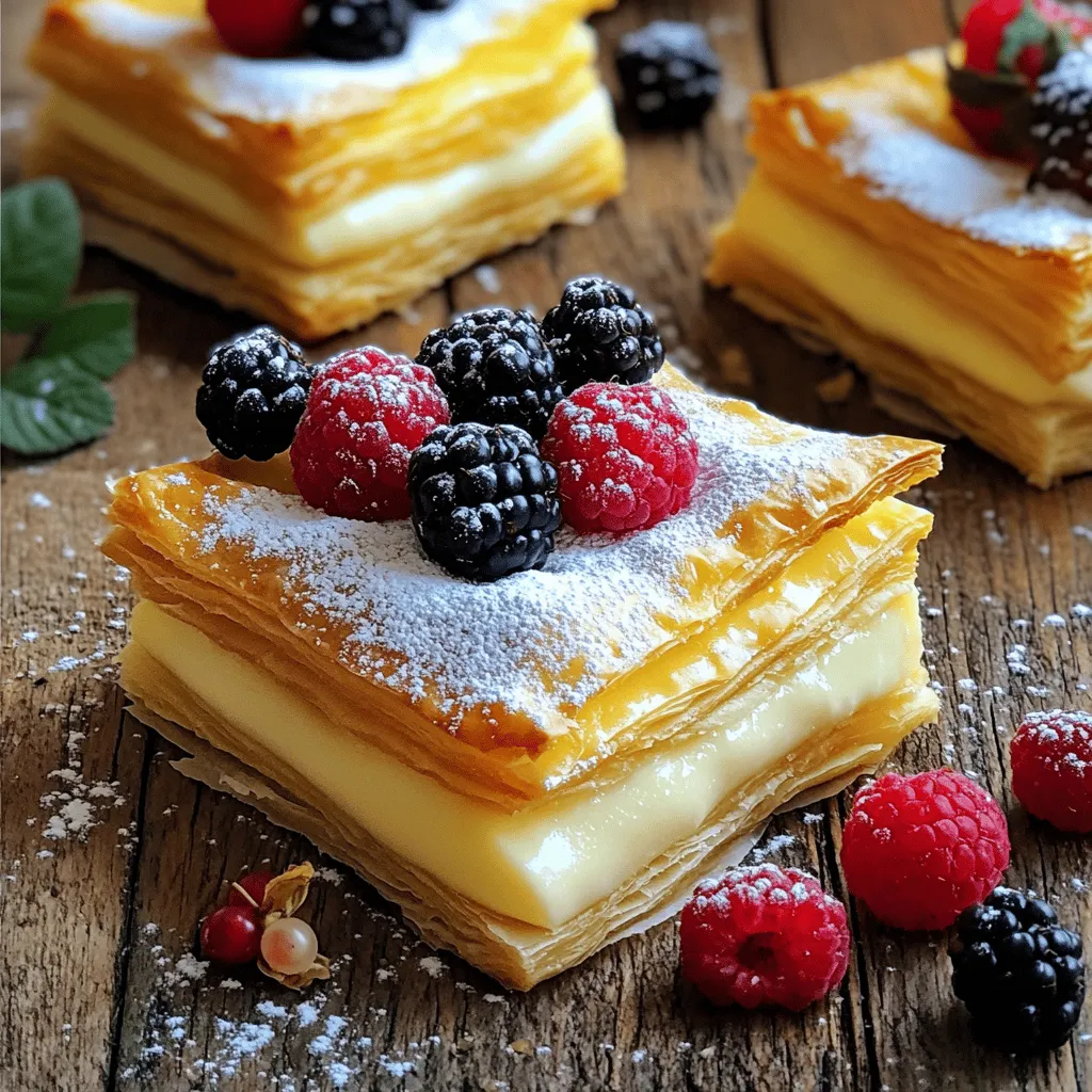 To make Puff Pastry Vanilla Custard Cream Squares, we need a few key ingredients. Each one plays a big role in creating the rich flavors and textures. - Puff Pastry - Vanilla Custard Components - 2 cups whole milk - 1/2 cup granulated sugar - 3 large egg yolks - 1/4 cup cornstarch - 1 tablespoon vanilla extract - 1 tablespoon unsalted butter - Garnishing Options - Powdered sugar for dusting - Fresh berries for garnish (optional) Puff pastry serves as a light, flaky base. The vanilla custard gives it a creamy, sweet filling. You can dust the tops with powdered sugar for a pretty finish. Fresh berries add a colorful touch and a burst of flavor. Getting these ingredients right makes a huge difference. Each one creates a perfect bite of this delightful treat. For the full recipe, check out the details above. Preheat the Oven: First, set your oven to 400°F (200°C). This heat gives the pastry a nice rise. While it warms, line a baking sheet with parchment paper. This step helps keep the pastry from sticking. Prepare the Puff Pastry: Next, take your thawed puff pastry. Place it on a lightly floured surface. Roll it out gently to flatten any creases. Cut the pastry into a grid of 3x3 squares. You will have nine pieces. Transfer these squares carefully to your prepared baking sheet. Techniques for Proper Baking: To keep the squares from puffing too much, use a fork to pierce each square several times. This allows steam to escape. Bake them for about 15-20 minutes. Look for a golden brown color and a crispy texture. Cooling Process: After baking, remove the squares from the oven. Let them cool on the baking sheet. Cooling helps them stay crisp, which is key for your dessert. Heating the Milk: Pour 2 cups of whole milk into a medium saucepan. Heat it over medium heat. Watch closely and stop just before it boils. You want it steaming but not bubbling. Combining and Tempering Ingredients: In a bowl, whisk together 3 egg yolks, 1/2 cup sugar, and 1/4 cup cornstarch. Mix until smooth. Gradually add a bit of the hot milk while whisking. This process is called tempering. It helps the eggs warm up without cooking. Keep adding milk until it’s all mixed in. Assembling the Squares: After cooling the custard slightly, slice each puff pastry square in half. You now have a top and bottom. Spoon the vanilla custard onto the bottom half. Be generous with the custard. Then, gently place the top half back on. Dusting and Garnishing Tips: Finally, dust the tops of your squares with powdered sugar. This adds a sweet touch and looks pretty. For extra color, add fresh berries on top. They make your treat look even better and add a burst of flavor. For the complete recipe, remember to check the Full Recipe. To make puff pastry shine, avoid common mistakes. Here are some key points: - Don't skip chilling: Always chill the dough between rolling. This keeps the butter firm, making your pastry flaky. - Avoid overworking: Handle the pastry gently. Too much kneading can make it tough. When rolling, use the right technique. Start in the middle and roll outward. Rotate the dough to keep an even thickness. Aim for a 1/8-inch thickness, which will puff nicely. Getting the custard just right is crucial for your squares. - How to check thickness: When whisking, the custard should coat the back of a spoon. If it runs off too easily, it needs more time. - Adjusting sweetness: Taste the custard before cooling. If it’s not sweet enough, add a bit more sugar while it’s warm. Remember, it will taste less sweet once cold. Presentation matters! Here’s how to make your squares look great: - Serving suggestions: Place your squares on a fancy plate. This can elevate the dish and impress guests. - Creative garnishing ideas: Fresh berries add color and flavor. You can also use a drizzle of berry coulis for flair. A sprinkle of powdered sugar will make them look festive. These tips will help you create stunning Puff Pastry Vanilla Custard Cream Squares that taste as good as they look! For the complete recipe, check the [Full Recipe]. {{image_4}} You can switch things up with your Puff Pastry Vanilla Custard Cream Squares. Here are two tasty options: - Chocolate Custard Option For a rich chocolate flavor, use cocoa powder. Mix in 1/2 cup of unsweetened cocoa powder with the egg mixture. This change gives a deep, sweet taste to your custard. It pairs well with the flaky pastry. - Fruit-Infused Custard Alternatives To add fruit flavors, try using pureed fruits. You can use berries, mango, or even citrus. Add 1/2 cup of fruit puree to the custard after cooking. This will brighten up the squares with fresh taste and color. If you have dietary needs, you can still enjoy these squares! Here are some options: - Gluten-Free Puff Pastry Look for gluten-free puff pastry at your local store. Brands like Schar or Whole Foods offer good choices. Just follow the same steps as with regular puff pastry. Your treat will still be flaky and delicious! - Vegan Custard Recipe To make a vegan custard, swap the milk and eggs. Use almond milk or oat milk instead of whole milk. For the egg yolks, mix 1/4 cup of cornstarch with 1/2 cup of cold water. Heat this mix until thick, then add vanilla. This will create a smooth vegan custard. These variations allow everyone to enjoy the Puff Pastry Vanilla Custard Cream Squares. Whether you choose chocolate or fruit, your squares will still be a hit! For the full recipe, check out the [Full Recipe]. To keep your Puff Pastry Vanilla Custard Cream Squares fresh, store them in the fridge. Here’s how to do it: - Best Practices for Refrigeration: Allow the squares to cool completely before storing. This prevents condensation, which can make the pastry soggy. Place the squares in a single layer to avoid crushing. - Recommended Storing Containers: Use an airtight container. If stacking is necessary, place parchment paper between layers to keep them crisp. Freezing these squares can help you enjoy them later. Here’s how to freeze and reheat them: - How to Freeze the Squares: First, cool the squares completely. Then, wrap them tightly in plastic wrap, followed by aluminum foil. This double layer protects them from freezer burn. - Thawing and Reheating Tips: When you're ready to enjoy, thaw the squares in the fridge overnight. To reheat, place them in a preheated oven at 350°F (175°C) for about 10 minutes. This keeps the pastry flaky and warm. For the full recipe, refer to the earlier section on preparation and baking. What is Puff Pastry? Puff pastry is a flaky dough made of layers of butter and flour. When baked, it rises and puffs up, creating a light and airy texture. This dough is perfect for sweet and savory dishes alike. You can use it for tarts, pies, and pastries. Can I use store-bought custard? Yes, you can use store-bought custard to save time. It works well in these squares. Just make sure to choose a high-quality custard for the best flavor. Homemade custard, however, gives a richer taste and texture. How long do the squares take to bake? The squares take about 15-20 minutes to bake. You want them to be golden brown and crispy. Keep an eye on them so they don't burn. What is the total prep and cook time? The total prep and cook time is about 1 hour. You’ll spend around 30 minutes preparing the ingredients and baking the squares. The custard takes a bit longer to make and cool. What pairs well with vanilla custard cream squares? These squares pair well with fresh berries or a berry coulis. The tartness of the berries balances the sweet custard. You can also serve them with whipped cream for extra indulgence. Can I prepare these squares in advance? Yes, you can prepare the squares in advance. You can bake the puff pastry ahead of time and store it. Assemble them with custard just before serving for the best texture. We covered how to make delicious vanilla custard cream squares from start to finish. You learned the key ingredients, step-by-step preparation, and baking instructions. I shared tips for perfect puff pastry and custard consistency. You can also explore tasty variations and smart storage ideas. With a little practice, you can create these treats at home. Enjoy the process and impress yourself and others with your baking skills!