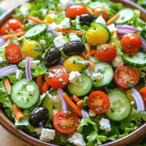 The Olive Garden Salad is simple yet packed with flavor. Here are the key ingredients: - 1 head of romaine lettuce, thoroughly washed and chopped - 2 cups of mixed salad greens (such as arugula, spinach, and spring mix) - 1 cup cherry tomatoes, halved for a juicy burst - 1/2 red onion, finely sliced for a mild bite - 1/2 cucumber, thinly sliced for a refreshing crunch - 1/2 cup pepperoncinis, sliced to add a tangy kick - 1/3 cup black olives, pitted and sliced for depth of flavor - 1/3 cup feta cheese, crumbled for a creamy texture - 1/3 cup shredded carrots for sweetness - 1/4 cup Italian dressing (either homemade or store-bought) - Salt and pepper to taste, enhancing the overall flavor - Fresh parsley, chopped for a fragrant garnish These ingredients create a colorful and tasty salad that pairs well with any meal. You can easily customize this salad to suit your taste. Here are some ideas: - Greens: Swap romaine for kale or iceberg lettuce. - Cheese: Use goat cheese or mozzarella instead of feta. - Veggies: Add bell peppers or radishes for extra crunch. - Nuts: Toss in some walnuts or almonds for a nutty flavor. - Protein: Grilled chicken or chickpeas can make it heartier. Feel free to get creative with what you have on hand. This salad is not just delicious; it's also nutritious. Here’s a breakdown of its benefits: - Low in Calories: The salad is light, making it great for weight management. - High in Fiber: The veggies contribute to your daily fiber intake. - Rich in Vitamins: Ingredients like tomatoes and greens provide essential vitamins. - Healthy Fats: The olives and feta cheese offer healthy fats that are good for you. With each bite, you get a mix of flavors and health benefits. Enjoy this fresh and flavorful delight! For the complete recipe, check out the Full Recipe section. To start, grab a big salad bowl. Add one head of chopped romaine lettuce. Then, mix in two cups of your favorite salad greens. This creates a fresh and crunchy base for your Olive Garden Salad. Next, let’s add some color. Toss in one cup of halved cherry tomatoes for a juicy burst. Then, add half a cucumber, sliced thin for a refreshing crunch. Don’t forget to include half a red onion, finely sliced for a mild bite. For a bit of spice, add half a cup of pepperoncinis and one-third cup of black olives. Now, let’s make it even better! Scatter one-third cup of crumbled feta cheese and one-third cup of shredded carrots on top. These add creaminess and sweetness. Drizzle a quarter cup of Italian dressing over the salad. Gently toss everything together until it’s well-mixed. Season with salt and pepper to taste. Finally, garnish with fresh parsley for a lovely touch. Serve immediately for the best taste. Enjoy your fresh and flavorful Olive Garden Salad! For the complete steps, check out the Full Recipe for more details. To keep your Olive Garden Salad fresh, start with clean ingredients. Always wash your greens well. Use romaine and mixed greens for a crunchy base. Chop them just before serving. This keeps them crisp and full of life. Store leftover greens in a sealed bag with a paper towel. The towel absorbs extra moisture, helping them stay fresh. Dressings make your salad pop with flavor. I recommend using Italian dressing for that classic taste. If you prefer, make your own with olive oil, vinegar, and herbs. Drizzle the dressing over the salad right before serving. This keeps everything light and fresh. Toss gently to coat all ingredients evenly. If you have leftover salad, store it in an airtight container. Keep the dressing separate to avoid soggy greens. Use the salad within a day or two for the best taste. When ready to eat, add fresh toppings like feta or parsley. This adds a burst of flavor and freshness. {{image_4}} You can change the flavor of your Olive Garden salad by using different dressings. Italian dressing is classic, but you can try others. A balsamic vinaigrette will add a sweet twist. Ranch dressing offers a creamy and rich taste. For a zesty kick, use a lemon vinaigrette. Each choice brings out different flavors in the salad. Need more sustenance? Add protein to your salad! Grilled chicken is a great option. It adds flavor and makes the salad filling. Shrimp or salmon can also work well. For a vegetarian choice, consider chickpeas or black beans. These proteins not only add nutrition but also enhance the texture. Using seasonal ingredients keeps your salad fresh and exciting. In spring, add fresh peas or asparagus. Summer is perfect for sweet corn or bell peppers. In fall, try roasted butternut squash or apples for sweetness. Winter brings hearty greens like kale or Brussels sprouts. These swaps keep the salad vibrant and packed with flavor year-round. - 1 head of romaine lettuce, thoroughly washed and chopped - 2 cups of mixed salad greens (such as arugula, spinach, and spring mix) - 1 cup cherry tomatoes, halved for a juicy burst - 1/2 red onion, finely sliced for a mild bite - 1/2 cucumber, thinly sliced for a refreshing crunch - 1/2 cup pepperoncinis, sliced to add a tangy kick - 1/3 cup black olives, pitted and sliced for depth of flavor - 1/3 cup feta cheese, crumbled for a creamy texture - 1/3 cup shredded carrots for sweetness - 1/4 cup Italian dressing (either homemade or store-bought) - Salt and pepper to taste, enhancing the overall flavor - Fresh parsley, chopped for a fragrant garnish 1. Prepare the Base: In a large salad bowl, mix the chopped romaine and the two cups of mixed greens. This creates a bright and colorful base. 2. Add Colorful Ingredients: Toss in the halved cherry tomatoes and thin cucumber slices. They add vibrant colors and a nice crunch. 3. Mix in Flavorful Components: Add the sliced red onion, pepperoncinis, and black olives. Stir these in well so every bite has a mix of great flavors. 4. Top with Creaminess: Sprinkle crumbled feta cheese and shredded carrots on top. These add creamy texture and sweetness to the salad. 5. Dress the Salad: Drizzle the Italian dressing over the mixture. Use salad tongs to gently toss everything together. This ensures all ingredients are coated well. 6. Season to Perfection: Add salt and pepper to your taste. This step is key to making all flavors pop. 7. Finish with Freshness: Garnish with chopped parsley. This adds a fresh touch and makes the salad look even better. 8. Serve and Enjoy: Serve the salad right away while it’s fresh and crunchy for the best taste. Prep Time: 15 minutes | Total Time: 15 minutes | Servings: 4-6 - Presentation Tips: To make it look nice, serve salad in individual bowls. Layer the ingredients for a colorful effect. A bit more feta or parsley on top can enhance the look. For the full recipe, check the top of this section. Olive Garden Salad stands out for its vibrant flavors and fresh ingredients. The mix of romaine lettuce and salad greens gives it a crisp base. Juicy cherry tomatoes and crunchy cucumbers add color and texture. The tangy pepperoncinis and rich black olives bring depth. Feta cheese adds creaminess and a salty kick. This salad is a perfect balance of flavors, making it a favorite. Yes, you can prepare Olive Garden Salad in advance. However, I recommend keeping some ingredients separate. Store the lettuce and greens in one container. Keep the tomatoes, cucumbers, and other toppings in separate containers. This helps maintain freshness and crunch. When ready to serve, combine everything and add the dressing. It will taste just as fresh as if you made it that day. Adapting Olive Garden Salad is easy. If you need a gluten-free option, check your dressing for gluten. You can also swap out feta for dairy-free cheese. To reduce sodium, use low-sodium olives and dressing. For a low-carb version, skip the carrots and olives. Want more protein? Add grilled chicken or chickpeas. This salad can fit many diets while still being delicious. In this article, we explored how to make Olive Garden Salad. We covered the key traditional ingredients, helpful substitutions, and their nutritional benefits. I shared step-by-step instructions to prepare the salad. Tips for freshness and flavor enhanced the dish, while variations offered fun options. Remember, this salad is flexible. You can adapt it to suit any taste or dietary need. Happy salad making!